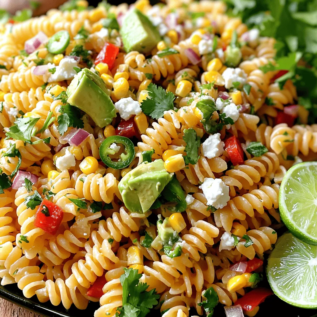 - 8 oz. fusilli pasta - 2 cups fresh corn kernels (or 1 can of corn, drained) - 1 red bell pepper, diced - 1 small red onion, finely chopped - 1 jalapeño pepper, minced - 1/2 cup fresh cilantro, chopped - 1/2 cup crumbled feta cheese - 1/4 cup mayonnaise - 2 tablespoons lime juice - 1 tablespoon chili powder - 1 teaspoon garlic powder - Salt and pepper to taste - 1 avocado, diced (for garnish) - Lime wedges for serving The ingredients for this Mexican Street Corn Pasta Salad bring joy to every bite. Each one adds its own flavor and texture. Fusilli pasta is the perfect base. It holds onto the dressing well. Fresh corn gives a sweet crunch. You can use fresh kernels or canned corn if you need to save time. The diced red bell pepper adds color and sweetness. The small red onion brings a bit of sharpness. If you like heat, the minced jalapeño is your friend. Don't forget the cilantro; it adds brightness and freshness. The creamy dressing is key. Mayonnaise makes it rich, while lime juice adds zing. Chili powder and garlic powder round out the flavors. Adjust salt and pepper to your taste. Finally, the crumbled feta cheese adds a salty bite. When you're ready to serve, top with diced avocado for creaminess and garnish with lime wedges. This salad is not just pretty; it’s full of flavor. Check out the Full Recipe for more details. To start, cook the fusilli pasta. Boil water in a large pot. Add a pinch of salt. Then, add the pasta and stir gently. Cook until al dente, usually about 8 to 10 minutes. Drain the pasta well in a colander. Rinse it under cold water. This stops the cooking and cools the pasta quickly. Now, let’s chop the veggies. If using fresh corn, cut the kernels off the cob. Dice the red bell pepper into small pieces. Finely chop the red onion. Remove the seeds from the jalapeño and mince it. Use fresh ingredients for the best flavor. Fresh herbs like cilantro add a nice touch, too. In a large bowl, combine the fresh corn, bell pepper, onion, jalapeño, and cilantro. Gently add the cooled fusilli pasta to this mix. Next, in a small bowl, whisk together the mayonnaise, lime juice, chili powder, garlic powder, and some salt and pepper. This dressing brings everything together. Pour it over the pasta salad and mix gently. Finally, fold in the crumbled feta cheese without breaking it apart. For the complete recipe, check the [Full Recipe]. To make your Mexican Street Corn Pasta Salad stand out, adjust the spice levels to suit your taste. If you like heat, keep the seeds in the jalapeño. For milder flavors, remove them. You can also add a pinch of cayenne pepper to the dressing for extra kick. Consider using smoked paprika instead of chili powder. It adds a deep, rich flavor. Fresh lime juice is key. It brightens the salad and brings all the flavors together. Garnishing your salad can elevate its look and taste. Top it with diced avocado for creaminess and extra richness. A sprinkle of extra cilantro enhances the fresh taste. For sides, pair this salad with grilled chicken or shrimp. It also goes well with tortilla chips for crunch. Serve it at a picnic or barbecue for a vibrant dish everyone will enjoy. For the full recipe, check out the Mexican Street Corn Pasta Salad recipe. {{image_4}} You can easily make this pasta salad fit your needs. If you want a gluten-free option, swap fusilli pasta for gluten-free pasta. Many brands offer great alternatives that taste good. Look for pasta made from rice or chickpeas. This keeps the salad tasty and safe for those who avoid gluten. If you're dairy-free, you can also change the dressing and cheese. Use a dairy-free mayo for the dressing. For cheese, try using avocado or a nut-based cheese. This keeps the dish creamy without using dairy. Adding seasonal vegetables can boost the flavors. Try including diced zucchini or cherry tomatoes for a fresh twist. These veggies add color and taste to your salad. You can also switch up the cheese. While feta is great, cotija cheese is a fantastic choice. Cotija adds a salty punch that fits well with the corn and spices. You can mix and match these ideas to create your own version of this salad. For the Full Recipe, refer back to the beginning of the article. Enjoy making this vibrant dish with your own unique spin! To keep your Mexican Street Corn Pasta Salad fresh, follow these steps: - Refrigerate Leftovers: Store the salad in an airtight container. This keeps moisture in and prevents it from drying out. Place it in the fridge right after serving. - Freezing and Defrosting: I do not recommend freezing this salad. The fresh veggies and creamy dressing do not freeze well. If you must freeze it, leave out the avocado and dressing. When ready to eat, thaw it in the fridge overnight before mixing in those fresh ingredients. For the best flavor and quality, enjoy your salad within a few days. - Recommended Longevity: The salad stays fresh for about 3 to 5 days in the fridge. After that, the veggies may lose their crunch. - Signs the Salad Has Gone Bad: If you see mold, a sour smell, or the veggies look slimy, throw it away. Always trust your senses; if it doesn’t look or smell right, it’s best to discard it. What can I use instead of mayonnaise? You can use Greek yogurt or sour cream. These options add creaminess and flavor. If you want a dairy-free choice, try avocado or a vegan mayo. Each will give a different taste but will still work well. Can I make this salad ahead of time? Yes, you can make this salad a day in advance. Just keep it in the fridge. This helps the flavors mix and taste better. Add avocado right before serving to keep it fresh. What's a good alternative for fusilli pasta? You can use penne or rotini if you can’t find fusilli. Both pasta types will hold the dressing well. You can even use gluten-free pasta if needed. How can I make the dish spicier? Add more jalapeño or include diced serrano peppers. You can also mix in a few dashes of hot sauce. This will give your salad a nice kick without changing the base flavor. Nutritional facts per serving Each serving has about 250 calories. It also has healthy fats from the avocado and cheese. The salad is rich in vitamins from the fresh veggies. How many servings does the recipe yield? This recipe makes six servings. It’s perfect for sharing at a picnic or family meal. You can easily double it for a larger crowd. For the full recipe, check out the details above. Enjoy your cooking! This blog post covered how to make a tasty Mexican Street Corn Pasta Salad. We looked at key ingredients, cooking tips, mixing instructions, and storage advice. I shared ideas for tasty variations and serving suggestions too. In closing, this dish is a fun way to enjoy fresh flavors. Whether you eat it right away or save it for later, you'll love how easy it is to make!