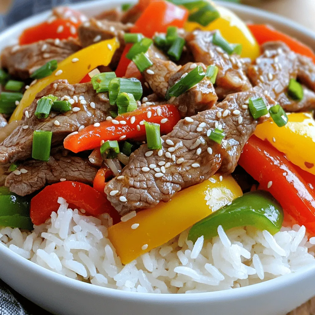 To make a hearty beef and pepper rice bowl, you need fresh quality ingredients. Here’s what you’ll need: - 1 lb beef sirloin, thinly sliced - 1 cup jasmine rice - 2 tablespoons soy sauce - 1 tablespoon sesame oil (plus more for cooking) - 1 red bell pepper, sliced - 1 yellow bell pepper, sliced - 1 green bell pepper, sliced - 1 small onion, sliced - 2 cloves garlic, minced - 1 tablespoon fresh ginger, minced - 2 green onions, chopped (for garnish) - Sesame seeds (for garnish) - Salt and pepper to taste - 2 cups water or beef broth These ingredients create a colorful and flavorful dish. Each component adds its own touch. The beef gives protein and richness, while the peppers offer crunch and sweetness. Jasmine rice brings a light and fragrant base. For the best taste, use fresh veggies and quality beef. You can find the full recipe at the end of this section. Enjoy building your beef and pepper rice bowl! - Bring 2 cups of water or beef broth to a boil. - Rinse 1 cup of jasmine rice under cold water until clear. - Add the rice to the boiling liquid. - Reduce heat to low and cover tightly. - Let it simmer for 15 minutes or until liquid is absorbed. - Remove from heat and let it stand for 5 minutes. - Fluff the rice with a fork and keep warm. - In a bowl, mix 1 lb of sliced beef with 2 tablespoons of soy sauce. - Add 1 tablespoon of sesame oil, 2 cloves of minced garlic, and 1 tablespoon of minced ginger. - Sprinkle with salt and pepper to taste. - Ensure the beef is well-coated. - Cover the bowl and let it rest at room temperature for 15 minutes. - Heat a teaspoon of sesame oil in a large skillet over medium-high heat. - Add 1 small sliced onion and the sliced bell peppers (1 red, 1 yellow, 1 green). - Stir-fry the vegetables for 5-7 minutes until softened but still crisp. - Transfer the vegetables to a plate and set aside. - In the same skillet, add more sesame oil if needed. - Add the marinated beef in a single layer. - Cook for 2-3 minutes on each side until browned and no longer pink. - If necessary, cook in batches to avoid crowding. - Return the sautéed vegetables to the skillet with the beef. - Toss everything together gently over heat for about a minute. - Serve the mixture generously over the jasmine rice. - Garnish with chopped green onions and sesame seeds for added flavor. For the complete cooking process, you can refer to the Full Recipe. - Use high heat for better stir-frying. This helps the beef brown nicely. - Don’t overcrowd the skillet for even cooking. Cook in batches if needed. - Marinate the beef longer for enhanced flavor. I often suggest 30 minutes. - Keep beef at room temperature before cooking. This helps it cook evenly. - Pair with additional sides like salad or spring rolls. These add crunch and freshness. - Consider using a variety of pepper colors for visual appeal. It makes the dish pop! When preparing your Beef and Pepper Rice Bowl, these tips will ensure a delicious outcome. For the full recipe, check out the earlier section. Enjoy your cooking adventure! {{image_4}} You can easily change the protein in this beef and pepper rice bowl. If beef isn't your thing, try chicken or tofu. Chicken breast works well and cooks quickly, making it a great choice. Tofu is a fantastic plant-based option. It soaks up flavors well and adds a nice texture. For beef, explore different cuts like flank steak or ribeye. Each cut has its own flavor and tenderness. Flank steak is lean but flavorful, while ribeye is rich and juicy. Adding more vegetables boosts nutrition and flavor. Broccoli, carrots, and snap peas are great choices. They add color and crunch. You can also try seasonal veggies. Zucchini and asparagus can freshen up the dish during summer. In fall, add pumpkin or sweet potatoes for a cozy touch. Want more flavor? Chili paste adds a nice kick if you like heat. Start with a small amount and adjust to your taste. For a sweeter twist, use teriyaki sauce. It brings a unique flavor profile that pairs well with beef and veggies. For the full recipe, check out the Full Recipe section. Enjoy experimenting with these variations! Store your leftovers in an airtight container in the fridge. This helps keep the food fresh and safe. It is best consumed within 3-4 days. If you wait too long, the flavors may fade. Make sure to check for any signs of spoilage before eating. If you want to save some for later, freeze portions in freezer-safe bags. This makes it easy to store and keep for a longer time. When you are ready to eat, thaw the frozen meal in the fridge overnight. Thawing helps maintain the texture and taste of the dish. To reheat, use the microwave or stove for even heating. If the rice seems dry, add a splash of water before reheating. This will help bring back the fluffy texture. Stir the rice and beef mixture well to ensure everything heats evenly. Enjoy your meal just as you made it! To make fluffy rice, rinse the rice before cooking. This removes extra starch. After boiling, let it rest for five minutes. Then, fluff it with a fork. This keeps the grains separate and light. Yes, you can prepare the rice, beef, and veggies ahead. Store them in separate containers. When ready to eat, just warm them up and combine. This makes for an easy and quick meal later. To make it gluten-free, simply swap soy sauce with gluten-free tamari. This keeps the taste while avoiding gluten. Always check labels to ensure all ingredients are gluten-free. You can add a variety of toppings to enhance flavor. Avocado adds creaminess. Fresh cilantro gives a nice herb taste. A drizzle of hot sauce can bring heat and excitement. Experiment with your favorites! In this blog post, we explored a tasty beef stir-fry recipe packed with fresh veggies and jasmine rice. You learned how to marinate, sauté, and combine ingredients for a delicious meal. Remember, cooking is about creativity, so feel free to change ingredients to suit your taste. Try different proteins or veggies to make it unique. With these tips, you can enjoy a flavorful dish while impressing your family. Keep experimenting and have fun in the kitchen!