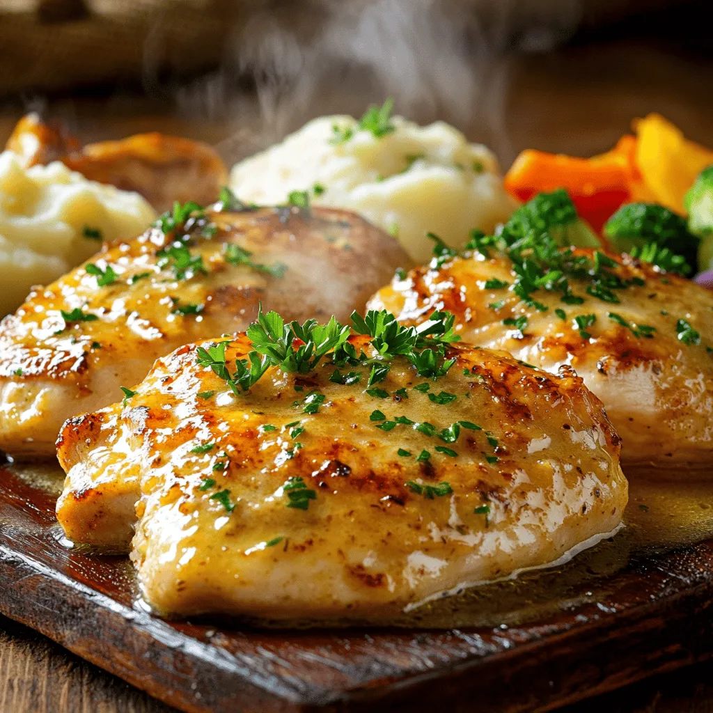 To make Garlic Butter Chicken, you need fresh and simple ingredients. Here’s a list to get you started: - 4 boneless, skinless chicken breasts - 4 tablespoons unsalted butter - 6 cloves garlic, finely minced - 1 teaspoon dried thyme - 1 teaspoon smoked paprika - Sea salt and black pepper to taste - 1 cup low-sodium chicken broth - 2 tablespoons freshly squeezed lemon juice - Fresh parsley, finely chopped, for garnish These ingredients work together to create a rich and savory flavor. The chicken breasts are the star of the dish, while the garlic and butter add depth. You can easily find these items at any grocery store. Using unsalted butter gives you control over the saltiness. Fresh garlic is key for a strong taste, but you can use garlic powder in a pinch. The dried thyme and smoked paprika enhance the chicken’s flavor and aroma. Feel free to adjust the seasonings based on your taste. If you love lemon, add more juice for a zesty kick. The fresh parsley not only looks good but also brightens the dish. For the full recipe, check out the detailed instructions. Enjoy cooking! Start by seasoning both sides of the chicken breasts. Use sea salt, black pepper, dried thyme, and smoked paprika. Make sure to cover the chicken well. This adds great flavor. Set the chicken aside for a few minutes. This allows the spices to soak into the meat. Next, heat a large skillet over medium-high heat. Add 2 tablespoons of unsalted butter. Let the butter melt completely and bubble. Carefully place the seasoned chicken breasts in the skillet. Cook them for about 6-7 minutes on each side. You want them to be golden-brown. Make sure they are cooked through. The internal temperature should reach 165°F (75°C). Once done, transfer the chicken to a plate and cover it loosely to keep warm. Now, use the same skillet. Lower the heat to medium. Add the remaining 2 tablespoons of butter. Once it melts, stir in the minced garlic. Sauté for about 1-2 minutes. The garlic should smell nice and soft, but don’t burn it. Burning garlic can make the sauce taste bitter. Pour in the chicken broth and lemon juice. Use a spatula to scrape the bottom of the skillet. This helps get all the tasty bits. Let the mixture simmer for 3-4 minutes. This thickens the sauce and adds great flavor. Return the seared chicken breasts to the skillet. Spoon some of the garlic butter sauce over the top. Let the chicken simmer in the sauce for another 2-3 minutes. This helps the chicken soak up all the garlicky goodness. When the chicken is hot and coated in sauce, remove the skillet from the heat. Finish by garnishing with freshly chopped parsley. This adds a nice pop of color and freshness. This dish is a true delight, and you can find the full recipe to make it just right! - Cook the chicken at 165°F (75°C) for safety. - To keep chicken juicy, do not overcook it. Use a meat thermometer for best results. - Add a splash of white wine for depth. - To avoid burnt garlic, cook on low heat and stir often. - Pair Garlic Butter Chicken with steamed broccoli or rice. - For a nice look, drizzle the sauce over the chicken and sprinkle parsley around. This dish looks great on a platter, especially with vibrant sides. Check out the Full Recipe for all the details! {{image_4}} You can mix up the protein in this dish. Try shrimp or tofu for a change. Shrimp cooks fast and adds a sweet touch. Tofu is great for a plant-based option. Both work well with garlic butter. Just adjust the cooking time to keep them tender. If you want a vegan twist, use vegan butter instead of regular butter. This swap keeps the creamy flavor. It may change the taste a bit, but it can still be delicious. Make sure to check the brand for quality ingredients. You can spice things up by adding herbs or spices. Fresh thyme or basil can brighten the dish. A pinch of red pepper flakes adds heat if you like a kick. Mix and match until you find your favorite combo. Adding vegetables can make this meal even better. Try spinach or cherry tomatoes for color and taste. Cook them in the skillet after the garlic. This way, they soak up all those yummy flavors. You can also toss in some bell peppers for a crunchy twist. You can bake the chicken instead of pan-searing it. Preheat your oven to 400°F (200°C). Place the seasoned chicken in a baking dish. Pour the garlic butter sauce over it. Bake for 25-30 minutes until it's cooked through. This method keeps the chicken juicy and tender. If you prefer a slow cooker, this dish is perfect for that too. Place the seasoned chicken in the slow cooker. Pour the garlic butter sauce over it. Cook on low for 4-6 hours or on high for 2-3 hours. You'll get tender, flavorful chicken with less effort. For the full recipe, check out the complete guide. To keep your Garlic Butter Chicken fresh, store it properly. If you have leftovers, place them in an airtight container. Refrigerate them within two hours of cooking. This helps keep your chicken safe to eat. The chicken will last in the fridge for about three to four days. For longer storage, you can freeze the chicken. Wrap it tightly in plastic wrap. Then place it in a freezer-safe bag. This keeps out air and helps prevent freezer burn. Garlic Butter Chicken can last up to three months in the freezer. Just remember to label the bag with the date. When it comes to reheating, you want to keep that juicy flavor. The best way to reheat is in the oven. Preheat your oven to 350°F (175°C). Place the chicken in a baking dish. Add a splash of chicken broth to keep it moist. Cover with foil to trap steam. Heat for about 20 minutes or until warm. You can also use a microwave for quick reheating. Place the chicken on a microwave-safe plate. Add a little broth or water to keep it from drying out. Cover it with a damp paper towel. Heat in short bursts of 1 minute until hot. Be careful not to overcook it, as this can dry out the chicken. By following these tips, you ensure that your Garlic Butter Chicken remains tasty and juicy, even after storage. For the full recipe, check the earlier sections. It takes about 30 minutes to cook Garlic Butter Chicken. You need 10 minutes to prep. Cooking the chicken and making the sauce takes about 20 minutes. This dish is quick and easy, perfect for busy nights. Yes, you can prepare this dish in advance. You can season the chicken and make the sauce ahead of time. Store them in the fridge until you are ready to cook. Just remember to cook the chicken close to serving time for the best flavor. I love serving Garlic Butter Chicken with side dishes that complement its rich flavors. Here are some great options: - Steamed vegetables like broccoli or green beans - Creamy mashed potatoes - Rice or quinoa to soak up the sauce - A fresh green salad for a light touch Garlic Butter Chicken can be part of a healthy meal. It uses lean chicken and healthy fats from butter. You can make it healthier by using less butter or replacing it with olive oil. Pair it with veggies for a balanced plate. You can use garlic powder instead of fresh garlic, but fresh gives more flavor. If you substitute, use about 1/8 teaspoon of garlic powder for each clove. This works well in a pinch, but fresh garlic makes the dish special. For the full experience, I recommend using fresh garlic. For the complete recipe, check out the Full Recipe. In this blog post, we explored how to make Garlic Butter Chicken. We covered the key ingredients needed, step-by-step cooking instructions, and tips for the best results. I shared variations and storage tips to suit your needs. This dish is simple yet flavorful and perfect for any meal. Whether you stick to the main recipe or try your own twists, I hope you create something amazing. Now it’s time for you to enjoy your delicious Garlic Butter Chicken!