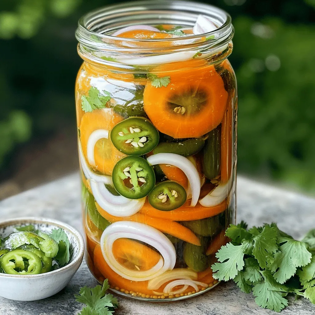 - 4 medium-sized carrots, peeled and sliced - 1 small white onion, thinly sliced - 1-2 jalapeños, sliced - 1 cup apple cider vinegar - 1 cup water - 1 tablespoon granulated sugar - 1 teaspoon sea salt - 2 cloves garlic, peeled and smashed - 1 teaspoon dried oregano - 1/2 teaspoon cumin seeds - 1-2 bay leaves (optional) To make authentic Mexican pickled carrots, you start with fresh, bright vegetables. Carrots are the star here, and their crunch is key. I like to use medium-sized carrots, as they hold up well when pickled. Slice them into thin rounds for that perfect bite. Next, add a small white onion for a touch of sweetness. The onion complements the carrots nicely. If you like heat, toss in 1-2 sliced jalapeños. You can remove the seeds if you want less spice. Now, let’s talk about the pickling liquid. The base of this dish is a simple mixture of apple cider vinegar and water. The vinegar gives the carrots that tangy kick. You’ll want equal parts of vinegar and water. This balance makes the flavor bright but not overpowering. Add 1 tablespoon of granulated sugar to bring out the flavors. The sweetness balances the acidity of the vinegar. Then, stir in 1 teaspoon of sea salt. Salt enhances the taste and helps with preservation. Don’t forget the spices! Smash 2 cloves of garlic. The garlic adds depth and warmth. One teaspoon of dried oregano gives a nice herby note. Finally, if you want, add 1-2 bay leaves for extra flavor. This combination of fresh veggies, tangy liquid, and spices makes a delightful dish. For the full recipe, check the Zesty Authentic Mexican Pickled Carrots section. It’s a great way to brighten up any meal! Start by making the pickling liquid. In a medium saucepan, combine: - 1 cup apple cider vinegar - 1 cup water - 1 tablespoon granulated sugar - 1 teaspoon sea salt - 2 cloves garlic, peeled and smashed - 1 teaspoon dried oregano - 1/2 teaspoon cumin seeds - 1-2 bay leaves (optional) Set the saucepan over medium heat. Heat the mixture until it gently boils. Stir occasionally until the sugar and salt dissolve completely. This process takes about 5 minutes. While the pickling liquid cools, prepare a clean jar or container. Layer the sliced vegetables tightly inside. Start with: - 4 medium-sized carrots, peeled and sliced into thin rounds - 1 small white onion, thinly sliced - 1-2 jalapeños, sliced (remove seeds for less heat) Pack them in without mashing. This helps keep the crunch. Once the pickling liquid cools for about 10 minutes, pour it over the layered vegetables. Ensure they are fully submerged. If they are not fully covered, add equal parts water and vinegar until they are. Seal the jar tightly. Allow it to cool to room temperature. After that, place the jar in the refrigerator. Let it marinate for at least 24 hours. For the best flavor, wait 3-5 days. Enjoy these tangy and crunchy carrots! For the complete recipe, check the Full Recipe section. - Always pick fresh, firm carrots for the best crunch. - Colorful carrots add a fun touch to your dish. Choosing the right vegetables is key. Fresh carrots give your pickled dish that perfect snap. I love using a mix of colors. Purple, orange, and yellow carrots not only taste great but also look amazing on the plate. - Change the amount of jalapeños for your heat level. - Remove seeds for a milder taste. If you like spice, add more jalapeños. For a milder flavor, take out the seeds. This simple trick helps you control the heat. You want a nice balance, not something too fiery. - Try other spices like black pepper or coriander. - Fresh herbs like cilantro make a great garnish. Adding spices can make your dish unique. Black pepper or coriander can give a new twist. And don’t forget to use fresh herbs! A sprinkle of cilantro on top adds color and a fresh taste. For the full recipe, check the earlier sections. {{image_4}} You can make your pickled carrots even better by adding more veggies. Consider incorporating radishes or cauliflower for extra crunch. These additions not only enhance the texture but also add more flavor. You might also try adding bell peppers. They bring a sweet taste that contrasts nicely with the tangy carrots. The type of vinegar you use can change the whole flavor. You can experiment with white or rice vinegar for a lighter taste. These options keep the bright flavors but are less strong. If you want something unique, try flavored vinegars. They can add a fun twist to the classic recipe. You can play around with the sweetness and heat of your pickled carrots. If you like a sweeter taste, just increase the sugar a bit. This balance can be delightful. For those who enjoy some heat, add red pepper flakes. They give a nice kick that pairs well with the tanginess of the carrots. For the complete recipe, check out the [Full Recipe](#). To keep your pickled carrots fresh, store them in a sealed jar in the refrigerator. This helps maintain their crunchiness and flavor. Also, keep the jar away from direct sunlight. Sunlight can cause the carrots to lose their vibrant color and taste. These tangy carrots typically last 2-3 months when stored in the fridge. Before using, always check for signs of spoilage. If you see any mold or off smells, it’s best to toss them out. You can reuse the pickling liquid for new batches of carrots. This is a great way to save time and add even more flavor. You can also use the liquid to marinate other vegetables or proteins. It adds a nice tang to everything! For more details on making these pickled carrots, check out the [Full Recipe]. Authentic Mexican pickled carrots are vibrant, tangy slices of carrots. They often come with sliced onions and jalapeños. This dish is an essential part of Mexican cuisine. You’ll find them on tacos, sandwiches, and as a side dish. Their bright flavors balance rich and savory meals. The pickling process adds crunch and zest. They are not just a condiment; they enhance your dining experience. For the best flavor, I recommend marinating pickled carrots for at least 24 hours. This time allows the flavors to blend well. However, leaving them for 3-5 days gives an even better taste. The longer they sit, the more intense the flavors become. So, if you can wait, let them marinate longer! Yes, you can make pickled carrots without sugar. If you want a sugar-free version, try using a sugar substitute like honey or agave syrup. You can also skip the sweetener altogether. The vinegar will still provide a delicious tang. Just remember, the sugar helps balance the acidity, so adjust to your taste. Pickled carrots offer several health benefits. They are low in calories and high in vitamins. Carrots are rich in vitamin A, which is good for your eyes. The fermentation process can boost gut health too. Plus, they provide a unique way to enjoy your vegetables. Adding them to meals can increase your veggie intake easily. To make pickled carrots, focus on fresh veggies and a simple brine. We discussed choosing the best carrots, layering them in a jar, and creating a tangy pickling liquid. Remember, you can adjust spice levels and try different vegetables. Store your pickled carrots properly for long shelf life. These pickled treats are not only tasty but also add character to many dishes. Enjoy your pickling journey, and get creative with flavors!