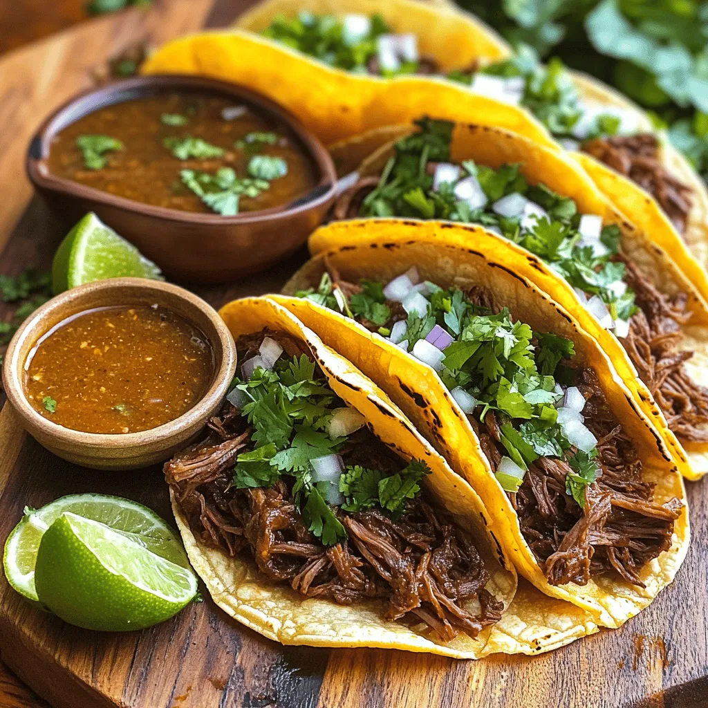 - 3 lbs beef chuck roast - 1 large onion - 4 cloves garlic - 2 dried guajillo chiles, stems and seeds removed - 2 dried ancho chiles, stems and seeds removed The heart of birria tacos lies in the meat. I love using beef chuck roast. It’s perfect for slow cooking. The fat keeps it moist and adds flavor. Onion and garlic bring out deep tastes in the dish. The dried guajillo and ancho chiles add warmth and richness. Their smokiness makes the tacos special. - 2 cups beef broth - 1 tablespoon apple cider vinegar - 1 teaspoon ground cumin - 1 teaspoon dried oregano - 2 bay leaves - Salt and freshly ground black pepper to taste Beef broth is key for making the sauce rich. Apple cider vinegar gives it a nice tang. Ground cumin and oregano add depth to the flavor. Bay leaves enhance the aroma while cooking. Don’t forget to season the meat well with salt and pepper. This helps to bring out all the flavors. - Fresh cilantro, finely chopped - Diced white onion - Lime wedges After cooking, you can top your tacos with fresh cilantro. It adds a nice pop of color and flavor. Diced onion gives a crunch that balances the soft meat. Lime wedges bring brightness to each bite. Serve these toppings on the side for a fun taco night. You can find the full recipe in the provided details for more guidance. - Toasting the chiles: Start by heating a dry skillet over medium heat. Add the guajillo and ancho chiles. Toast them for about 2-3 minutes. Stir often to prevent burning. You want them fragrant but not charred. - Soaking the chiles: Once toasted, remove the chiles from heat. Place them in a bowl and cover with hot water. Let them soak for about 15 minutes. This softens the chiles, making them easier to blend. - Blending the ingredients: After soaking, drain the chiles. In a blender, add the softened chiles, quartered onion, minced garlic, beef broth, apple cider vinegar, ground cumin, dried oregano, and a pinch of salt. Blend until the mixture is smooth and creamy. - Consistency check: Check the sauce for any large chunks. It should be silky and well-combined. If it’s too thick, add a little more beef broth to reach your desired consistency. - Seasoning the meat: Take the beef chuck roast and cut it into 2-inch chunks. In a large bowl, season the beef generously with salt and freshly ground black pepper. Make sure each piece is evenly coated. - Slow cooking instructions: Place the seasoned beef in your slow cooker. Pour the blended sauce over the beef. Add bay leaves and mix gently to coat the meat in the sauce. Cover the slow cooker. Cook on low for about 8 hours or on high for 4 hours. The beef should be very tender. - Shredding the meat: Once done, carefully take the beef out of the slow cooker. Place it in a large bowl. Use two forks to shred the meat into bite-sized pieces. Return the shredded meat to the pot and stir it into the sauce. - Warming the tortillas: In a separate pan, heat the corn tortillas over medium heat. Char each side for about 1 minute until warm and pliable. Keep the tortillas covered in a kitchen towel to stay warm. - Assembling the tacos: Take a warm tortilla and place a generous portion of birria meat in the center. Top it with fresh cilantro and diced onion. Now, you are ready to serve your savory slow cooker birria tacos! Enjoy them with lime wedges on the side. For a fun twist, dip the tacos into the rich consomé left in the slow cooker. How can I adjust spice levels? You can make the sauce milder or spicier. Start by using fewer chiles. For more heat, add a pinch of cayenne pepper or more guajillo chiles. Always taste as you go. How can I enhance flavors? Add a splash of lime juice for brightness. Fresh herbs like cilantro can deepen the flavor. You can also try adding smoked paprika for a rich, smoky note. How do I ensure tender beef? Choose beef chuck roast for the best results. Cut it into 2-inch chunks. This helps it cook evenly. Slow cooking at low heat breaks down the tough fibers. Aim for a cooking time of 8 hours on low. What slow cooker settings should I use? Use the low setting for 8 hours or high for 4 hours. Each slow cooker is different. Check the meat at the end to ensure it is fork-tender. What are some plating ideas? Serve the tacos on colorful plates. Stack them neatly for a nice visual. Use parchment paper for a rustic look. Add a small bowl of consomé for dipping. What are some serving suggestions? Garnish with fresh cilantro and diced onion. Add lime wedges to squeeze over the tacos. Consider serving with a simple side salad for balance. For more detailed steps, check out the Full Recipe. {{image_4}} You can switch up the meat in birria tacos. Here are a couple of options: - Chicken: Use skinless chicken thighs for a lighter taste. The slow cooker keeps the chicken moist. Cook it the same way as beef. Shred it after cooking and serve in warm tortillas. - Pork: Pork shoulder is another great choice. It becomes tender and flavorful in the slow cooker. Follow the same steps as for the beef. The taste will be slightly sweeter and richer. If you have special dietary needs, birria tacos can still be delicious. - Gluten-free options: Use corn tortillas, which are naturally gluten-free. Always check labels to make sure. The rest of the recipe is already gluten-free. - Vegetarian alternatives: For a meatless version, try using jackfruit. It shreds well and soaks up flavors. Cook it in the same way as the beef, using vegetable broth instead of beef broth. You can enjoy birria in other fun ways. Here are two ideas: - Birria Quesadillas: Use the same filling but add cheese. Place some meat and cheese between two tortillas. Cook on a skillet until the tortillas are crispy and the cheese melts. - Birria Pizza: Spread the meat on a pizza crust. Top with cheese and bake until bubbly. This gives a great twist to traditional birria tacos. You can find the full recipe for the classic Slow Cooker Birria Tacos at the beginning of this article. To keep your leftover birria tacos fresh, follow these tips: - Refrigeration tips: Store leftovers in an airtight container. Place the shredded meat and broth together. This keeps the meat moist. Use within three to four days for best flavor. - Freezing details: For longer storage, freeze the meat and sauce. Use freezer-safe bags or containers. Remove as much air as possible to prevent freezer burn. Your birria can last up to three months in the freezer. Reheating birria tacos can be simple. Here are best practices: - Best practices for reheating: Thaw frozen birria in the fridge overnight. Reheat in a pot over low heat. Stir occasionally until warm. You can also microwave in short intervals, stirring in between. - Maintaining flavor and texture: Add a splash of beef broth while reheating. This keeps the meat juicy and flavorful. Serve with fresh tortillas, and enjoy the taste as if it were freshly made! Birria is a traditional Mexican dish from the state of Jalisco. It started as a goat stew, often made for special occasions. Over time, people began using beef, making it popular across Mexico and beyond. The dish features a rich and flavorful broth, perfect for dipping tacos. Yes, you can use various meats for birria. Chicken works well, but beef is a favorite. Pork is another tasty option. Each meat gives a unique flavor to the dish. Experiment to find what you like best. To spice up your broth, add more dried chiles. Chipotle chiles add a nice kick. You can also include hot sauce or cayenne pepper. Start with small amounts to avoid overpowering the dish. Taste as you go for the perfect heat. Leftover birria lasts about three to four days in the fridge. Keep it in an airtight container. If you want to store it longer, freeze it for up to three months. Just make sure to thaw it in the fridge before reheating. Corn tortillas are the best choice for birria tacos. They are traditional and hold up well against the juicy meat. Look for small or medium-sized tortillas to fit your taco. You can also lightly char them for extra flavor. Enjoy the tacos with fresh cilantro and diced onion. For the full recipe, check out the Slow Cooker Birria Tacos recipe. Slow cooker birria tacos bring rich flavors and comfort to your table. We explored the key ingredients, like beef chuck roast and dried chiles, to create a robust sauce. I shared tips for cooking tender beef and personalizing the dish with different meats or even vegetarian options. Plus, I covered storage and reheating for your leftovers. These tacos are easy to make, satisfying, and fun to share. Enjoy making your own delicious version and discovering your favorite toppings!