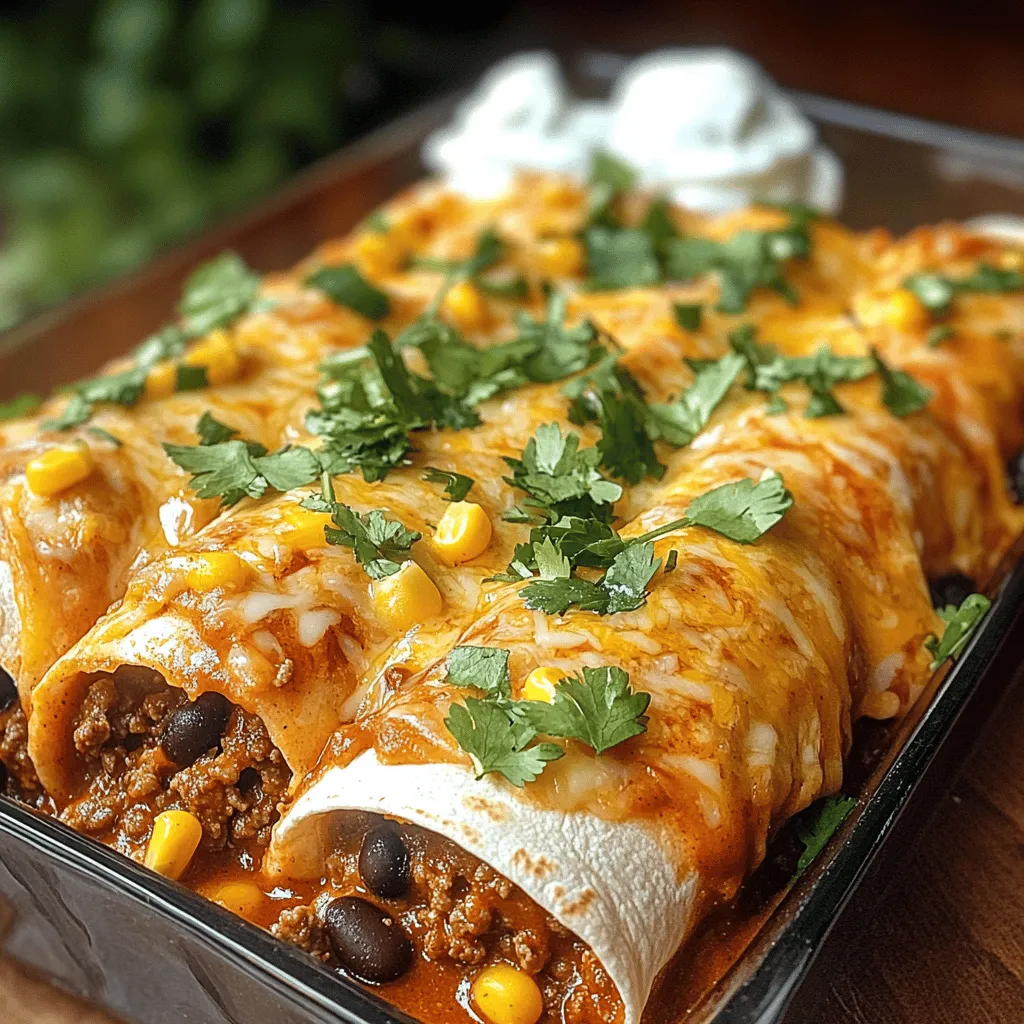 - Ground beef - Onion and garlic - Spices and seasoning Ground beef is the star of these enchiladas. You want one pound of quality ground beef. A small onion and two cloves of garlic add depth to the flavor. I recommend using spices like ground cumin, chili powder, and smoked paprika. These spices give the dish its warm and inviting taste. - Black beans - Corn - Cheese Black beans add protein and fiber. One can of black beans, rinsed and drained, works perfectly. Add one cup of corn for sweetness and texture. Finally, two cups of cheese make everything gooey and delicious. A mix of cheddar or a Mexican blend is ideal. - Fresh cilantro - Sour cream Garnish with fresh cilantro for a bright touch. A dollop of sour cream adds creaminess and balances the flavors. These optional toppings make the dish even more appealing. You can find the full recipe [here](#). - Preheat the oven: Start by setting your oven to 350°F (175°C). This helps cook the enchiladas evenly. - Sauté aromatics: In a big skillet, add a tablespoon of oil and heat it on medium. Toss in the finely chopped onion and minced garlic. Cook them until the onion turns soft and smells great, which takes about 3-4 minutes. - Cook ground beef: Now, add 1 pound of ground beef to the skillet. Use a spatula to break it apart. Cook until it turns brown and is no longer pink, which should take about 5-7 minutes. If there's too much fat, drain it away. - Mix filling ingredients: Stir in 1 teaspoon of ground cumin, 1 teaspoon of chili powder, and 1/2 teaspoon of smoked paprika. Then add 1 can of black beans and 1 cup of corn. Cook this mix for another 3 minutes until everything is hot. Remove the skillet from the heat. - Warm enchilada sauce: In a medium pot, pour in 1 can of enchilada sauce. Heat it gently over low heat, stirring now and then to keep it from sticking. - Assemble the enchiladas: Take one corn tortilla and put a good amount of the beef mix on it. Sprinkle some cheese on top. Roll the tortilla tightly and place it seam-side down in a baking dish. Repeat this until all tortillas are filled. - Add sauce and cheese: Once the enchiladas are in the dish, pour the warm enchilada sauce all over them. Make sure each one is covered. Sprinkle the remaining cheese on top. - Bake time and temperature: Put the baking dish in your preheated oven. Bake for 20-25 minutes, until the cheese is bubbly and golden. - Garnish and serve: After baking, let the enchiladas rest for a few minutes. Then, sprinkle fresh cilantro on top. Serve with a side of sour cream for extra creaminess. Find the full recipe to guide you through these steps and enjoy making these delicious ground beef enchiladas! How to avoid soggy tortillas To keep your tortillas crisp, warm them briefly in a dry skillet. Heat each side for about 10-15 seconds. This softens them without making them soggy. Ensuring even cooking When baking, make sure to space the enchiladas nicely in the dish. This allows hot air to circulate. If they are too crowded, some may not cook evenly. Suggestions for additional spices Add a pinch of cayenne pepper for heat. Fresh lime juice can brighten the flavors. You can also mix in some fresh herbs like cilantro or oregano. Cheese variations for extra creaminess Try mixing different cheeses. Mozzarella adds a nice stretch. For a stronger flavor, include crumbled queso fresco or feta. Plating ideas for enchiladas Place the enchiladas on a bright plate. Arrange them in a line or a circle for a fun look. Drizzle some enchilada sauce on top for color. Garnishing suggestions Use fresh cilantro for a pop of green. A dollop of sour cream adds a creamy touch. You can also sprinkle some sliced olives or diced tomatoes for extra flair. {{image_4}} You can change the meat in your enchiladas for a healthier meal. Try using lean ground turkey or chicken instead of beef. These meats are lower in fat but still tasty. For a vegan option, you can use plant-based beef. This choice is great for those who want to avoid meat. There are many brands that offer meat-like textures and flavors. Look for these options in your grocery store. Making your own enchilada sauce is easy and fun. You can control the spice and flavor to match your taste. Start with canned tomatoes, add chili powder, cumin, and garlic. Blend it all together, and you have a fresh sauce! If you want a quick option, you can use salsa or even hot sauce. These can add a kick and make your dish unique. Feel free to experiment until you find your favorite taste. Enchiladas pair well with many side dishes. Consider serving them with rice and beans. A fresh salad can add a nice crunch too. For toppings, think outside the box! Add sliced avocados, diced tomatoes, or jalapeños for extra flavor. You can also sprinkle some lime juice on top for a zesty touch. For the full recipe, check out the full recipe section. Enjoy making these delicious ground beef enchiladas! To keep your enchiladas fresh, store leftovers right. First, let them cool down. Then, place them in a container. Use airtight containers to avoid air exposure. This helps keep the flavor intact. You can store them in the fridge for up to 3 days. To reheat your enchiladas, you can use the oven or microwave. For the oven, set it to 350°F (175°C). Place the enchiladas in a baking dish and cover them with foil. Heat for about 20 minutes. This method keeps them warm and tasty. If using a microwave, place one enchilada on a plate. Heat for about 1-2 minutes. Check to see if it's hot enough. To maintain texture and flavor, add a splash of sauce before reheating. This keeps them moist. Avoid overcooking, as it can dry them out. You can freeze enchiladas before or after baking. If freezing before baking, wrap them tightly in plastic wrap and then foil. This prevents freezer burn. You can store them for up to 3 months. When you’re ready to eat, thaw them in the fridge overnight. Bake them straight from the fridge at 350°F (175°C) for about 30-35 minutes. If you freeze them after baking, let them cool first. Use the same wrapping method. To reheat, thaw overnight in the fridge and bake as described. Enjoy delicious enchiladas anytime! For the Full Recipe, check the section above. How to make enchiladas without tortillas? You can use thinly sliced vegetables as a base. Try zucchini or eggplant. Just slice them thinly and roast them lightly. Then, roll your filling in them as you would with tortillas. Can I make enchiladas in advance? Yes! You can prepare them a day ahead. Just assemble them and cover with sauce. Store them in the fridge. When ready, just bake them before serving. What to do if enchiladas are too dry? If your enchiladas turn out dry, add more enchilada sauce. Pour some extra sauce on top before serving. You can also drizzle sour cream to add moisture. How to fix broken tortillas while assembling? If your tortillas break, warm them first. Place them in the microwave for 10-15 seconds. This makes them more flexible for rolling without breaking. Caloric content per serving Each serving of these enchiladas has around 450 calories. This may vary based on the cheese and toppings used. Dietary considerations (gluten-free, etc.) To make them gluten-free, use corn tortillas. Check the enchilada sauce label to ensure it is gluten-free too. You’ve learned about the key ingredients, steps, and tips for making enchiladas. From preparing the filling to baking, each step matters. You can mix and match ingredients to suit your taste. Try different toppings or sauces for fun. With the right storage and reheating methods, you can enjoy enchiladas later. Remember, enchiladas are versatile. They can fit any diet or preference. Now, grab your ingredients and start making your perfect dish!