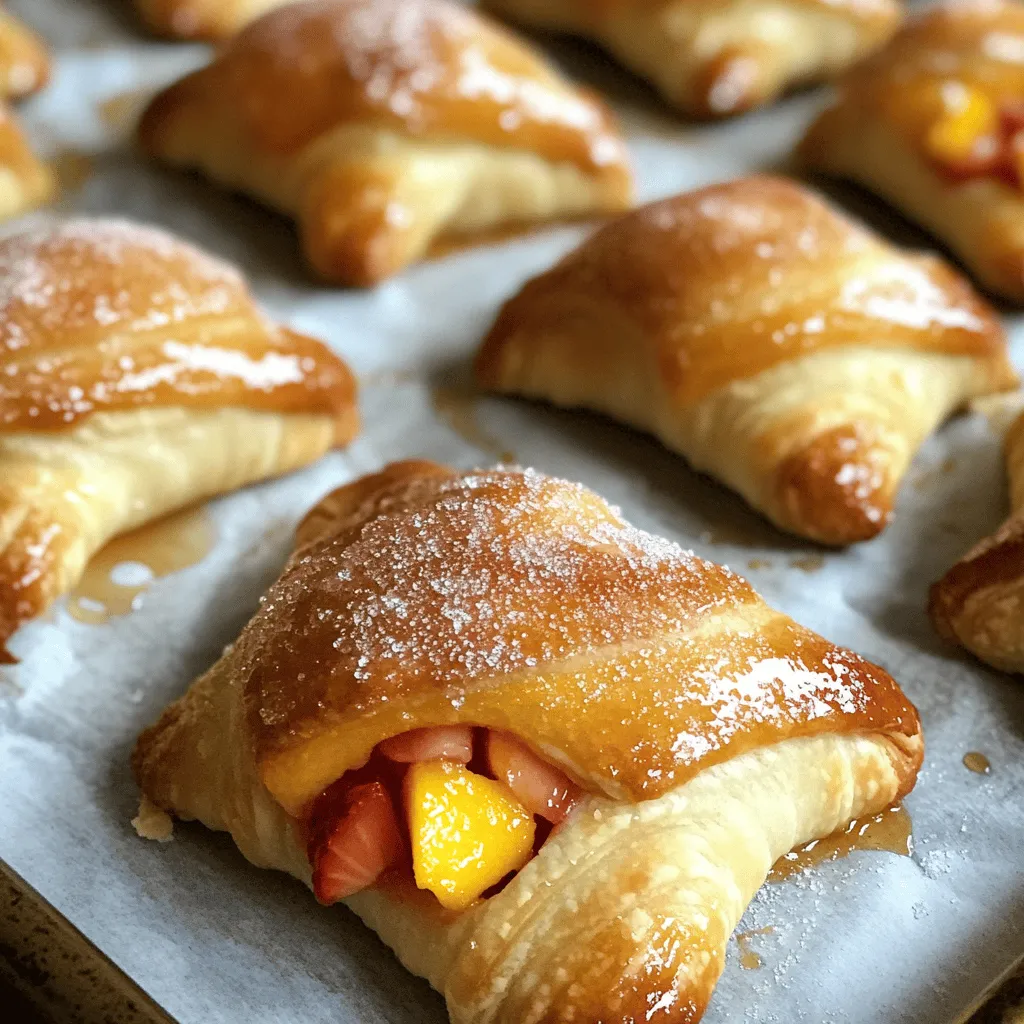 - 1 cup fresh strawberries, hulled and thinly sliced - 1 cup fresh peaches, pitted and diced into small pieces Fresh fruit makes these pie bites shine. I love using ripe strawberries and juicy peaches. They add natural sweetness and bright flavor. You can also mix in other fruits if you want. Just keep the total amount the same. - 1 package (8 oz) refrigerated crescent roll dough - 1 egg, beaten (for egg wash) Crescent roll dough is super easy to use. It gives you that flaky texture without all the work. The egg wash makes them golden and shiny. It's fun to see how they puff up in the oven! - 1/4 cup granulated sugar - 1 tablespoon freshly squeezed lemon juice - 1 tablespoon cornstarch - 1 teaspoon pure vanilla extract The sugar helps draw out the juice from the fruit. Lemon juice brightens the flavor. Cornstarch thickens the filling, so it won’t run out. Vanilla adds a warm and sweet note. These simple ingredients blend well to create a tasty filling. For the full recipe, check out the delightful Strawberry Peach Pie Bites section! - Preheat oven to 375°F (190°C). - Prepare baking sheet with parchment paper. - Combine strawberries, peaches, sugar, lemon juice, cornstarch, and vanilla. - Let the mixture macerate for 10 minutes. This helps the fruits mix well and get sweeter. - Unroll crescent roll dough and separate into triangles. - Spoon fruit filling onto the rolls and encase the filling. Start at the wide end and roll it up tight. - Apply egg wash and sprinkle coarse sugar on top. - Bake for 12 to 15 minutes until golden brown. Watch for that lovely golden color! Enjoy the process, and don't forget to check the full recipe for more details. To make the best pie bites, use ripe fruits. Ripe strawberries and peaches bring out the sweetest flavors. This makes each bite burst with taste. Next, you need to seal the dough well. Pinch the edges tightly. This keeps the filling inside while they bake. A good seal stops any leaks and gives a nice shape. These pie bites taste best warm or at room temperature. Serve them fresh from the oven for a treat. For an extra touch, pair them with whipped cream or vanilla ice cream. The creaminess adds a nice contrast to the fruit. Guests will love this combo! Make your pie bites look great on a platter. Choose a decorative one to draw attention. Stack them neatly for a lovely display. You can also garnish with fresh mint leaves. This adds a pop of color and freshness to your treat. These small details make your pie bites more appealing. For the full recipe, check out the instructions above! {{image_4}} You can easily switch fruits in this recipe. Swap strawberries with raspberries or blueberries for a new flavor. These berries add a nice burst of sweetness and tartness. You can also use different stone fruits like cherries or plums. Each fruit offers a unique taste and texture, making your pie bites exciting. If you want a different texture, try using puff pastry or phyllo dough. These options create a flakier bite. You can also experiment with cookie dough for a sweet twist. This change will give your pie bites a rich, dessert-like quality that kids will love. Want to make your filling pop? Incorporate spices like cinnamon or nutmeg. These spices add warmth and depth to the fruit flavor. You can also add a dollop of cream cheese for a richer flavor. The creamy texture makes each bite even more delightful. For the full recipe, check out the delightful Strawberry Peach Pie Bites ! Keep your Easy Strawberry Peach Pie Bites in an airtight container at room temperature. They stay fresh for up to 2 days. This way, you can enjoy them without worrying about spoilage. For longer storage, place the pie bites in the fridge. They stay fresh for up to 5 days. If you want to store unbaked pie bites, freeze them instead. They can last in the freezer for up to 2 months. Just make sure to wrap them tightly to avoid freezer burn. When you want to enjoy your pie bites again, reheat them in the oven. This method keeps them crispy. Preheat the oven to 350°F (175°C) and bake for about 10 minutes. If you are in a hurry, you can use the microwave. Heat them for about 15-20 seconds. Enjoy your delicious treat warm! For the full recipe, check the details above. You can make these pie bites ahead of time by preparing the filling and the dough separately. Keep the fruit filling in the fridge. When you're ready to bake, assemble the pie bites. This way, they stay fresh and tasty. Yes, you can use frozen fruit! Just make sure to thaw it first. Drain any extra moisture so the filling doesn't get too wet. This will help keep your pie bites crisp. You can get creative with fruits! Apples, pears, and citrus fruits like oranges and lemons can all be delicious alternatives. Each fruit offers a unique taste and texture, making this recipe fun to customize. In this post, I shared an easy way to make strawberry peach pie bites using fresh ingredients. We covered baking essentials and sweetening tips. You learned simple steps, from prepping to baking. I also gave tips for serving and storage, plus ideas for variations. These pie bites are fun to make and taste great. With ripe fruit, you'll impress family and friends. Enjoy exploring different flavors. I hope you create some delicious memories in your kitchen!