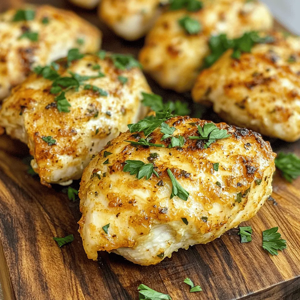 To make tasty air fryer chicken breasts, you need these main ingredients: - 4 boneless, skinless chicken breasts - 2 tablespoons olive oil - 1 teaspoon garlic powder - 1 teaspoon onion powder - 1 teaspoon smoked paprika - 1 teaspoon Italian seasoning - Salt and black pepper, to taste - 1/2 teaspoon cayenne pepper (optional, for a spicy kick) - Fresh parsley, chopped (for a vibrant garnish) These ingredients work together to create juicy, flavorful chicken that cooks quickly. I love using a mix of spices for air fryer chicken. The garlic powder and onion powder give a nice base flavor. Smoked paprika adds depth and a hint of smokiness. Italian seasoning brings in herbs that boost the taste. If you want heat, cayenne pepper is a great choice. Just remember to adjust salt and black pepper to your liking. If you have allergies or follow a special diet, here are some easy swaps: - Use avocado oil instead of olive oil for a different flavor. - Swap garlic and onion powders with fresh minced garlic and onion if you prefer fresh ingredients. - For a gluten-free option, all spices used are naturally gluten-free. - If you want a milder dish, skip the cayenne pepper altogether. These substitutions keep the dish safe and tasty for everyone. Check the [Full Recipe] for all details on making this dish perfectly! First, set your air fryer to 380°F (190°C). Preheating is key for crispy chicken. Let it run for about 5 minutes. This step warms up the air fryer and readies it for cooking. Next, take your chicken breasts and dry them with paper towels. This removes extra moisture. A dry surface helps the chicken become crispy. In a bowl, mix the following spices: - 1 teaspoon garlic powder - 1 teaspoon onion powder - 1 teaspoon smoked paprika - 1 teaspoon Italian seasoning - Salt and black pepper, to taste - 1/2 teaspoon cayenne pepper (optional for heat) Rub the chicken with 2 tablespoons of olive oil. This adds flavor and keeps it moist. Then, sprinkle your spice blend on both sides of the chicken. Make sure to coat it well for the best taste. Now, place the chicken breasts in the air fryer basket. Arrange them in a single layer. This allows hot air to circulate for even cooking. Cook the chicken for 12-15 minutes. Remember to flip them halfway through. The chicken is ready when the inside reaches 165°F (74°C). The outside should be golden and crispy. After cooking, let the chicken rest for 5 minutes. This helps keep the juices inside. Finally, garnish with fresh parsley before serving. For the full recipe, check the earlier section. Enjoy your delicious air fryer chicken! To get that crispy outside, dry your chicken breasts well. Use paper towels to remove any moisture. A dry surface helps the spices stick. It also allows for a nice sear in the air fryer. Preheat your air fryer to 380°F (190°C) for five minutes. This step is key to crispiness. When you place the chicken in the basket, make sure they are not touching. This allows hot air to circulate around each piece. Flip them halfway through cooking for an even crisp. Seasoning is essential for tasty chicken. Use a mix of garlic powder, onion powder, and smoked paprika. This combo gives great depth to the flavor. Don’t forget salt and black pepper to enhance everything. If you like heat, add cayenne pepper to your mix. Rub olive oil over the chicken before seasoning. This helps the spices stick. Cover all sides of the chicken for a balanced flavor. Let the chicken sit for a few minutes after seasoning. This allows the flavors to soak in before cooking. One common mistake is not preheating the air fryer. Skipping this step can result in uneven cooking. Another mistake is overcrowding the basket. If the chicken pieces touch, they won’t crisp up well. Always flip the chicken halfway through cooking time. This ensures both sides get that golden crust. Lastly, don’t skip resting the chicken after cooking. Resting helps keep it juicy and tender. For more details, check out the Full Recipe for crispy air fryer chicken breasts. {{image_4}} For a fresh twist, try an herb and citrus marinade. This will add bright flavors to your chicken. To make this marinade, combine: - 1/4 cup olive oil - Zest of 1 lemon - Juice of 1 lemon - 1 tablespoon chopped fresh rosemary - 1 tablespoon chopped fresh thyme - Salt and pepper to taste Mix the ingredients well. Marinate the chicken breasts for at least 30 minutes. This allows the flavors to soak in. Then, follow the cooking steps from the recipe. You will enjoy a bright, zesty flavor. If you love spice, try the spicy buffalo style. This will give your chicken a nice kick. Here's how to do it: - Replace the olive oil with 1/4 cup hot sauce. - Add 1 tablespoon of melted butter to the hot sauce. - Coat the chicken breasts in this mixture before cooking. Cook as directed in the recipe. When done, serve with celery sticks and blue cheese dressing for a classic buffalo meal. A sweet and savory glaze can add a unique flavor to your chicken. Here are a couple of ideas: - Honey Garlic Glaze: Mix 1/4 cup honey with 2 tablespoons soy sauce and 2 minced garlic cloves. Brush this mixture on the chicken before cooking. - Maple Mustard Glaze: Combine 1/4 cup maple syrup with 2 tablespoons Dijon mustard. Apply this glaze to the chicken before cooking for a sweet and tangy flavor. These glazes will make your chicken juicy and delicious. Enjoy trying out these variations! For the full recipe, refer back to the earlier section. To store leftover chicken breasts, first, let them cool down. Placing hot food in a container can create steam and make the chicken soggy. Once cooled, wrap the chicken tightly in plastic wrap or foil. You can also use an airtight container. Store the wrapped chicken in the fridge. It’s best to eat it within 3 to 4 days for the best flavor and safety. To reheat your chicken and keep it juicy, use the air fryer again. Set it to 350°F (175°C) and heat for about 5 to 7 minutes. Check the chicken often to avoid overcooking. You can also use a microwave, but this may dry out the chicken. Place a damp paper towel over the chicken in the microwave to help keep it moist. If you want to keep chicken for longer, you can freeze it. Wrap the chicken tightly in plastic wrap and then in foil. You can also use a freezer bag. Label the bag with the date. Frozen chicken is best used within 3 months. To thaw, move the chicken to the fridge for a day. If you need it faster, use the defrost setting on your microwave. Make sure to cook it right after thawing to ensure safety. For the full recipe, check out the Crispy Air Fryer Chicken Breasts section! You cook chicken breasts in an air fryer for 12 to 15 minutes. The time may vary based on the size of the breasts. Flip them halfway through to ensure even cooking. Always check that they reach an internal temperature of 165°F. Yes, you can use frozen chicken breasts in the air fryer. However, cooking times will increase. Plan on cooking them for about 20 to 25 minutes. Check the internal temperature to ensure it reaches 165°F. The internal temperature of chicken breasts should be 165°F. This ensures they are safe to eat while remaining juicy. Use a meat thermometer for accurate results. Always let the chicken rest after cooking for the best flavor and texture. For more tips, check out the Full Recipe. Cooking air fryer chicken breasts is easy and fun. We covered key ingredients, perfect seasonings, and helpful substitutions. I shared step-by-step instructions to ensure juicy results. You learned tips for crispy texture and common mistakes to avoid. We explored tasty variations like herb marinades and spicy options. Finally, proper storage and reheating tips keep leftovers fresh. In short, air frying chicken breasts gives you tasty meals quickly. Enjoy experimenting to find your favorite flavors. Happy cooking!