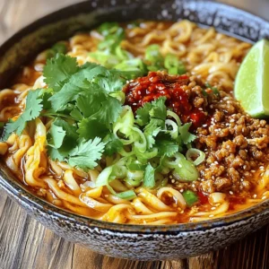 - 200g fresh Chinese noodles - 150g ground chicken or beef - 2 tablespoons sesame paste (or peanut butter for a sweeter twist) To make addictive Dan Dan noodles, start with fresh Chinese noodles. They give the dish great texture and flavor. Ground chicken or beef adds richness. You can use either, depending on your taste. For a creamy base, sesame paste is key. If you want a sweeter touch, peanut butter works well too. - 2 tablespoons soy sauce - 1 tablespoon chili oil (adjust according to your spice preference) - 2 cloves garlic, finely minced - 1 tablespoon fresh ginger, grated Next, we need flavor enhancers. Soy sauce adds depth and umami. Chili oil brings heat, so adjust it to your liking. Garlic and ginger give a fragrant punch. Together, they create a robust sauce that coats the noodles beautifully. - 2 spring onions, thinly sliced - 1 teaspoon Sichuan peppercorns, toasted and coarsely crushed - Fresh cilantro, chopped (for garnish) Finally, don’t forget the garnishes. Spring onions add crunch and color. Sichuan peppercorns bring a unique, numbing spice that elevates the dish. Fresh cilantro adds a pop of freshness. These toppings make your noodles look and taste amazing. For the full recipe, check out the complete instructions above. To start, cook the fresh Chinese noodles. Follow the package instructions. This usually takes around 3-5 minutes. Make sure to stir them gently to avoid sticking. Once cooked, drain them well. Set the noodles aside to keep warm. Next, heat a splash of oil in a large skillet on medium heat. Add your choice of ground chicken or beef. Use a spatula to break the meat apart. Sauté until the meat is browned. This should take about 5-7 minutes. Season it well with salt and pepper. Once done, transfer the meat to a plate and set it aside. In the same skillet, add a bit more oil if needed. Toss in minced garlic, grated ginger, and crushed Sichuan peppercorns. Sauté this mix for 30 seconds. You will smell a great aroma. Now, add the sesame paste, soy sauce, chili oil, rice vinegar, and chicken or vegetable broth. Stir well to combine. Bring the sauce to a gentle simmer. Let it cook and thicken for about 3-4 minutes. Stir constantly to avoid sticking. Taste the sauce and adjust the seasoning if needed. Now, add the cooked noodles to the skillet. Gently toss them in the sauce until they are well-coated. Heat through for about 2 minutes. Transfer the saucy noodles to deep serving bowls. Top each bowl with the cooked meat. For a pop of color, garnish with sliced spring onions and chopped cilantro. Serve with an extra drizzle of chili oil and a lime wedge on the side. Enjoy your addictive Dan Dan noodles! For the full recipe, check out the details above. To get the best texture for your Dan Dan noodles, cook the noodles al dente. This means they should be firm but not hard. Boil them just until they are tender, then drain and rinse in cold water. This stops the cooking process and keeps them from becoming mushy. Next, adjust the sauce consistency. If your sauce is too thick, add a splash of broth or water. Stir it in slowly until you reach the desired smoothness. A well-balanced sauce clings to the noodles without being too runny. If you love heat, increase the chili oil. Start with one tablespoon and add more to taste. Always remember to mix well after each addition. For those who prefer less spice, reduce the chili oil to half a tablespoon. You can also use sweet chili sauce as a milder alternative. Another option is to add fresh vegetables. They add crunch and can help balance the heat. Try adding sliced cucumbers or chopped bell peppers for a cooling effect. Pair your Dan Dan noodles with sides or beverages for a full meal. I recommend serving them with a light cucumber salad. This adds freshness and crunch. For drinks, a cold beer or iced tea works well. When serving, use deep bowls. This helps keep the noodles saucy and adds to the presentation. A drizzle of extra chili oil on top makes it look stunning. Add a lime wedge on the side for a zesty touch. Enjoy your vibrant, addictive Dan Dan noodles! {{image_4}} You can easily make this dish vegetarian. Substitute the meat with tofu. Firm tofu works best. Press it to remove excess water, then cube it. Sauté the cubes until golden brown. This adds a nice texture. Adding more vegetables is another great option. Think about using bell peppers, carrots, or bok choy. These veggies add color and crunch. Toss them into the pan with the tofu. They will cook quickly and enhance the flavor. Want to switch up the taste? Incorporate other sauces. Try hoisin sauce for sweetness or oyster sauce for depth. You can also mix in a bit of peanut butter. It gives a rich, nutty flavor that pairs well with the noodles. Add nuts or additional spices for more texture. Crushed peanuts or cashews add crunch. A sprinkle of five-spice powder can elevate the dish. Experiment with what you like best. This dish has many regional twists. Explore different Sichuan influences. Some may add pickled vegetables for a tangy kick. Others might use different types of chili oil to change the heat level. You can also consider traditional variations. In some areas, you might find ground pork instead of chicken. Each region brings its unique touch, making this dish versatile and exciting. Store your Dan Dan noodles in two parts: the noodles and the sauce. Keep them separate to keep the noodles from getting mushy. Use airtight containers for both. Glass or plastic containers with tight-fitting lids work best. When reheating, you have two choices: microwave or stovetop. The stovetop is best for keeping the texture. Heat a bit of oil in a pan, add the noodles, and sauce, and stir until warm. If using a microwave, heat in short bursts. Stir between each to avoid hot spots. You can freeze both the noodles and sauce. Place them in freezer-safe bags or containers. Remove as much air as possible to prevent freezer burn. When ready to eat, thaw in the fridge overnight. Reheat on the stovetop for the best flavor and texture. Dan Dan noodles come from Sichuan cuisine. They feature a mix of spicy, savory, and nutty flavors. The key components include noodles, a rich sauce, and ground meat. The heat from the chili oil and the zing from the Sichuan peppercorns create a delightful experience. You get a burst of flavor in every bite. Yes, store-bought noodles can work well for this dish. Fresh noodles save time but may have a different taste. Dried noodles are also an option but require longer cooking times. Choose what fits your schedule and taste. Look for local Chinese restaurants or food stalls specializing in Sichuan food. Many cities have hidden gems known for their Dan Dan noodles. Ask friends or check online reviews for popular spots. You might discover a favorite place nearby. You can personalize your Dan Dan noodles easily. Consider swapping ground chicken for ground pork or tofu for a vegetarian option. Adding more vegetables like bok choy or bell peppers can enhance the dish. Adjust the spice level by using less chili oil if needed. Side dishes like steamed dumplings or spring rolls complement Dan Dan noodles nicely. For drinks, try a cold beer or a light tea. You can also serve pickled vegetables for a refreshing crunch. These pairings enhance the meal and create a balanced dining experience. In this post, we explored the key ingredients and steps to make Dan Dan Noodles. Fresh noodles, ground meat, and rich flavors form a tasty dish. I shared tips for perfect texture and spice levels, plus variations like vegetarian options. Storing and reheating leftovers can keep your meal fresh. Remember, customizing recipes makes cooking fun. Don’t hesitate to add your own twist to this classic dish. Enjoy your culinary adventure with Dan Dan Noodles!