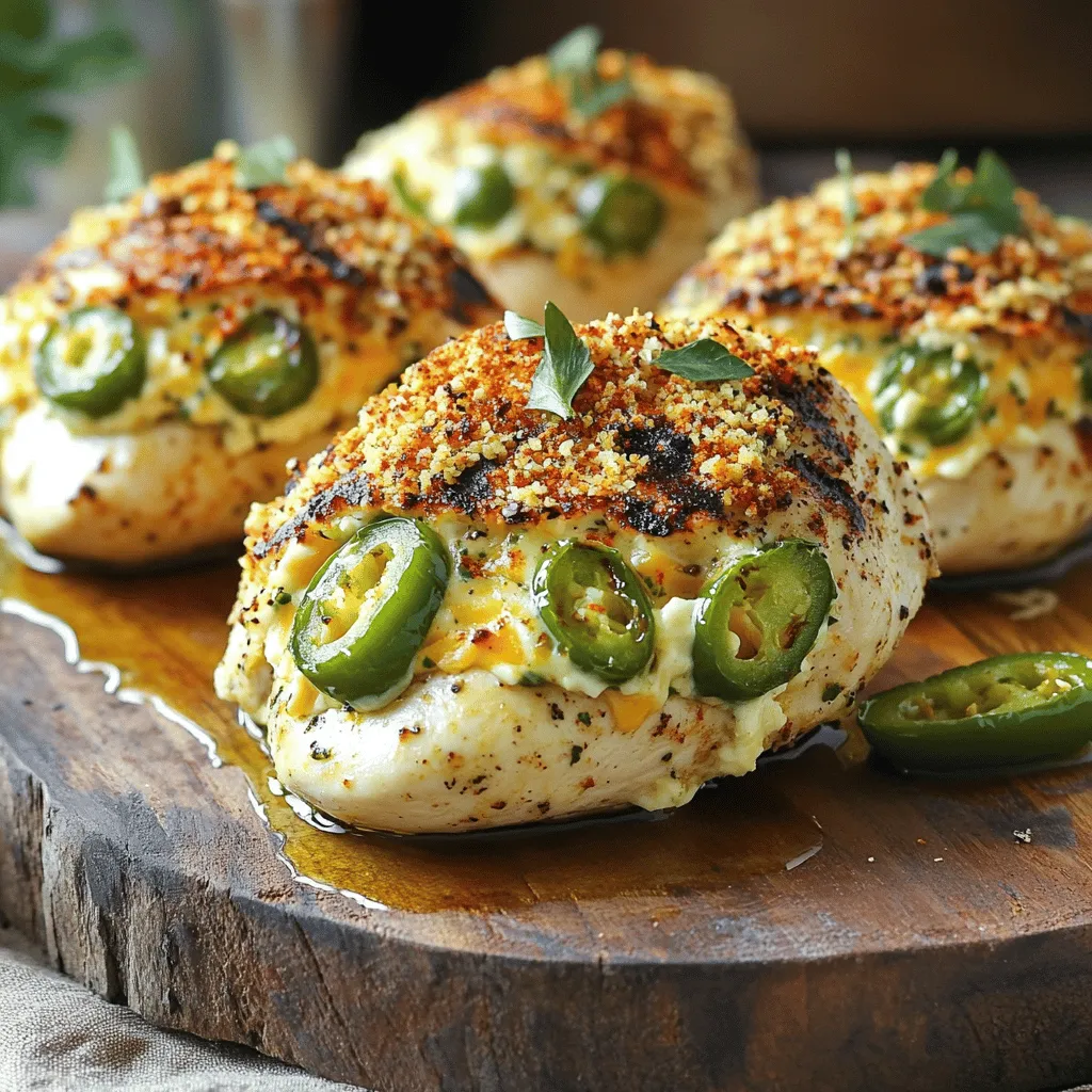 - 4 boneless, skinless chicken breasts - 4 ounces cream cheese, softened - 1 cup shredded sharp cheddar cheese - 2 fresh jalapeños, finely chopped - 1 teaspoon garlic powder - 1 teaspoon smoked paprika - 1 teaspoon onion powder - Salt and pepper to taste - 1 cup panko breadcrumbs (for crunch) - Olive oil for brushing When it comes to flavor, the right mix of ingredients makes all the difference. For a great Jalapeno Popper Grilled Chicken, I focus on fresh and quality items. You want juicy chicken, creamy cheese, and that kick from jalapeños. Start with boneless, skinless chicken breasts. They cook evenly and soak up flavors well. Cream cheese gives a rich, creamy base, while sharp cheddar adds that cheesy goodness. Adding fresh jalapeños gives heat and a fresh taste. If you like it milder, just remove the seeds. Spice is key, so don’t skip the garlic powder, smoked paprika, and onion powder. They add depth and warmth. Optional panko breadcrumbs bring great crunch if you want a crispy finish. A light brushing of olive oil helps everything brown nicely on the grill. For the full recipe, check out the complete guide. To make the filling, start by mixing the cream cheese and cheddar cheese in a bowl. You want them to blend well together. Next, add finely chopped jalapeños, garlic powder, smoked paprika, onion powder, salt, and pepper. Mix everything thoroughly until you have a creamy and tasty filling. Now, take your chicken breasts and lay them flat on a cutting board. With a sharp knife, slice each chicken breast horizontally to create a pocket. Be careful not to cut all the way through. Take a generous spoonful of your filling and stuff it inside the pocket of each chicken breast. If needed, use toothpicks to secure the opening, keeping the filling in place while cooking. Before grilling, preheat your grill to medium-high heat, aiming for about 375°F (190°C). Lightly brush each stuffed chicken breast with olive oil. Sprinkle salt, pepper, and a pinch of smoked paprika on the outside for added flavor. Place the stuffed chicken breasts on the grill. Cook them for about 6 to 7 minutes on each side. Use a meat thermometer to check if the internal temperature reaches 165°F (75°C). If you want a crunchy crust, sprinkle panko breadcrumbs on top during the last few minutes of grilling. Once done, remove the chicken from the grill. Let it rest for about 5 minutes. This helps keep the chicken juicy. Remember to take out any toothpicks before slicing the chicken in half to show off that melty, cheesy filling. For the full recipe, you can check out the details and enjoy this savory dish! To ensure your chicken is cooked right, check the internal temperature. Use a meat thermometer. Aim for 165°F (75°C) for safe eating. This step keeps your chicken juicy and prevents dryness. Resting the chicken for five minutes helps it stay moist. Juices will spread back into the meat. Want more spice? Add extra jalapeños or hot sauce to your filling. You can also mix in chili powder or cayenne pepper. For a richer taste, consider adding smoked gouda or pepper jack cheese. These changes will give your dish a unique twist. To make your dish look great, garnish with fresh cilantro or parsley. A sprinkle of chopped green onions also adds color. Serve with ranch or spicy aioli for dipping. Pair your chicken with corn on the cob or a fresh salad for a complete meal. Check the Full Recipe for more details on this delicious dish. {{image_4}} You can switch up the cheese in Jalapeno Popper Grilled Chicken. Instead of cheddar and cream cheese, try gouda or mozzarella. These cheeses melt well and add a nice taste. You can also use pepper jack cheese for a spicy twist. Mixing different cheeses gives you a new flavor each time. While grilling gives a nice smoky flavor, you can also bake this dish in the oven. Preheat your oven to 375°F (190°C). Place the stuffed chicken breasts on a baking sheet and cook for about 25-30 minutes. An air fryer is another great option. It cooks the chicken quickly and keeps it juicy. Set the air fryer to 360°F (182°C) and cook for 15-20 minutes. If you need to make this dish gluten-free, simply skip the panko breadcrumbs. The chicken will still be tasty without them. For a vegetarian option, consider using portobello mushrooms instead of chicken. Stuff the mushrooms with your jalapeno filling and grill or bake them. This way, you can still enjoy the great flavors without meat. For the full recipe, check the main body of the article. To keep your Jalapeno Popper Grilled Chicken fresh, store it in an airtight container. Place the chicken in the fridge right after it cools. This will help retain moisture and flavor. Leftovers stay fresh for about three to four days in the refrigerator. Use within this time for the best taste. You can freeze this chicken either before or after cooking. If you freeze it before cooking, wrap each piece tightly in plastic wrap. Then put them in a freezer bag. This way, it can last for about three months. If you cook it first, let it cool down. Then, place it in a container and freeze. Always label the bag with the date. For thawing, place the chicken in the fridge overnight. This method keeps it safe. If you need it faster, you can use the microwave. Just be careful not to cook it while thawing. To reheat chicken and keep it moist, use the oven or stovetop. Preheat the oven to 350°F (175°C). Cover the chicken with foil to trap moisture. Heat for about 20 minutes or until warm all the way through. If using the stovetop, add a little water or broth to the pan. Heat on low to medium heat, covering it with a lid. This helps steam the chicken, keeping it juicy. Avoid reheating in the microwave if you can. It can dry out the chicken and make it chewy. Always aim for gentle heat to enjoy the full flavor. For more tips, check out the Full Recipe for Jalapeno Popper Grilled Chicken. Cook the chicken for about 6-7 minutes on each side. This timing works well at medium-high grill heat, around 375°F (190°C). Always check the internal temperature. It should reach 165°F (75°C) for safe eating. Yes, you can prep ahead! Stuff the chicken breasts with the jalapeño filling a few hours before cooking. Just cover and chill them in the fridge. This helps the flavors blend and saves time on cooking day. Pair this dish with fresh sides for balance. Consider these options: - Grilled corn on the cob - Creamy coleslaw - Rice pilaf - Steamed broccoli - A fresh garden salad These sides complement the rich flavors of the chicken. The heat level can vary. For a milder dish, remove the seeds from the jalapeños. You can also use fewer jalapeños or substitute them with sweet peppers. Adjust the spice to your taste! Jalapeno Popper Grilled Chicken is a fun dish to make and eat. We covered the ingredients and preparation steps, plus tips for grilling and storage. Remember to check chicken temperature for safe cooking and keep it juicy. You can change the cheese or cooking method to suit your taste. Enjoy making this dish with friends or family. Jalapeno Popper Grilled Chicken is sure to impress everyone at your next meal. Get creative and have fun with the flavors!