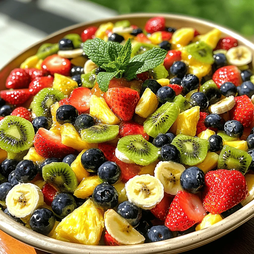 - 2 cups fresh strawberries, hulled and quartered - 1 cup plump blueberries - 1 cup kiwi, peeled and diced into bite-sized pieces - 1 cup ripe pineapple, diced - 1 banana, sliced into rounds For this salad, I love using a mix of bright and juicy fruits. Strawberries add sweetness and color. Blueberries bring a pop of flavor that is hard to resist. Kiwi gives a tangy twist, while pineapple adds a tropical vibe. Lastly, bananas add creaminess and help balance the flavors. - 3 tablespoons pure honey - 2 tablespoons freshly squeezed lime juice - Zest of 1 lime The dressing is simple yet magical. Honey acts as a sweetener that blends well with lime juice. Lime juice adds a zesty kick that brightens the fruit. The lime zest gives extra aroma and flavor. This dressing is key to making the fruits shine. - Fresh mint leaves - Alternative garnishes Mint leaves add a fresh touch and look great on top. You could also use shredded coconut or chopped nuts as alternative garnishes. They add texture and flavor, making your salad even more delightful. For the full recipe, check out the details above! Start with the strawberries. Hulling means removing the green top. Quarter each strawberry to make small pieces. Next, take the kiwi. Peel off the skin, then dice it into small bites. Now, grab the pineapple. Cut it into similar-sized cubes. Finally, take the banana. Slice it into rounds about half an inch thick. In a small bowl, mix the pure honey. Add the freshly squeezed lime juice next. Then, grate the lime to get the zest. Stir everything together until it looks smooth. This is your tasty dressing. In a large bowl, add all the fruits you prepared. Drizzle the honey lime dressing over them. Gently toss the fruits to coat them well. Be careful not to mash them. Let the salad sit for about 10 minutes. This helps the flavors blend nicely. For the full recipe, check out the detailed instructions to create this delightful dish! Selecting Ripe Fruits To make your Honey Lime Fruit Salad shine, start with ripe fruit. Look for strawberries that are bright red and firm. Choose blueberries that are plump and have a deep blue color. For kiwi, pick ones that feel slightly soft when you press gently. Pineapples should smell sweet and feel heavy for their size. Lastly, select bananas that have a few brown spots, indicating ripeness. Seasonal Fruit Options Using seasonal fruits can elevate your salad. In spring, strawberries and blueberries are plentiful. Summer brings peaches and cherries, adding sweetness. Fall is great for apples and pears. In winter, citrus fruits like oranges and grapefruits can add a fresh twist. Always consider what’s in season for the best flavors. Best Practices for Freshness To keep your salad fresh, store it in an airtight container. This will help prevent browning and keep the fruit crisp. If you have leftovers, eat them within two days. The lime dressing can help preserve the fruit's color and taste. How to Prepare in Advance You can prepare the fruit salad a few hours ahead. Mix the fruits but wait to add the dressing until just before serving. This keeps the fruit from becoming soggy. If you must add the dressing early, stir gently to avoid mashing the fruit. Presentation Ideas Serve your Honey Lime Fruit Salad in clear bowls. This shows off the vibrant colors of the fruit. You can also layer the fruits in a glass for a beautiful display. Garnish with fresh mint leaves for a pop of color and extra flavor. Pairing with Other Dishes This salad pairs well with grilled chicken or fish. It also makes a great side dish for picnics. You can even enjoy it as a light dessert. The sweet and tangy flavors complement many meals, making it a versatile choice. For the full recipe, check out the details provided earlier. {{image_4}} You can make this salad your own by adding different fruits. Tropical fruits work great. Try mango or papaya for a sweet touch. You can also add oranges for a burst of citrus. If you want something simpler, berries are a lovely choice too. Raspberries and blackberries mix well with the honey lime dressing. Melons like cantaloupe or honeydew add a refreshing taste. These fruits can change the vibe of your salad. Not everyone likes the same sweetness. You can try alternative sweeteners like agave or maple syrup. These can add a unique flavor to your salad. If you want less sweetness, simply cut back on the honey. You can also adjust the lime flavor. Add more lime juice for a tangy kick, or use less for a milder taste. This way, you can create a balance that suits your palate. Adding nuts or seeds can give your salad extra crunch. Almonds sliced thinly work well. They add a nutty flavor and texture. Chia seeds are another great choice. They are small but pack a lot of nutrition. Sprinkle them on top for added health benefits. These additions not only enhance flavor but also boost the salad's nutritional value. Enjoy experimenting with these fun variations! - How Long It Lasts in the Fridge Honey lime fruit salad stays fresh for about 2 to 3 days in the fridge. The fruits keep their taste and texture well during this time. - Should You Store With Dressing? I recommend storing the salad without the dressing. If you add the dressing, the fruits may become mushy. Instead, keep the dressing separate. Add it just before serving for the best taste. - Can You Freeze the Salad? I do not suggest freezing honey lime fruit salad. Freezing changes the texture of the fruits. They may become soft and watery once thawed. - Best Practices for Freezing Fruits If you want to freeze fruits, cut them into small pieces. Place them in airtight bags. Use them for smoothies or baking later, not in the salad. - Ideas for Using Leftover Salad If you have leftover salad, try mixing it into yogurt or oatmeal. You can also blend it into smoothies for a fruity boost. - Creative Recipes with Remaining Ingredients You can make a fruit parfait with layers of yogurt and granola. Or, use the fruits in a tart or as a topping for pancakes. These ideas help you enjoy every bite of your ingredients. For the complete recipe, check out the [Full Recipe]. You can use many fruits for this tasty salad. Here are my top picks: - Strawberries: Sweet and juicy, they add a bright red color. - Blueberries: Small and bursting with flavor, these are a must. - Kiwi: This adds a fun green hue and a tangy taste. - Pineapple: Sweet and tropical, it brings a sunny vibe. - Banana: Soft and creamy, it balances the crunch of other fruits. Mixing these fruits gives a great taste and texture. Feel free to try your favorites. Other fruits like mango or melon work too. The goal is to have fun and enjoy every bite! Yes, you can prepare this salad ahead of time. Just follow these steps: - Chop the fruits and store them in an airtight container. - Keep the dressing separate. Mix it in right before serving. This keeps the fruits fresh and crunchy. You can make it a few hours in advance. Just don’t wait too long; it’s best enjoyed fresh! Honey Lime Fruit Salad is very healthy. Here are some benefits of its ingredients: - Fruits are rich in vitamins and minerals. They boost your immune system. - Honey adds natural sweetness and has antioxidants. - Lime juice helps with digestion and adds flavor without extra sugar. This salad provides a refreshing snack or side dish. It’s a guilt-free way to satisfy your sweet tooth. Enjoy this healthy treat! For the full recipe, check out the detailed instructions. This blog post covered the key steps to making a Honey Lime Fruit Salad. You learned about selecting fresh fruits like strawberries, blueberries, and kiwi. I also shared how to create the perfect dressing with honey and lime. Helpful tips on storage and variations let you personalize your salad. With these ideas, you can enjoy a tasty and healthy dish anytime. Get creative and make it your own!