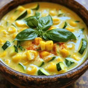 - Fresh corn kernels (4 cups) - Zucchini (2 medium) - Onion (1 medium) - Garlic (2 cloves) - Vegetable broth (4 cups) - Heavy cream or coconut milk (1 cup) - Smoked paprika (1 teaspoon) - Dried thyme (1 teaspoon) - Salt and black pepper - Choosing the best corn: Look for ears with bright green husks. The kernels should be plump and milky when pressed. This tells you the corn is fresh and sweet. - Picking ripe zucchinis: Choose zucchinis that are firm and smooth. They should have a vibrant green color. Avoid any with blemishes or soft spots. - Importance of fresh herbs: Fresh herbs add vital flavor. Look for bright green leaves and a strong aroma. Basil and thyme are great choices for this chowder. Use these tips to ensure your chowder bursts with flavor. Fresh ingredients make all the difference! For the full recipe, check out the details above. 1. Start by heating the olive oil in a large pot over medium heat. 2. Add the chopped onion and sauté it for about 5 minutes. You want the onion soft and translucent. 3. Next, add the minced garlic to the pot. Cook for another minute, stirring often. The garlic should smell nice and golden. 4. Now, it's time to add the diced zucchini and corn kernels. Stir them well. Cook for another 3-5 minutes. The zucchini should soften, and the corn will start to smell sweet. 1. Pour in the vegetable broth. Increase the heat until it boils gently. 2. Once boiling, lower the heat and let it simmer uncovered for 15-20 minutes. The zucchini should be tender, and the flavors will blend well. 3. Use an immersion blender to blend half of the chowder. This gives it a creamy texture while keeping some chunks. If you don't have one, carefully transfer half to a blender, then return it to the pot. 1. Stir in the heavy cream or coconut milk. Add smoked paprika and dried thyme for extra flavor. 2. Season with salt and pepper to taste. Let it simmer for another 5-10 minutes. This ensures it heats through and the flavors meld. 3. Serve your chowder warm, garnished with fresh basil leaves for a lovely touch. This recipe is a perfect summer dish. You can find the full recipe in the article. Enjoy! - Best blending techniques: For a creamy chowder, use an immersion blender. Blend only half the chowder, keeping some chunks intact. This gives you a nice mix of creamy and chunky texture. If you don’t have an immersion blender, carefully transfer half to a regular blender, blend, and return it to the pot. - Avoiding overcooking veggies: Cook the zucchini until soft but not mushy. This keeps the flavor bright and fresh. Add the zucchini after the onion and garlic. Cook just until they are tender, about 3 to 5 minutes. - Suggestions for ingredient swaps: Try using fresh herbs like dill or cilantro instead of basil. They can add a fresh twist to your chowder. For a different taste, swap heavy cream with coconut milk. It offers a nice, creamy texture without dairy. - Incorporating spices for depth: Add a pinch of cayenne pepper for heat or some curry powder for warmth. Smoked paprika is great for a smoky flavor. Just a teaspoon will elevate your chowder instantly. - Prepping ingredients in advance: Chop your onion and zucchini the night before. Store them in the fridge for a quick start. You can also shuck the corn ahead of time, making cooking easier. - Using frozen corn and store-bought broth: Frozen corn works well in this recipe. It’s sweet and saves time. Store-bought broth can cut down on cooking time too. Just choose low-sodium options for better control over the salt. Using these tips, you can make your Summer Corn and Zucchini Chowder simple, tasty, and quick! For the complete preparation, check out the Full Recipe. {{image_4}} To make this chowder vegan-friendly, swap the heavy cream for coconut milk. This gives it a creamy texture without dairy. Use vegetable broth instead of chicken broth to keep it plant-based. Your taste buds won’t miss a thing! For gluten-free options, ensure your broth is gluten-free. Most vegetable broths work great. If you add any thickeners, check they are gluten-free as well. You can elevate the chowder by adding proteins like chicken or shrimp. Cook these proteins separately and add them during the last simmer. This adds richness and heartiness to the dish. Incorporating different herbs can change the flavor. Try fresh dill or cilantro for a unique twist. They add bright notes that enhance the chowder's freshness. Instead of zucchini, use butternut squash. It brings a sweet, nutty flavor and a creamy texture. This swap works well in the fall and adds a seasonal touch. You can also substitute other summer vegetables. Bell peppers or green beans can add crunch and color. Mixing in seasonal produce keeps the chowder exciting and fresh. For the full recipe, check out the Sunny Summer Corn and Zucchini Chowder. After enjoying your chowder, store any leftovers in the fridge. Use an airtight container. This keeps the chowder fresh for up to three days. If you want to save it longer, freeze it! Pour the cooled chowder into freezer-safe bags or containers. Be sure to leave some space for expansion. It can last up to three months in the freezer. When ready to eat, reheat the chowder carefully. The best way is on the stove over low heat. Stir often to avoid burning. You can also use a microwave. Pour the chowder into a microwave-safe bowl. Heat it in short increments, stirring in between. This method helps keep the texture smooth and flavors intact. How long can you keep chowder? In the fridge, it lasts about three days. If frozen, it's good for three months. Always check for spoilage. Look for changes in smell or color. If it smells sour or looks off, throw it away. Enjoy your Summer Corn and Zucchini Chowder knowing you can store it safely for later meals! For the full recipe, check the details above. Summer Corn and Zucchini Chowder is a creamy soup full of fresh flavors. It features sweet corn and tender zucchini, making it a perfect summer dish. You will enjoy the delightful mix of textures. The chowder has a rich taste, thanks to the heavy cream and spices. It is easy to make and can be a meal on its own or a side dish. Yes, you can make this chowder a day in advance. Just store it in the fridge after cooking. The flavors will deepen overnight, making it even tastier. When ready to serve, simply reheat it on the stove. Make sure to stir well as it warms up. This chowder pairs well with many sides. You can serve it with crusty bread for dipping. A light salad with fresh greens also works nicely. For a heartier meal, consider a grilled cheese sandwich. Each option complements the chowder's flavors. You can use frozen corn and zucchini if fresh ones aren’t available. They are easy to find and save time. Just make sure to thaw them before cooking. This will help retain the texture and flavor in your chowder. Using frozen veggies can still yield a tasty dish! We explored how to make a delicious summer corn and zucchini chowder, using simple ingredients like fresh corn, zucchini, and broth. I shared tips for selecting fresh produce and techniques to achieve the perfect texture. You can adjust flavors and make variations for dietary needs. Remember to store leftovers properly and know their shelf life. This chowder is not just easy to make; it's also versatile and tasty for any meal. Dive in and enjoy creating this comforting dish!