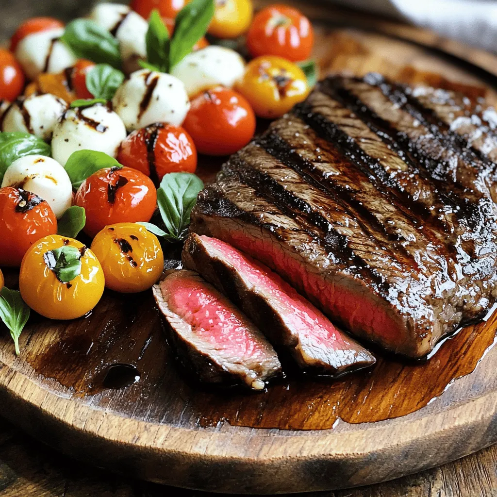 - 1 ½ lbs flank steak - 1 cup balsamic vinegar - 3 tablespoons honey - 1 teaspoon garlic powder - 1 teaspoon freshly cracked black pepper - 1 teaspoon sea salt - 1 cup cherry tomatoes, halved - 8 oz fresh mozzarella balls, halved - 1 cup fresh basil leaves, gently torn - 2 tablespoons extra virgin olive oil - Grill or grill pan - Mixing bowl - Meat thermometer - Serving platter The main ingredients for Balsamic Grilled Flank Steak Caprese include flank steak and balsamic vinegar. The steak provides rich flavor, while the balsamic adds a sweet, tangy touch. Honey balances the acidity, making the marinade delightful. Simple seasonings like garlic powder, black pepper, and sea salt enhance the taste. The Caprese salad ingredients complement the steak. Cherry tomatoes bring sweetness, and fresh mozzarella adds creaminess. Torn basil leaves give a fragrant note. Extra virgin olive oil ties everything together, enhancing the dish's overall flavor. You will need a grill or grill pan to cook the steak. A mixing bowl helps combine the marinade. A meat thermometer ensures perfect doneness. Lastly, a serving platter shows off your meal beautifully. For the complete step-by-step preparation of this dish, refer to the Full Recipe. - In a mixing bowl, whisk together: - 1 cup balsamic vinegar - 3 tablespoons honey - 1 teaspoon garlic powder - 1 teaspoon freshly cracked black pepper - 1 teaspoon sea salt - Place the flank steak in a resealable bag. - Pour the marinade over the steak, making sure it coats every inch. - Seal the bag tightly and refrigerate for at least 1 hour, or up to 4 hours for deeper flavor. - Preheat your grill to medium-high. Aim for around 400-450°F (200-230°C). - After marinating, take the flank steak out of the bag. - Let any excess marinade drip off, then discard the leftover marinade. - Place the flank steak directly on the hot grill. - Grill for about 5-7 minutes on one side. - Flip and grill for another 5-7 minutes. - Check the internal temperature with a meat thermometer. It should read 130-135°F (54-57°C) for medium-rare. - After grilling, transfer the steak to a cutting board. Let it rest for 5-10 minutes before slicing. - In a medium-sized bowl, combine: - 1 cup cherry tomatoes, halved - 8 oz fresh mozzarella balls, halved - 1 cup fresh basil leaves, gently torn - Drizzle 2 tablespoons of extra virgin olive oil over the mixture. - Gently toss everything to coat evenly. - Slice the rested flank steak thinly against the grain. - Arrange the steak on a serving platter. - Place the Caprese salad next to the steak. - Drizzle extra balsamic vinegar over the dish if desired. For the full recipe, refer to the instructions above. Marinating your flank steak is key. It enhances flavor and tenderness. Aim for at least one hour, but four hours is best. If you’re short on time, consider using soy sauce or citrus juice. These alternatives add a tasty twist to the dish. To get those perfect grill marks, place the steak on the hot grill and leave it untouched for a few minutes. This allows char to form. Flare-ups can happen when fat drips onto the flames. To avoid this, trim excess fat from your steak and keep a spray bottle of water handy. For a stunning plate, arrange the steak slices on one side and the Caprese salad on the other. This creates a visual balance. Fresh basil leaves make a great garnish. Drizzling balsamic reduction adds a touch of elegance and extra flavor to your dish. {{image_4}} If you want to switch things up, try chicken or pork. Both meats grill well and soak up flavors nicely. For chicken, use boneless breasts or thighs. Marinate them just like the flank steak. For pork, consider pork tenderloin for a tender bite. For vegetarian options, you can grill portobello mushrooms or eggplant. Both have a meaty texture that works great with the balsamic marinade. Just slice them thickly, marinate, and grill. They will add a unique twist to your meal. You can enhance your Caprese salad with different ingredients. Adding creamy avocado gives a rich flavor and texture. Simply slice the avocado and toss it with the tomatoes and mozzarella. Another great option is arugula. This peppery green adds a nice bite. Substitute mozzarella with burrata for a creamier experience. Burrata melts beautifully and enhances the dish's richness. To elevate your dish, consider making a balsamic reduction. Simply simmer balsamic vinegar until it thickens. This sweet and tangy drizzle adds depth to the flavors. For an infused balsamic sauce, add herbs like rosemary or thyme while reducing. This adds extra flavor layers to the sauce. You can also try infusing the vinegar with garlic or chili for a kick. For the full recipe, check out the detailed steps provided earlier. Enjoy experimenting with these variations! To keep your Balsamic Grilled Flank Steak Caprese fresh, store leftovers in an airtight container. This will help maintain flavor and texture. Place the steak in one container and the Caprese salad in another. This way, the salad won’t get soggy. Refrigerate them right after serving. They should last for about three days. When reheating steak, use gentle heat. The best method is to warm it in a skillet over low heat. This keeps the meat juicy. Avoid using a microwave as it may dry out the steak. For the Caprese salad, do not heat it. Just serve it cold for the best taste. You can add a drizzle of olive oil before enjoying. You can freeze the grilled flank steak, but the Caprese salad does not freeze well. Wrap the steak tightly in plastic wrap, then place it in a freezer bag. This keeps the meat from getting freezer burn. When ready to eat, thaw it in the fridge overnight before reheating. Enjoy your flavorful steak later! You should marinate the flank steak for at least 1 hour. For best results, let it sit for up to 4 hours. This longer time helps the meat soak up all the great flavors. The ideal grill temperature for flank steak is between 400-450°F (200-230°C). This medium-high heat gives you a nice sear while keeping the inside juicy. Yes, you can make this recipe in advance. Marinate the steak and store it in the fridge. You can also prepare the Caprese salad early. Just keep it in a separate container to stay fresh. You can serve this dish with a variety of sides. Grilled vegetables, garlic bread, or a light green salad work well. For drinks, try a chilled red wine or sparkling water. Yes, you can use other vinegars. Red wine vinegar adds a nice tang. Apple cider vinegar gives a fruity twist. Each vinegar brings a unique flavor to your steak. This post covered how to make Balsamic Grilled Flank Steak Caprese. We explored key ingredients, cooking steps, and handy kitchen tools. Marinating the steak enhances its flavor. Grilling adds that perfect smoky taste. Remember to experiment with recipes and variations. Trying different proteins or salad add-ons can lead to new favorites. Follow storage tips to enjoy leftovers later. With practice, you'll master this dish and impress your friends!