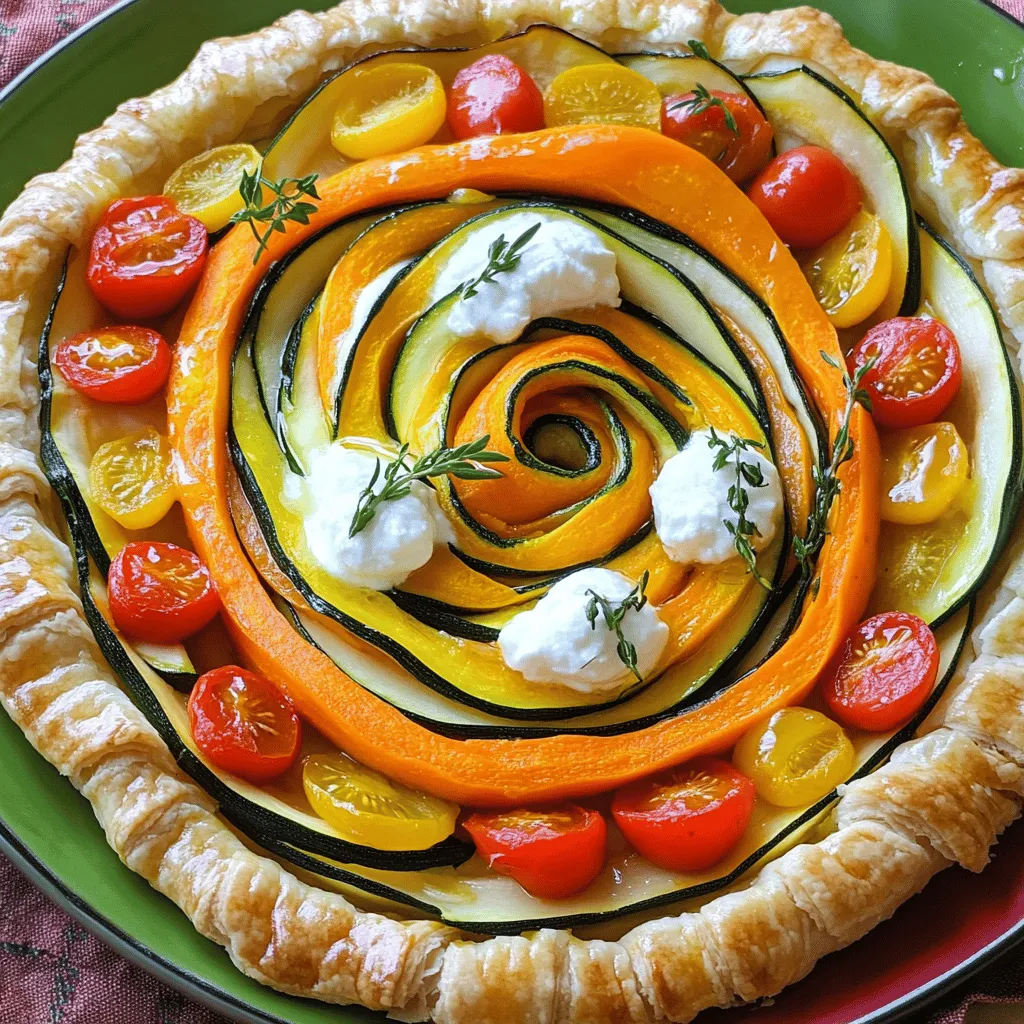- 1 sheet of puff pastry (thawed if frozen) - 2 medium zucchinis, thinly sliced - 2 medium carrots, thinly sliced - 1 medium sweet potato, peeled and thinly sliced - 1 cup cherry tomatoes, halved - 1 cup ricotta cheese - 1 cup grated mozzarella cheese The main ingredients for this Spiral Vegetable Tart are simple yet vibrant. Puff pastry is the base. It creates a flaky layer that holds everything together. Fresh vegetables add color and flavor. Zucchini, carrots, and sweet potatoes bring a nice texture. The ricotta and mozzarella cheeses provide creaminess. They balance the veggies and enhance the taste. - 1 tablespoon fresh thyme leaves - 1 tablespoon olive oil - Salt and pepper to taste - 1 egg (for egg wash) Seasoning is key to making your tart shine. Fresh thyme gives a nice herb flavor. Olive oil adds richness. Salt and pepper bring out the natural flavors of the vegetables. The egg wash helps the pastry turn golden brown. This adds an appealing finish to your dish. - Tart or pie dish - Baking sheet - Mandolin or knife for slicing Having the right tools makes cooking easier. A tart or pie dish holds the pastry and filling. A baking sheet is essential for catching any drips. Use a mandolin or sharp knife to slice the vegetables thinly. This ensures even cooking and a beautiful spiral design. By gathering these ingredients and tools, you set yourself up for success. Each part plays a role in creating a delicious Spiral Vegetable Tart. If you're ready to dive in, check out the Full Recipe for all the detailed steps! First, preheat your oven to 400°F (200°C). This heat helps the pastry puff up nicely. Next, roll out the puff pastry on a lightly floured surface. Make sure it is big enough for your tart dish. Gently place the pastry in the dish and trim any extra edges. Use a fork to prick the base. This step keeps the pastry flat while baking. In a medium bowl, mix together the ricotta cheese, grated mozzarella, fresh thyme leaves, olive oil, and a sprinkle of salt and pepper. Stir until it is smooth and creamy. Spread this mixture evenly over the pastry base. It should cover the whole surface for a rich flavor. Now comes the fun part! Start layering your sliced vegetables in a spiral. Begin with the zucchini, then add the orange carrot slices, followed by the sweet potato rounds. Finally, top it all with the cherry tomato halves. Keep going until you use all the veggies. This creates a lovely spiral design that is both pretty and tasty. To give the tart a shiny finish, whisk the egg in a small bowl for the egg wash. Brush it over the edges of the pastry. This step makes it golden as it bakes. Place the tart in the oven and bake for 30-35 minutes. You want the pastry to be golden and flaky, with tender vegetables. When done, carefully take it out and let it cool for a few minutes. This cooling time makes slicing easier. For the complete process, check out the Full Recipe. To get a crispy pastry, start with a hot oven. Preheat it to 400°F (200°C). Use a fork to prick the base of the pastry. This helps it bake evenly. Bake for 30-35 minutes until golden. Keep an eye on it near the end to avoid burning. For even baking, slice your vegetables thinly and evenly. I recommend using a mandolin for quick and uniform cuts. It makes the process easy and fun. Thin slices cook better and fit perfectly in your spiral design. Serve your tart warm on a colorful plate to make it pop. A vibrant plate adds to the meal's joy. For garnish, sprinkle fresh thyme leaves on top. It adds a lovely touch and a fresh taste. Enjoy the beautiful colors and flavors of your creation! {{image_4}} You can use many vegetables for your Spiral Vegetable Tart. Try swapping zucchinis for eggplant or squash. Carrots can be replaced with parsnips for a sweet touch. Sweet potatoes can be changed for beets or even turnips. Adding seasonal herbs can brighten your tart. Fresh basil, dill, or parsley can enhance the flavors. Feel free to mix and match based on what you find at your local market. For gluten-free options, use a gluten-free pastry. Many stores offer gluten-free puff pastry now. It works just as well and still gives you that flaky texture. If you're looking for vegan alternatives, skip the cheeses. Use cashew cream or a mix of silken tofu and nutritional yeast. This gives a creamy texture and adds flavor. You can easily add spices for extra flavor. A pinch of smoked paprika or garlic powder can elevate your dish. Try adding crushed red pepper for a little heat. Incorporating different cheeses can also change the taste. Feta or goat cheese can add a tangy kick. You can even use vegan cheese if you prefer. These variations let you make the Spiral Vegetable Tart your own. Enjoy experimenting with flavors and textures! After you enjoy your Spiral Vegetable Tart, store leftovers in an airtight container. This keeps them fresh and tasty. Place the tart in the fridge within two hours of baking. It will stay good for up to three days. To freeze the tart, first, let it cool completely. Then, wrap it tightly in plastic wrap and place it in a freezer-safe bag. You can freeze it for up to three months. When you're ready to eat, thaw it in the fridge overnight before reheating. To keep the pastry crispy, use the oven or an air fryer. Preheat your oven to 350°F (175°C). Place the tart on a baking sheet. Heat for 15-20 minutes. If using an air fryer, set it to 350°F (175°C) and heat for about 10-12 minutes. The goal is to warm the filling while making the pastry golden and crunchy. Enjoy your tart as if it were fresh from the oven! A spiral vegetable tart is a beautiful dish made with layers of fresh vegetables. You start with a flaky puff pastry base. Then, you add a creamy cheese mixture. Next, you spiral your favorite veggies like zucchini and carrots. This tart is not just tasty; it looks stunning, too. It’s perfect for parties or a simple family dinner. You can make the tart a day before serving. Prepare the tart up to the baking step. Cover it with plastic wrap and place it in the fridge. When you're ready, simply bake it at 400°F (200°C) until golden. This saves you time and keeps the flavors fresh. Yes, using store-bought vegetables can save time. You can find pre-sliced vegetables in many grocery stores. They are convenient, but fresh vegetables have better flavor and texture. If you choose store-bought, pick high-quality ones for the best taste. The tart is done when the pastry is golden brown. The vegetables should be tender and fragrant. You can poke a knife into the center. If it comes out hot and clean, your tart is ready. Enjoy the lovely aroma as it bakes! You learned how to make a delicious spiral vegetable tart. Start with puff pastry, fresh veggies, and cheese. We discussed seasoning with herbs and why tools like a mandolin matter. Preheat your oven and prepare the ricotta mix to create layers. Remember, you can customize this dish with different vegetables and flavors. Store leftovers the right way to keep them fresh. Enjoying this unique tart can bring joy to any meal. Happy cooking!