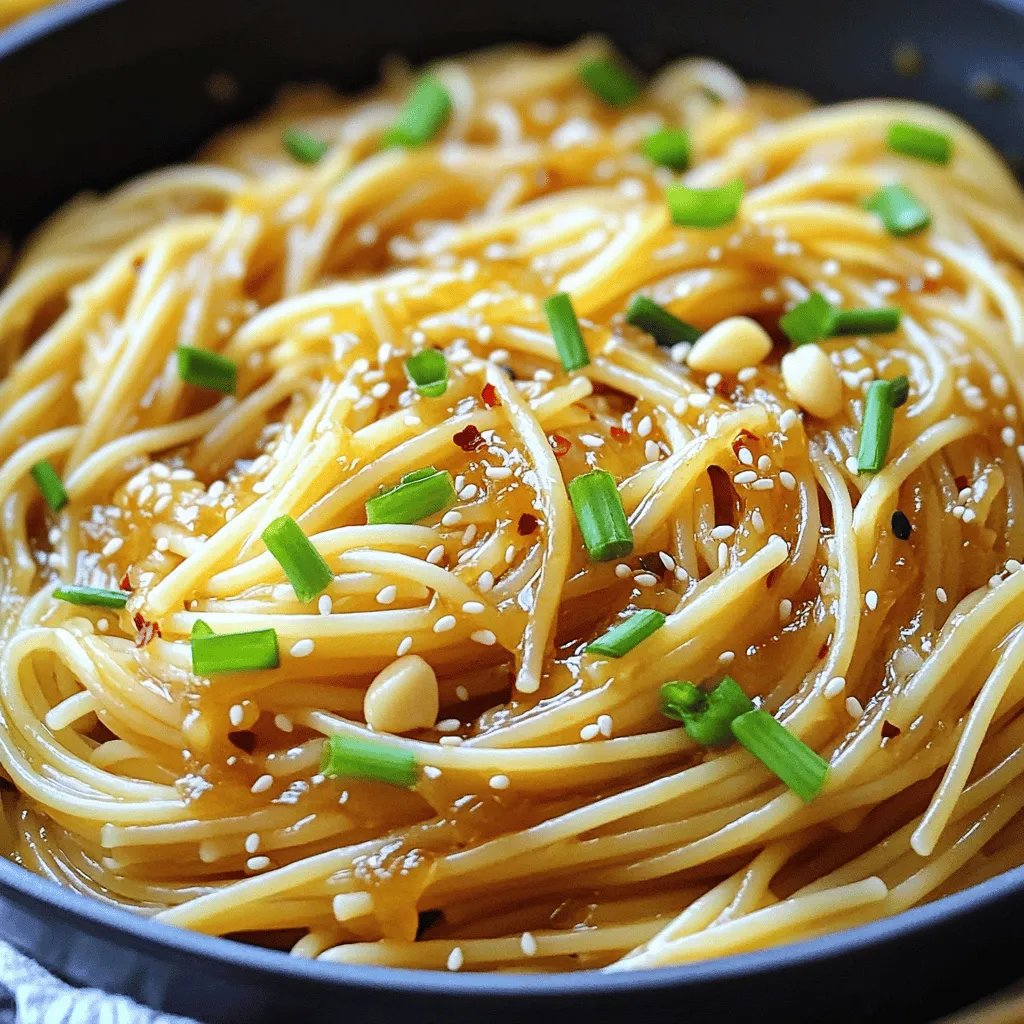 - 8 oz spaghetti or linguine - 3 tablespoons honey - 4 cloves garlic, finely minced The main ingredients set the stage for a tasty meal. The spaghetti or linguine provides the perfect base. Honey adds sweetness, while garlic brings a bold flavor. - 1 tablespoon soy sauce - 1 tablespoon extra virgin olive oil - 1/2 teaspoon crushed red pepper flakes (optional) The soy sauce adds a savory depth, balancing the honey's sweetness. The olive oil helps cook the garlic and enhances the sauce. If you like heat, add the crushed red pepper flakes. - 1/4 cup green onions, thinly sliced - 1/4 cup toasted sesame seeds - Salt and freshly ground black pepper to taste Garnishes elevate the dish. Green onions add freshness and color. Toasted sesame seeds give a nutty crunch. Always season with salt and pepper for the best flavor. For the full recipe, check out the details and get cooking! To cook spaghetti or linguine, start with a large pot of boiling salted water. Add the pasta and stir it gently. Follow the package instructions to find the right cooking time. For the best texture, aim for al dente, which means firm to the bite. This helps the pasta hold up when mixed with the sauce. When done, drain the pasta but save about 1/2 cup of cooking water for later. In a large skillet, heat 1 tablespoon of extra virgin olive oil over medium heat. Add the minced garlic and sauté it for 1-2 minutes, stirring often. You want the garlic to turn fragrant and slightly golden, but be careful. If it burns, the dish will taste bitter. Keep a close eye on it as it cooks. While the garlic cooks, whisk together the honey and soy sauce in a small bowl. If you like a little heat, add crushed red pepper flakes. Make sure to blend everything well. This step is key because it helps the flavors mix nicely, making your sauce taste amazing. Once the garlic is ready, pour the honey garlic mixture into the skillet. Stir the sauce with the garlic and let it simmer for 1-2 minutes. Then, add the cooked pasta right into the skillet. Toss the pasta gently to coat it in the sticky honey garlic sauce. If the sauce seems too thick, slowly add the reserved cooking water. This helps achieve your desired consistency. Season the pasta with salt and freshly ground black pepper to taste before serving it warm. For the full recipe, check out the complete details. To create a taste that sings, balance sweetness and saltiness. Honey brings sweetness, while soy sauce adds a salty kick. Adjust these to fit your taste. You can enhance your dish with spices like black pepper or herbs like basil. These small changes make a big difference. Multitasking is key when cooking. While your pasta cooks, prep your garlic and sauce. This way, everything is ready at the same time. I like to chop my green onions and measure my honey before starting. It saves time and makes cooking easier. How you present your dish matters. Serve the pasta in a wide bowl for a nice look. Top it with green onions and sesame seeds for a pop of color. You can pair this dish with a light salad or a glass of white wine. These choices complement the sweet and savory notes. For a special touch, drizzle a little extra honey on top before serving. This adds shine and richness to your meal! {{image_4}} You can switch honey with maple syrup if you want a new flavor. Both sweeteners work well in this dish. If you need a vegan option, use agave syrup instead of honey. For a gluten-free version, swap regular pasta with gluten-free spaghetti. These swaps keep the taste great while meeting dietary needs. Want to make your dish heartier? Add proteins like chicken or shrimp. Cook them in the skillet before adding garlic. This adds protein and makes the meal more filling. You can also toss in vegetables. Bell peppers or spinach bring color and nutrients. Just add them while sautéing the garlic. This will make your dish even better. You can try an oven-baked version for a fun twist. Mix the pasta and sauce in a baking dish. Top it with cheese and bake until bubbly. It creates a different texture and flavor. You can also make it as a one-pot dish. Just follow the same steps but cook everything in one pot. This saves time and reduces cleanup. For the full recipe, check the main article. To store leftover Sticky Honey Garlic Pasta, let it cool first. Place it in an airtight container. This helps keep the pasta fresh. If you have a lot, divide it into smaller portions. Store it in the fridge for up to three days. Avoid using metal containers, as they can react with the sauce. Glass or plastic containers work best for storage. Reheating pasta can be tricky. I recommend using a skillet for best results. Heat the skillet over medium-low heat. Add a splash of water or broth to keep it moist. Gently stir until warmed through. If the sauce seems dry, you can refresh it. Just add a bit more honey or soy sauce. This helps restore the rich flavor of the dish. For a quick microwave method, cover the pasta with a damp paper towel. Heat in short bursts, stirring in between, until hot. If you need a soy sauce swap, try tamari or coconut aminos. Both options work well for this dish. Tamari offers a similar flavor but is gluten-free. Coconut aminos is sweeter and less salty. You can also mix equal parts of balsamic vinegar and water for a different taste. Yes, you can prepare this dish in advance. Cook the pasta and sauce separately, then combine them when ready to serve. Store the sauce in an airtight container in the fridge. It keeps well for up to three days. When reheating, add a splash of water to help restore the sauce's stickiness. The dish can be spicy if you add crushed red pepper flakes. You can adjust the amount based on your preference. For no heat, simply leave out the flakes. The honey and garlic keep the dish flavorful even without any spice. Freezing is possible, but the texture may change. To freeze, cool the pasta and sauce completely. Store them in an airtight container. When ready to eat, thaw overnight in the fridge. Reheat gently on the stove, adding a bit of water if needed. Chicken, shrimp, or tofu all work great with this pasta. Cook them separately and add them to the pasta before serving. For a hearty meal, serve alongside grilled chicken. For a lighter option, shrimp brings a nice touch. Tofu is perfect for a vegetarian choice. For the full recipe, check out the details above. This blog post covered the key ingredients and steps for making Sticky Honey Garlic Pasta. You learned about cooking techniques, flavor tips, and how to serve it well. I hope you feel ready to try this dish. It's simple, tasty, and easy to adapt. Enjoy experimenting with flavors and adding your touch. Cooking should be fun and satisfying. Make this recipe your own and share it with family and friends. Your next delicious meal is just a skillet away!