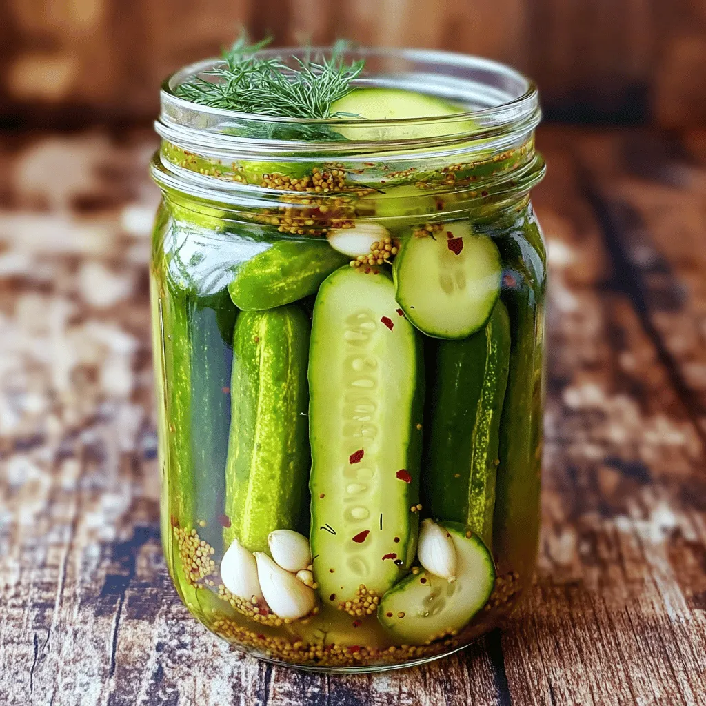 To make homemade dill pickles, you need some key ingredients. Here’s what you need: - 4 medium cucumbers, sliced into spears or rounds - 2 cups water - 1 cup distilled white vinegar - 2 tablespoons sea salt - 2 tablespoons granulated sugar - 4 cloves garlic, peeled and smashed - 1 tablespoon dill seeds - 1 teaspoon mustard seeds - 1 teaspoon black peppercorns - ½ teaspoon red pepper flakes (optional for heat) - Fresh dill sprigs (about 4-6 sprigs) Each ingredient plays a role in flavor and texture. The cucumbers give that crunchy base. The vinegar adds tang, while garlic and dill pack in that classic pickle taste. When making dill pickles, having the right tools is key. Use these items for best results: - A clean mason jar or multiple jars - A medium-sized saucepan - A cutting board and knife - A spoon for stirring - A measuring cup and spoons These tools help you prepare, cook, and store your pickles with ease. Choosing the right cucumbers makes a big difference. Here are some tips to select fresh ones: - Look for firm cucumbers with smooth skin. - Avoid cucumbers with soft spots or wrinkles. - Choose smaller cucumbers for crunchier pickles. - Check for bright green color; it shows freshness. Fresh cucumbers will give your pickles the best taste and texture. Always remember, using fresh ingredients leads to better results in the kitchen. Start by washing the cucumbers under cold water. This step is key to clean pickles. You can slice them into spears or rounds. Aim for even sizes. This helps them pickle uniformly. If you prefer crunchier pickles, leave the skin on. In a medium saucepan, mix water and distilled white vinegar. Add sea salt and sugar next. Heat the mixture on medium. Stir until the salt and sugar dissolve fully. Once dissolved, bring it to a gentle boil. Then, remove it from the heat. Let it cool for about 15-20 minutes. Take a clean mason jar. Place smashed garlic cloves at the bottom. Next, add dill seeds, mustard seeds, and black peppercorns. If you like spice, add red pepper flakes. Now, layer your cucumber spears tightly into the jar. Make sure there are no large gaps. This helps the flavors mix well. Add fresh dill sprigs among the cucumbers for added flavor. After that, pour the cooled brine over the cucumbers. Ensure they are fully covered. If needed, press them down with a spoon. Seal the jar tightly with a lid. Put the jar in the fridge for at least 24 hours. For the best taste, let them sit for 3 to 5 days. Turn them occasionally, if you can. Now you have a simple guide to making crunchy homemade dill pickles. Enjoy this fun and tasty project! For the full recipe, check the earlier section. To get the best texture and flavor in your pickles, start with fresh cucumbers. Look for firm cucumbers without soft spots. I often pick pickling cucumbers since they have a nice crunch. When slicing, keep pieces uniform. This helps them pickle evenly. After packing your jars, make sure the brine covers all cucumbers. This keeps them flavorful and crisp. If you want more crunch, consider soaking the cucumbers in ice water for an hour before pickling. Adjusting spice levels is simple. If you like heat, add more red pepper flakes. For less spice, skip them altogether. You can also tweak the mustard seeds or black peppercorns to change the flavor. Taste your brine before pouring it over the cucumbers. This way, you can add more salt or sugar if needed. Always remember, you can control the heat to suit your taste. Avoid using waxed cucumbers. Wax can hinder the pickling process. Always wash your cucumbers well. Another mistake is not letting the pickles sit long enough. For the best taste, give them at least three days in the fridge. Also, don’t forget to check the seal on your jars. A loose lid can let air in and spoil your pickles. Follow these tips, and you’ll have tasty, crunchy dill pickles every time. For a detailed recipe, check the Full Recipe. {{image_4}} Sweet dill pickles add a fun twist to the classic recipe. Start by adding more sugar to the brine. Use about 1/4 cup of sugar instead of 2 tablespoons. This change gives the pickles a nice sweetness. You can also add a pinch of cinnamon for extra flavor. Let these sit for at least 48 hours to develop that sweet taste. Sweet dill pickles are perfect for cheese trays or as a snack. If you like heat, spicy dill pickles are for you! To make them, just add more red pepper flakes. Use 1 teaspoon or more based on your taste. You can also add sliced jalapeños or serrano peppers to the jars. This will give your pickles a nice kick. Just remember to adjust the brine if you add more ingredients. Let them sit for 3 to 5 days for the best flavor. Garlic lovers will enjoy garlic dill pickles. Add more garlic cloves to your recipe for a stronger taste. Use 6 to 8 cloves instead of 4. You can also crush them for more flavor release. For a twist, try adding roasted garlic for a deeper taste. These pickles are great in sandwiches or as a side dish. Just like the others, let them sit for 3 to 5 days for peak flavor. Explore these variations to find your favorite kind of pickle! For the full recipe, check the section above. Store your homemade dill pickles in the fridge. Always use clean, airtight jars. Keep the pickles submerged in brine to maintain their crunch. Avoid opening the jars too often, as this can introduce air. If you notice the brine level dropping, just add more vinegar and water. Homemade dill pickles can last up to two months in the fridge. They taste best within the first few weeks. After that, the flavor may start to fade. Make sure to check for signs of spoilage as time goes on. Always look for changes in color or texture. If the pickles become slimy or develop an off smell, it's time to toss them. Bubbles in the jar can also indicate spoilage. If you see any mold, discard the pickles immediately. Enjoy your pickles while they’re fresh for the best taste! Homemade dill pickles need at least 24 hours to soak in the brine. For the best flavor, let them sit for 3 to 5 days. This time allows the cucumbers to absorb the brine and spices. The longer they sit, the more flavor they gain. I suggest checking them after a day to see how they taste. It’s a fun way to track their progress! Yes, you can use different types of cucumbers. While regular pickling cucumbers are best, you can try English cucumbers or even Kirby cucumbers. Just make sure they are firm and fresh. Avoid large cucumbers, as they may be too watery. Smaller cucumbers give a crunchier pickle. Feel free to experiment and find your favorite type! You can can homemade dill pickles for long-term storage, but this recipe is for quick pickles. To can them, you need to use a hot water bath method. Fill sterilized jars with pickles and hot brine, then process them in boiling water. Make sure to follow safe canning practices. This lets you enjoy your pickles throughout the year! For more details, check the Full Recipe. Making homemade dill pickles is easy and fun. I shared essential ingredients and tools you'll need. We covered how to prepare cucumbers and make the brine. Tips helped you avoid common mistakes, ensuring great texture and flavor. In the end, you can enjoy sweet, spicy, or garlic variations. Storing your pickles is simple, too, with easy shelf life tips. Homemade pickles bring fresh, zesty taste to your meals. Start your pickling adventure today and enjoy delicious results!