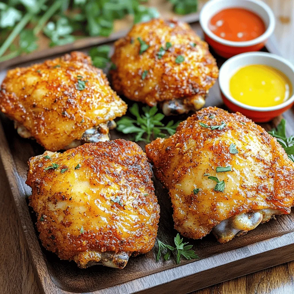 - 4 boneless, skinless chicken thighs - 1 cup buttermilk (or mixture of 1 cup milk and 1 tablespoon vinegar) - 1 cup all-purpose flour - 1 teaspoon garlic powder - 1 teaspoon onion powder - 1 teaspoon smoked paprika - 1 teaspoon dried oregano - 1/2 teaspoon cayenne pepper (adjust based on your preferred spice level) - Salt and pepper to taste - Cooking spray or olive oil spray The chicken thighs are the star of this dish. They stay juicy inside and get crispy on the outside. Buttermilk helps the chicken soak up flavor and stay moist. If you don't have buttermilk, mix milk with vinegar. This trick works great! For the dry coating, I use all-purpose flour and spices. Garlic powder gives a nice taste. Onion powder adds depth. Smoked paprika gives a hint of smokiness. Dried oregano brings an herb flavor, and cayenne pepper adds a bit of heat. Adjust the cayenne to your liking! Don't forget the salt and pepper. They boost the flavor of the chicken. The cooking spray helps the breading crisp up in the air fryer. It's key to getting that golden color. You can find the full recipe for crispy air fryer chicken at the end. Enjoy the crunch and flavor in every bite! First, you need to marinate the chicken. Use buttermilk for a tender, juicy result. In a large bowl, add the chicken thighs. Pour the buttermilk over them, ensuring they are fully covered. This helps to break down the proteins, making the chicken soft. I recommend marinating the chicken for at least one hour in the fridge. If you have more time, an overnight soak gives better flavor. Next, let’s prepare the coating. In a separate bowl, combine the dry ingredients. You will need: - 1 cup all-purpose flour - 1 teaspoon garlic powder - 1 teaspoon onion powder - 1 teaspoon smoked paprika - 1 teaspoon dried oregano - 1/2 teaspoon cayenne pepper - Salt and pepper to taste Mix these ingredients well. Even spice distribution is key to great flavor. If you skip this step, some bites may taste bland. Now it’s time to fry. First, preheat your air fryer to 400°F (200°C) for about five minutes. This helps cook the chicken evenly. Take the marinated chicken out of the buttermilk. Let any excess liquid drip off. Coat each thigh in the flour mixture. Make sure each piece is evenly covered. Place the coated chicken thighs in the air fryer basket. Lay them in a single layer for best results. Spray the tops lightly with cooking spray or olive oil spray. This helps achieve a golden crust. Cook the chicken for 22-25 minutes. Flip the pieces halfway through for even cooking. Use a meat thermometer to check that the internal temperature hits 165°F (75°C). Let the chicken rest for five minutes after cooking. This keeps it juicy and flavorful. Enjoy your crispy air fryer chicken! For a full recipe, refer to the Full Recipe section. To get the best crunch from your air fryer chicken, pay attention to temperature. Set your air fryer to 400°F (200°C). This high heat helps create that golden crust. Cook the chicken for 22-25 minutes. Flip the pieces halfway through to ensure even cooking. Air circulation is key. Avoid overcrowding the basket. Give the chicken space to breathe. This allows hot air to flow around the pieces, making them crispy. If you want to keep your chicken crispy when reheating, use your air fryer again. Set it to 350°F (175°C) and cook for about 5-10 minutes. This method helps restore the crunch. You can also use a regular oven at the same temperature. Avoid microwaving your leftovers. Microwaves can make the chicken soggy. If you must use a microwave, place a paper towel under the chicken to absorb moisture. One big mistake is overcrowding the air fryer basket. When you stack chicken pieces, they don’t cook evenly. This can lead to some parts being undercooked or not crispy. Another mistake is skipping the marination step. Marinating the chicken in buttermilk adds flavor and moisture. It also helps with tenderness. Always marinate for at least 1 hour, but overnight gives the best results. For the full recipe, refer to the section above. {{image_4}} You can switch chicken thighs for chicken breasts or wings. Each option brings its own taste and texture. Chicken breasts will be leaner but may dry out faster. Chicken wings offer a deliciously crispy skin. The same method works for all these cuts. Just adjust the cooking time as needed. Marinades also play a big role. You can try a spicy marinade with hot sauce or a herb-infused mix with fresh herbs. Both add great flavor and keep your chicken moist. Spices make a big difference in flavor. You can add cumin for a warm taste or black pepper for heat. Experiment with different spice blends to find your favorite mix. Another fun option is flavored oils. Try garlic or chili oil instead of regular oil. These will add a new layer of taste to your chicken. If you need a gluten-free option, you can use almond flour or rice flour. Both work well as a substitute for all-purpose flour. This keeps the crunch and flavor you love. Just coat the chicken the same way as with regular flour. Enjoy your crispy air fryer chicken without worry! For more details on making this dish, check out the [Full Recipe]. To keep your crispy air fryer chicken fresh, follow these steps. First, let the chicken cool down to room temperature. This helps prevent condensation in the storage container. Next, place the chicken in an airtight container. This keeps the chicken moist and prevents strong odors from other foods. You can store the chicken in the refrigerator for up to four days. For best results, use glass or BPA-free plastic containers. They are sturdy and won’t absorb smells. If you use a plastic wrap, press it tightly around the chicken. This adds another layer of protection against air. If you have extra chicken, freezing is a great idea. To freeze cooked chicken safely, first, let it cool completely. Then, wrap each piece tightly in plastic wrap. After that, place the wrapped chicken in a freezer-safe bag. Make sure to remove as much air as possible before sealing the bag. You can freeze the chicken for up to three months. When you're ready to eat, thaw the chicken in the refrigerator overnight. This method is safe and keeps the flavor intact. To reheat, use the air fryer at 350°F (175°C) for about 10 to 15 minutes. This helps restore the chicken’s crispy texture. Enjoy your meal! I recommend marinating chicken for at least 1 hour. For best flavor, try marinating overnight. The buttermilk helps tenderize the meat and adds taste. Make sure the chicken is fully covered in the marinade. Yes, you can cook frozen chicken in an air fryer. Just increase the cooking time by about 5 to 10 minutes. Ensure the internal temperature reaches 165°F (75°C). However, for best results, thawing the chicken first is ideal. Crispy air fryer chicken pairs well with many sides. Here are some great options: - Mashed potatoes - Coleslaw - Roasted vegetables - French fries - Dipping sauces like ranch or BBQ Using an air fryer is healthier than traditional frying. It uses less oil, which cuts fat and calories. Air-fried foods often have fewer harmful compounds compared to deep-fried options. This method gives you crispy chicken without the extra grease. To make crispy air fryer chicken, start with juicy thighs and a tasty buttermilk soak. Use an easy dry coating mix filled with spices for great flavor. Follow the steps for marinating, coating, and frying to achieve that perfect crunch. Remember tips like ensuring air circulation and avoiding overcrowding. You can also switch up proteins and experiment with different flavors. Store any leftovers properly for later enjoyment. With these simple methods, you can enjoy delicious, crispy chicken that feels fresh every time. Enjoy your cooking journey!