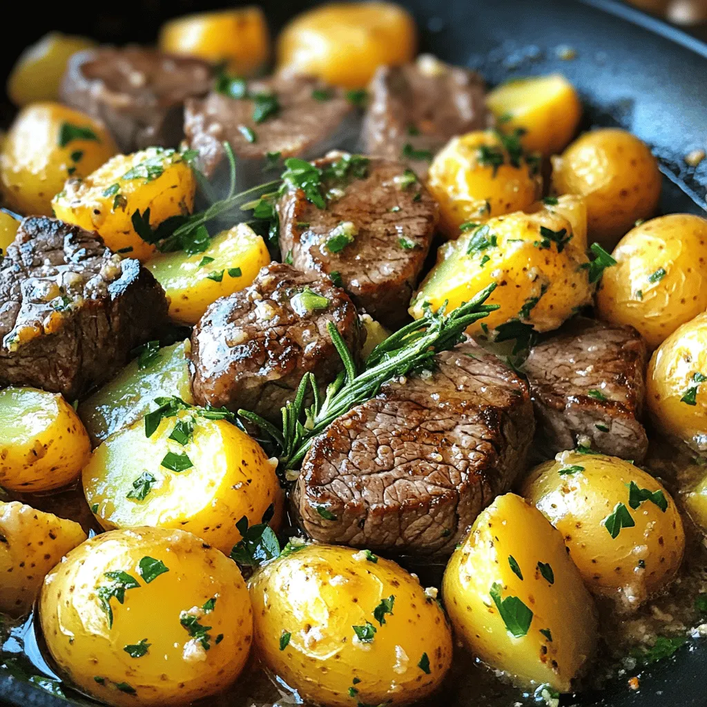 - 1 lb sirloin steak, cut into bite-sized cubes - 1 lb baby potatoes, halved - 4 tablespoons unsalted butter - 4 cloves garlic, minced - 2 tablespoons fresh rosemary, finely chopped (or 1 tablespoon dried rosemary) - 1 teaspoon smoked paprika - Salt and freshly ground black pepper, to taste - Fresh parsley, chopped (for garnish) - 2 tablespoons extra virgin olive oil In this recipe, every ingredient plays a key role. The sirloin steak brings bold flavor and tenderness. Baby potatoes add heartiness and texture. Unsalted butter provides richness, while garlic adds a punch of zest. Rosemary and smoked paprika enrich the dish with aromatic notes. Salt and pepper enhance all the flavors, making them pop. Lastly, olive oil helps with cooking and adds a touch of fruity flavor. When you gather these ingredients, you prepare for a delightful cooking journey. This dish is not just about eating; it's about enjoying the process. Each step fills your kitchen with mouthwatering aromas, making it hard to resist. You can find the full recipe for Garlic Butter Steak and Potatoes Skillet at the beginning of this article. - Heat 1 tablespoon of olive oil in a large skillet over medium heat. - Add the halved baby potatoes and season with salt and pepper. - Cook for 10-12 minutes, stirring often until golden and tender. - Remove the potatoes from the skillet and set aside. - Add the remaining tablespoon of olive oil to the skillet. - Turn the heat to medium-high and wait until hot. - Place the cubed sirloin steak in the skillet. - Season with salt, pepper, and smoked paprika. - Sear the steak for 4-5 minutes, flipping for even browning. - Remove the steak and set aside with the potatoes. - Lower the heat back to medium. - Add 4 tablespoons of unsalted butter to the skillet. - Let it melt, then add minced garlic and chopped rosemary. - Stir for 1-2 minutes until fragrant and the garlic is lightly golden. - Return the cooked potatoes and steak to the skillet. - Gently toss everything in the garlic butter. - Cook for another 2-3 minutes to meld the flavors. - Serve the tasty mix on a platter. For the full recipe, check out the details above. To cook the best steak, know your doneness levels. Here are the main temperatures to keep in mind: - Rare: 125°F - Medium rare: 135°F - Medium: 145°F - Medium well: 150°F - Well done: 160°F Getting the right temperature is key. Use a meat thermometer for the best results. After cooking, let the steak rest for at least five minutes. This step is important. Resting helps the juices settle, making the meat tender and juicy. To boost flavor, consider adding more spices. Here are some good options: - Garlic powder - Onion powder - Crushed red pepper flakes These spices can give your dish an extra kick. You can also add vegetables for more taste and nutrition. Try these: - Bell peppers - Zucchini - Mushrooms These options add texture and color to your dish. They absorb the garlic butter, enhancing the overall flavor. For more tips, check the Full Recipe to get the best out of your Garlic Butter Steak and Potatoes Skillet. {{image_4}} You can switch up the meat in this dish easily. Ribeye adds more fat and flavor. Flank steak is lean and great for marinating. If you want a lighter option, use chicken breast. Just adjust the cooking time to ensure it cooks through. Feel free to swap out the potatoes. Sweet potatoes add a nice sweetness. You can also use carrots or zucchini for a different taste. Seasonal veggies like asparagus or green beans work well, too. They add color and crunch, making the dish more vibrant. If you need gluten-free options, just check labels on your seasoning. Most spices are safe. For a dairy-free dish, use olive oil instead of butter. You can still achieve a lovely flavor without dairy. These easy swaps let everyone enjoy this meal without worry. To store your Garlic Butter Steak and Potatoes Skillet, let it cool first. This helps keep moisture in check. Once cooled, use an airtight container. Glass or plastic work well for storage. Make sure to eat your leftovers within three days for the best taste. To reheat, the best method is to use a skillet. Heat it over medium heat and add a splash of water or broth. This keeps the meal moist. Stir gently until warmed through. You can also use a microwave, but be careful not to overheat. Cover your dish with a lid or a damp paper towel to keep moisture. Enjoy your tasty meal just like when it was fresh! You can use several types of potatoes for this dish. If you can't find baby potatoes, try using: - Yukon Gold potatoes - Red potatoes - Fingerling potatoes All these varieties offer a creamy texture and great flavor. Just cut them into similar sizes for even cooking. This dish is quick to make. Here’s the breakdown: - Prep time: 15 minutes - Cook time: 15 minutes - Total time: 30 minutes You can easily serve this meal on busy nights. Yes, you can prep some parts early. Here are some tips: - Cook the potatoes: You can boil or roast them a day before. Store them in the fridge. - Cook the steak: Cook it and store it in an airtight container for up to two days. When you're ready to eat, just reheat everything in the skillet. This keeps the flavors fresh and tasty. For more details, refer to the Full Recipe. This recipe is easy and fun. You learned about the key ingredients, like sirloin and baby potatoes. Cooking steps help you create a tasty dish with garlic butter and rosemary. I shared tips for the perfect steak and ways to add vegetables. You can also store leftovers effectively. Remember, you can adjust this dish to fit your taste. Experiment with different meats or vegetables. Enjoy making this delicious meal!