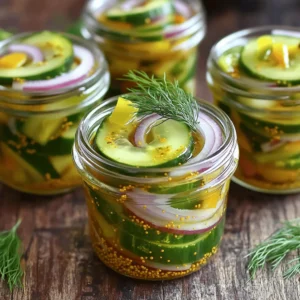 To make your mustard pickles, you need a few essential ingredients. Here’s your list: - 4 cups cucumbers, sliced into thin rounds - 1 cup red onions, thinly sliced - 1 cup bell peppers, sliced (use a mix of colors for a vibrant look) - 2 cups white vinegar - 1 cup water - 1 cup granulated sugar - 1/4 cup yellow mustard seeds - 1 tablespoon ground mustard - 1 tablespoon turmeric powder - 1 teaspoon celery seeds - 1 teaspoon garlic powder - 1 teaspoon salt - 1/2 teaspoon black pepper These ingredients come together to create a tangy and creamy flavor that makes every bite exciting. While the essential ingredients make great mustard pickles, you can enhance the taste with some optional items: - Fresh dill sprigs, for added flavor and garnish Adding dill sprigs gives your pickles a fresh, herby note. You can also try other herbs or spices based on your taste. Mustard pickles are not just tasty; they also have some nutritional value. Here’s a brief overview: - Serving Size: About 1/4 cup - Calories: Approximately 50 - Total Fat: 0g - Sodium: 400mg - Carbohydrates: 12g - Sugars: 10g - Fiber: 1g - Protein: 1g These pickles are low in calories and fat, making them a fun and guilt-free addition to your meals. Just keep in mind they do contain some sugar and sodium. For more details, you can check the Full Recipe. Start by washing your cucumbers, red onions, and bell peppers. Slice the cucumbers into thin rounds. Use a sharp knife for clean cuts. Thinly slice the red onions and bell peppers. A mix of colors makes the dish look nice. Place all the sliced veggies into a large mixing bowl. Toss them gently to mix, then set aside. This helps the flavors come together nicely. In a medium saucepan, pour in the white vinegar and water. Add the granulated sugar next. Heat the mixture over medium heat. Stir constantly until the sugar dissolves, which takes about 3-5 minutes. This step is important for the brine's sweetness. Once the sugar is gone, add yellow mustard seeds, ground mustard, turmeric, celery seeds, garlic powder, salt, and black pepper. Stir well and keep heating until it simmers. The smell will be amazing! Carefully pour the hot brine over the bowl of vegetables. Make sure all the veggies are covered. Let this cool at room temperature for about 30 minutes. This cooling step is key for flavor. After cooling, transfer the pickled veggies and brine into clean glass jars. If you like, add fresh dill sprigs for extra flavor. Seal the jars tightly with lids. Place them in the fridge for at least 24 hours. The longer they sit, the better they taste! Enjoy your delicious mustard pickles. You can find the full recipe [here](#). For the best mustard pickles, let them chill in the fridge. The cold helps the flavors blend. I suggest waiting at least 24 hours before tasting. The longer they sit, the better they get! A week in the fridge will deepen their taste even more. Store them in clean glass jars and keep the lids tight. This prevents any unwanted flavors from sneaking in. Want to make your pickles a bit spicier? Add more ground mustard or a pinch of red pepper flakes. For a milder kick, cut back on these spices. If you want a tangy taste, add more vinegar. Always taste your brine before pouring it over the vegetables. This way, you can tweak it to fit your taste. One mistake is not letting the cucumbers rest before pickling. This step helps them lose extra water. Remember to use fresh ingredients; old veggies can spoil your pickles. Don't skip the cooling step after pouring the brine. This helps the flavors mix well. If you follow these tips, you’ll make mustard pickles that shine! For the complete recipe, check out the [Full Recipe]. {{image_4}} Mustard pickles can be sweet or savory. Sweet mustard pickles use more sugar and add a hint of sweetness. They taste great on sandwiches or as a snack. Savory versions focus on spices and herbs, which give a bolder flavor. You can mix and match to find what you love. Try adding cinnamon for warmth or chili flakes for heat. Each variant brings a unique twist to the classic recipe. You can easily change the ingredients in mustard pickles. If you don't like cucumbers, consider zucchini or carrots. For a tangy kick, add jalapeños or radishes. If you want a milder taste, skip the garlic powder. You can also change the vinegar type. Apple cider vinegar adds sweetness, while rice vinegar gives a gentle flavor. Experiment with these swaps to make the recipe your own. Serving mustard pickles is fun and easy. Use them as a topping on burgers or hot dogs for extra zing. They also work well in salads and grain bowls. Try adding them to cheese boards for a colorful touch. For a refreshing drink, mix pickles with soda water for a unique twist. Each serving idea shows off their zesty flavor and bright color. Enjoy these creative options to make the most of your homemade delights. To keep your mustard pickles fresh, sealing jars well is key. Use clean, dry jars for the best results. After you fill each jar, leave a little space at the top. This space helps create a vacuum seal when you close the lid. Always check that the lid fits tightly. You can press down in the center of the lid to test the seal. A properly sealed jar keeps the pickles safe and tasty. Once sealed, store your mustard pickles in the fridge. They can last for up to two months when stored correctly. However, the flavors get better over time. I recommend waiting at least 24 hours before tasting. For the best flavor, try to eat them within one month. Keeping them cool helps maintain their crunch and tang. You can freeze mustard pickles, but it changes their texture. When frozen, they may become soft. If you still want to freeze them, use freezer-safe jars. Leave more space at the top because liquids expand when frozen. Refrigerating is the best option for keeping that fresh taste. Always opt for refrigeration unless you're in a pinch. You can use mustard pickles in many ways. They add a crunchy and tangy kick to dishes. Try them on sandwiches or burgers. They also work well in salads or as a side dish. Chopped mustard pickles can enhance potato salad or egg salad. For a fun twist, mix them into a creamy dip. Their zesty flavor brightens up any meal. Mustard pickles can be a healthy choice. They are low in calories and high in flavor. They contain cucumbers, which are hydrating and low in fat. The mustard seeds provide some antioxidants. However, they do have added sugar and salt. Enjoy them in moderation to balance your diet. Yes, you can make mustard pickles in advance. They taste even better after sitting for a few days. The flavors blend and deepen over time. Store them in the fridge for up to a month. This makes them a great option for meal prep or entertaining. Homemade mustard pickles are fresher and more flavorful. You control the ingredients and adjust flavors to your liking. Store-bought options may contain preservatives and extra sugars. Homemade pickles often have a unique taste based on your recipe. Plus, making them at home is fun and rewarding. You can find the full recipe to get started! Mustard pickles bring a burst of flavor to meals. We covered key ingredients, steps, and tips. You learned how to make them, adjust flavors, and store them well. Variations let you customize to your taste. Remember, homemade pickles shine over store-bought. Enjoy experimenting with mustard pickles in your kitchen. They add zest and joy to your meals. Now, it’s time to make your own batch!
