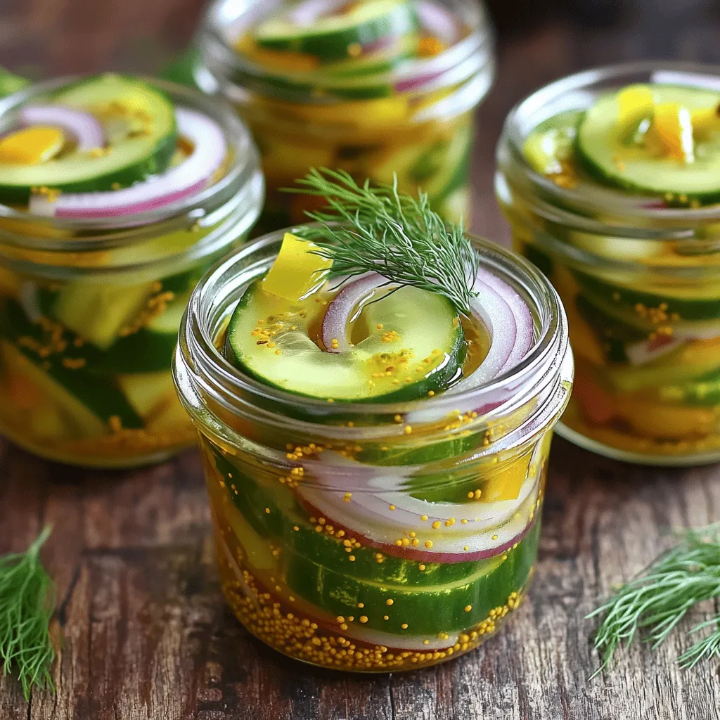 To make your mustard pickles, you need a few essential ingredients. Here’s your list: - 4 cups cucumbers, sliced into thin rounds - 1 cup red onions, thinly sliced - 1 cup bell peppers, sliced (use a mix of colors for a vibrant look) - 2 cups white vinegar - 1 cup water - 1 cup granulated sugar - 1/4 cup yellow mustard seeds - 1 tablespoon ground mustard - 1 tablespoon turmeric powder - 1 teaspoon celery seeds - 1 teaspoon garlic powder - 1 teaspoon salt - 1/2 teaspoon black pepper These ingredients come together to create a tangy and creamy flavor that makes every bite exciting. While the essential ingredients make great mustard pickles, you can enhance the taste with some optional items: - Fresh dill sprigs, for added flavor and garnish Adding dill sprigs gives your pickles a fresh, herby note. You can also try other herbs or spices based on your taste. Mustard pickles are not just tasty; they also have some nutritional value. Here’s a brief overview: - Serving Size: About 1/4 cup - Calories: Approximately 50 - Total Fat: 0g - Sodium: 400mg - Carbohydrates: 12g - Sugars: 10g - Fiber: 1g - Protein: 1g These pickles are low in calories and fat, making them a fun and guilt-free addition to your meals. Just keep in mind they do contain some sugar and sodium. For more details, you can check the Full Recipe. Start by washing your cucumbers, red onions, and bell peppers. Slice the cucumbers into thin rounds. Use a sharp knife for clean cuts. Thinly slice the red onions and bell peppers. A mix of colors makes the dish look nice. Place all the sliced veggies into a large mixing bowl. Toss them gently to mix, then set aside. This helps the flavors come together nicely. In a medium saucepan, pour in the white vinegar and water. Add the granulated sugar next. Heat the mixture over medium heat. Stir constantly until the sugar dissolves, which takes about 3-5 minutes. This step is important for the brine's sweetness. Once the sugar is gone, add yellow mustard seeds, ground mustard, turmeric, celery seeds, garlic powder, salt, and black pepper. Stir well and keep heating until it simmers. The smell will be amazing! Carefully pour the hot brine over the bowl of vegetables. Make sure all the veggies are covered. Let this cool at room temperature for about 30 minutes. This cooling step is key for flavor. After cooling, transfer the pickled veggies and brine into clean glass jars. If you like, add fresh dill sprigs for extra flavor. Seal the jars tightly with lids. Place them in the fridge for at least 24 hours. The longer they sit, the better they taste! Enjoy your delicious mustard pickles. You can find the full recipe [here](#). For the best mustard pickles, let them chill in the fridge. The cold helps the flavors blend. I suggest waiting at least 24 hours before tasting. The longer they sit, the better they get! A week in the fridge will deepen their taste even more. Store them in clean glass jars and keep the lids tight. This prevents any unwanted flavors from sneaking in. Want to make your pickles a bit spicier? Add more ground mustard or a pinch of red pepper flakes. For a milder kick, cut back on these spices. If you want a tangy taste, add more vinegar. Always taste your brine before pouring it over the vegetables. This way, you can tweak it to fit your taste. One mistake is not letting the cucumbers rest before pickling. This step helps them lose extra water. Remember to use fresh ingredients; old veggies can spoil your pickles. Don't skip the cooling step after pouring the brine. This helps the flavors mix well. If you follow these tips, you’ll make mustard pickles that shine! For the complete recipe, check out the [Full Recipe]. {{image_4}} Mustard pickles can be sweet or savory. Sweet mustard pickles use more sugar and add a hint of sweetness. They taste great on sandwiches or as a snack. Savory versions focus on spices and herbs, which give a bolder flavor. You can mix and match to find what you love. Try adding cinnamon for warmth or chili flakes for heat. Each variant brings a unique twist to the classic recipe. You can easily change the ingredients in mustard pickles. If you don't like cucumbers, consider zucchini or carrots. For a tangy kick, add jalapeños or radishes. If you want a milder taste, skip the garlic powder. You can also change the vinegar type. Apple cider vinegar adds sweetness, while rice vinegar gives a gentle flavor. Experiment with these swaps to make the recipe your own. Serving mustard pickles is fun and easy. Use them as a topping on burgers or hot dogs for extra zing. They also work well in salads and grain bowls. Try adding them to cheese boards for a colorful touch. For a refreshing drink, mix pickles with soda water for a unique twist. Each serving idea shows off their zesty flavor and bright color. Enjoy these creative options to make the most of your homemade delights. To keep your mustard pickles fresh, sealing jars well is key. Use clean, dry jars for the best results. After you fill each jar, leave a little space at the top. This space helps create a vacuum seal when you close the lid. Always check that the lid fits tightly. You can press down in the center of the lid to test the seal. A properly sealed jar keeps the pickles safe and tasty. Once sealed, store your mustard pickles in the fridge. They can last for up to two months when stored correctly. However, the flavors get better over time. I recommend waiting at least 24 hours before tasting. For the best flavor, try to eat them within one month. Keeping them cool helps maintain their crunch and tang. You can freeze mustard pickles, but it changes their texture. When frozen, they may become soft. If you still want to freeze them, use freezer-safe jars. Leave more space at the top because liquids expand when frozen. Refrigerating is the best option for keeping that fresh taste. Always opt for refrigeration unless you're in a pinch. You can use mustard pickles in many ways. They add a crunchy and tangy kick to dishes. Try them on sandwiches or burgers. They also work well in salads or as a side dish. Chopped mustard pickles can enhance potato salad or egg salad. For a fun twist, mix them into a creamy dip. Their zesty flavor brightens up any meal. Mustard pickles can be a healthy choice. They are low in calories and high in flavor. They contain cucumbers, which are hydrating and low in fat. The mustard seeds provide some antioxidants. However, they do have added sugar and salt. Enjoy them in moderation to balance your diet. Yes, you can make mustard pickles in advance. They taste even better after sitting for a few days. The flavors blend and deepen over time. Store them in the fridge for up to a month. This makes them a great option for meal prep or entertaining. Homemade mustard pickles are fresher and more flavorful. You control the ingredients and adjust flavors to your liking. Store-bought options may contain preservatives and extra sugars. Homemade pickles often have a unique taste based on your recipe. Plus, making them at home is fun and rewarding. You can find the full recipe to get started! Mustard pickles bring a burst of flavor to meals. We covered key ingredients, steps, and tips. You learned how to make them, adjust flavors, and store them well. Variations let you customize to your taste. Remember, homemade pickles shine over store-bought. Enjoy experimenting with mustard pickles in your kitchen. They add zest and joy to your meals. Now, it’s time to make your own batch!