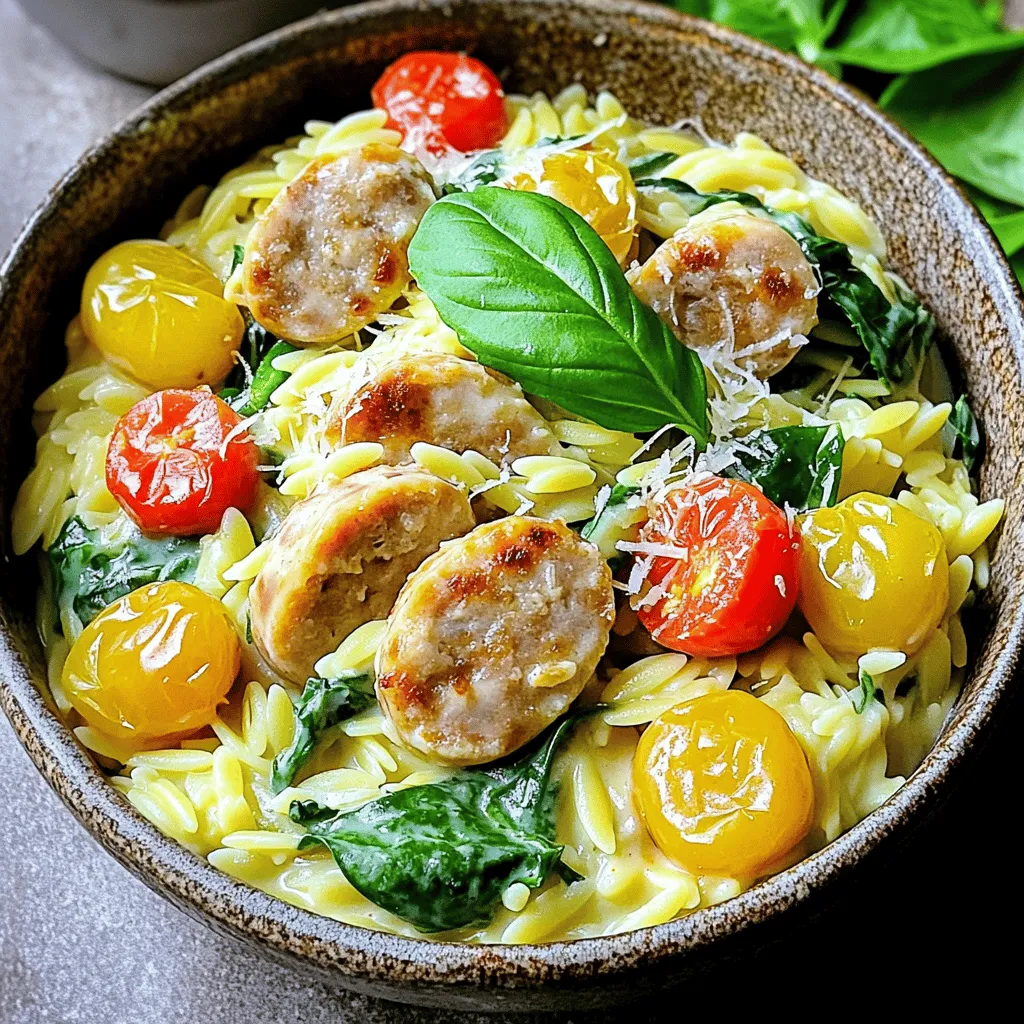 To make Creamy Chicken Sausage Orzo, you need the following items: - 1 cup orzo pasta - 2 chicken sausages, sliced into rounds - 1 tablespoon extra virgin olive oil - 1 small onion, finely diced - 2 cloves garlic, minced - 1 cup cherry tomatoes, halved - 2 cups low-sodium chicken broth - 1 cup fresh spinach, coarsely chopped - ½ cup heavy cream - ½ teaspoon dried oregano - Salt and freshly ground black pepper to taste - Grated Parmesan cheese, for serving - Fresh basil leaves, for garnish If you don’t have something on hand, here are some easy swaps: - Orzo Pasta: You can use rice or quinoa instead of orzo. - Chicken Sausages: Turkey or pork sausages work well too. - Heavy Cream: Swap it with half-and-half or a plant-based cream for a lighter dish. - Spinach: Kale or Swiss chard can replace spinach if needed. - Cherry Tomatoes: Regular diced tomatoes are a good alternative. This recipe is versatile for many diets. It can be: - Gluten-Free: Use gluten-free orzo or another gluten-free grain. - Dairy-Free: Replace heavy cream with coconut milk or cashew cream. - Low-Carb: Skip the orzo and add more veggies like zucchini or mushrooms. Feel free to adjust based on your needs! For the full recipe, check out the original instructions. First, gather all your ingredients. This makes cooking easier and more fun. You need: - 1 cup orzo pasta - 2 chicken sausages, sliced into rounds - 1 tablespoon extra virgin olive oil - 1 small onion, finely diced - 2 cloves garlic, minced - 1 cup cherry tomatoes, halved - 2 cups low-sodium chicken broth - 1 cup fresh spinach, coarsely chopped - ½ cup heavy cream - ½ teaspoon dried oregano - Salt and freshly ground black pepper to taste - Grated Parmesan cheese, for serving - Fresh basil leaves, for garnish Make sure your vegetables are washed and cut. This helps the dish cook evenly. Now let’s cook! Start by heating olive oil in a large pot over medium heat. Add the sliced chicken sausages and cook them until they turn brown. This takes about 5 to 7 minutes. Remove them and set aside. In the same pot, add the diced onion. Sauté it for about 3-4 minutes until it looks soft. Then, toss in the minced garlic and cook for another minute. You want that lovely garlic smell to fill your kitchen! Next, add the halved cherry tomatoes. Cook these for 2-3 minutes until they soften. Pour in the chicken broth and bring it to a gentle boil. Stir in the orzo pasta and dried oregano. Lower the heat and let it simmer. Cook for 8-10 minutes, stirring now and then, until the orzo is tender. After that, add the spinach and cooked sausage back into the pot. Gently pour in the heavy cream. Mix everything well and let it simmer for another 2-3 minutes. Taste and season with salt and pepper as you like. Once done, remove the pot from the heat. Let the orzo sit for a couple of minutes to thicken. Serve it in elegant bowls. Top it with grated Parmesan cheese and fresh basil leaves. This adds a nice touch to the dish and makes it look great. Enjoy your creamy chicken sausage orzo! For the complete recipe, refer to the Full Recipe. To make the best creamy chicken sausage orzo, here are some tips: - Use enough water: Make sure to use plenty of chicken broth for cooking. This adds great flavor. - Stir often: Stir the orzo every few minutes. This helps prevent it from sticking together. - Check for doneness: Taste the orzo a minute or two before the time is up. It should be tender but still firm. If you have leftovers, store them right to keep them tasty: - Cool down first: Let the orzo cool to room temperature before storing. - Use airtight containers: Place the orzo in a container with a tight lid. This keeps it fresh longer. - Refrigerate: Store in the fridge for up to three days. If you wait too long, it may spoil. When you want to enjoy your leftovers, reheating is easy: - Stovetop method: Place the orzo in a pot over low heat. Add a splash of chicken broth to help it heat evenly. - Microwave method: Put the orzo in a microwave-safe bowl. Add a little broth or water. Cover with a damp paper towel and heat in short bursts until hot. - Avoid overcooking: Watch the orzo closely. You do not want it to become mushy. For a full recipe, check the [Full Recipe]. {{image_4}} You can make this dish vegetarian by swapping chicken sausage for plant-based sausage. Choose one that has good flavor. Mushrooms also work well as a hearty substitute. They add a nice texture and umami taste. You can use a mix of veggies like zucchini and bell peppers too. Just sauté them until soft, then add them to your orzo. For a gluten-free meal, simply replace orzo with gluten-free pasta. Quinoa or rice can also be great alternatives. Just remember to adjust the cooking time. If you use quinoa, rinse it before cooking for better flavor. This way, you can enjoy this creamy dish without worry. To boost flavor, add spices like paprika or red pepper flakes. A squeeze of lemon juice gives a bright, fresh taste. You can also mix in fresh herbs like parsley or thyme. These herbs add a burst of color and flavor. For a richer taste, consider adding sun-dried tomatoes or artichoke hearts. For the complete recipe, check the Full Recipe section. Store any leftover creamy chicken sausage orzo in an airtight container. This helps keep it fresh. Make sure to let it cool before sealing. Place it in the fridge, where it stays good for about 3 days. When you’re ready to eat, you’ll have a tasty meal waiting for you! You can freeze your orzo dish for later. Use a freezer-safe container or bag. It’s best to divide it into portions. This way, you can thaw only what you need. It can last up to 3 months in the freezer. When you want to eat it, just take it out and let it thaw in the fridge overnight. To reheat, you can use the microwave or a stovetop. If using a microwave, place the orzo in a bowl. Add a splash of water or broth to keep it moist. Heat it in short bursts, stirring in between. If using a stovetop, warm it in a pot over low heat. Stir often until it’s heated through. Enjoy your creamy chicken sausage orzo just like the first time! For the full recipe, check out the instructions above. You can serve this dish with a simple side salad. A green salad with a light vinaigrette works well. Garlic bread pairs nicely for a comforting touch. You might also enjoy roasted vegetables for added flavor and nutrition. To spice up your orzo, add red pepper flakes while cooking. You can also mix in diced jalapeños for a fresh kick. Consider using spicy chicken sausage or adding a dash of hot sauce at the end. Yes, you can swap chicken sausage for turkey or pork sausage. Vegetarian sausage is a great option if you want a meatless choice. Just ensure to adjust cooking times based on the sausage type. Orzo is cooked when it becomes tender but still slightly firm to the bite, known as al dente. Check the package for specific cooking times. Stir occasionally to prevent sticking, and taste it a minute or two before the time is up. This guide covered all key parts of making Creamy Chicken Sausage Orzo. We discussed ingredients, cooking steps, and special tips. You can adapt the recipe for different diets and flavors, too. Cooking should be fun and easy. Use the tips to store, reheat, and enjoy your dish. With the right tools and ideas, you can make it perfect every time. Now, go ahead and make a tasty meal that everyone will love!