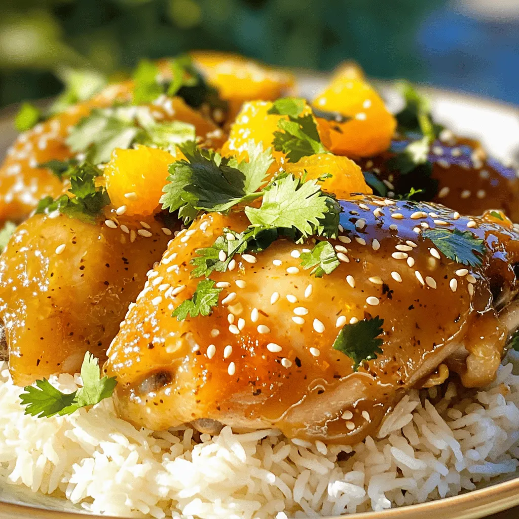 - 1.5 lbs boneless, skinless chicken thighs - 1 cup freshly squeezed orange juice - 2 tablespoons freshly grated orange zest - 3 tablespoons honey - 3 tablespoons low-sodium soy sauce - 2 tablespoons rice vinegar - 1 tablespoon fresh ginger, finely grated - 3 cloves garlic, minced - 1 teaspoon cornstarch - Salt and freshly cracked pepper to taste - 2 tablespoons sesame seeds, toasted (for garnish) - A handful of fresh cilantro, chopped (for garnish) When I make Baked Orange Chicken, I use simple ingredients that bring big flavor. The chicken thighs make it juicy and tender. Fresh orange juice and zest add a bright and zesty taste. You want to use freshly squeezed juice for the best flavor. The sauce has a sweet and savory mix. Honey adds sweetness, while soy sauce brings saltiness. Rice vinegar gives a nice tang. These flavors blend perfectly with the chicken. For seasoning, fresh ginger and garlic give depth. A pinch of salt and freshly cracked pepper enhance all the flavors. Finally, I love to garnish my dish with toasted sesame seeds and fresh cilantro. It makes the dish look beautiful and adds extra crunch. For the full recipe, you can check out the detailed steps to make this dish at home. - Preheat the oven to 400°F (200°C). - Season chicken thighs with salt and pepper. Start by getting your oven hot. Preheating helps the chicken cook evenly. While the oven heats, season your chicken thighs. Sprinkle salt and pepper all over them. This step adds flavor to the meat. - Whisk together ingredients for the marinade. - Pour the sauce over the chicken in the baking dish. Next, let’s make the orange sauce. In a bowl, combine orange juice, orange zest, honey, soy sauce, rice vinegar, ginger, and garlic. Use a whisk to mix it well until smooth. Once mixed, pour this vibrant sauce over the seasoned chicken in your baking dish. Make sure every piece gets good coverage. - Bake chicken for 25-30 minutes until cooked through. - Create cornstarch slurry and thicken sauce. - Garnish and serve. Now, place the baking dish in the oven. Bake for 25 to 30 minutes. The chicken is ready when it reaches 165°F (74°C). After baking, remove the dish and let it rest for a few minutes. This helps the juices stay inside the chicken. In a small bowl, mix cornstarch with one tablespoon of cold water. Stir this slurry into the sauce. Return the dish to the oven for another 5 minutes. This thickens the sauce nicely. Finally, take the dish out and move the chicken to a platter. Drizzle the thickened sauce over the chicken. For the finishing touch, sprinkle toasted sesame seeds and chopped cilantro on top. This adds color and extra flavor. For the full recipe, check out the detailed instructions above. Enjoy your tasty Baked Orange Chicken! To create a crispy texture, follow these steps: - First, coat the chicken in the marinade. - Use a wire rack for baking. This allows air to circulate around the chicken. - Bake the chicken at 400°F (200°C) to start. - For an extra crispy finish, switch to broil for the last 5 minutes. Keep an eye on it to prevent burning. Balance the taste by adding sides like: - Steamed jasmine rice - Quinoa - Sautéed vegetables These sides add color and nutrients. You can also enhance presentation with garnishes: - Toasted sesame seeds - Fresh cilantro These give your dish a pop of flavor and make it look nice. For busy days, you can prep ahead: - Marinate chicken the night before and store it in the fridge. - You can also cook it in advance and keep it in an airtight container. To store leftovers: - Place chicken in a fridge for up to 3 days. - For reheating, use the oven or microwave. This keeps it juicy. If you want the full recipe, check out Zesty Baked Orange Chicken. {{image_4}} To make baked orange chicken healthier, you can use a few simple swaps. - Use skinless chicken breast instead of thighs for fewer calories. - Replace honey with a sugar substitute like agave or maple syrup. - Choose low-sodium soy sauce to cut down on salt. For gluten-free options, swap regular soy sauce with tamari or coconut aminos. You might want to play with flavors to suit your taste. Adding spices like paprika or cumin can give it a kick. You can also mix in lime juice or grapefruit juice for extra zest. For kids, make a milder version by cutting back on ginger and garlic. Think about fun ways to serve your orange chicken. Try making tacos with the chicken, cabbage, and avocado. Wrap it in a tortilla for a quick and tasty meal. You can also create a meal bowl with rice, veggies, and chicken. Top it with the thickened orange sauce for a complete dish. For more creative ideas, check the Full Recipe for inspiration! To keep your baked orange chicken fresh, place it in an airtight container. This helps maintain moisture and flavor. Make sure the chicken has cooled down before sealing. You can store it in the fridge for up to four days. If you want to keep it longer, freezing is a great option. To freeze baked orange chicken, wrap it tightly in plastic wrap. Then, place it in a freezer-safe bag. This prevents freezer burn and keeps the chicken tasty. When you're ready to eat, defrost it in the fridge overnight. For reheating, place it in the oven at 350°F (175°C) until heated through. This keeps the chicken juicy and flavorful. In the fridge, baked orange chicken lasts about four days. If you freeze it, it can last up to three months. Check for signs of spoilage before eating. If the chicken smells off or has changed color, it’s best to throw it away. Always trust your senses when it comes to food safety. You can prepare Baked Orange Chicken ahead of time. First, marinate the chicken in the sauce. This adds flavor and makes it tender. You can do this the night before or even in the morning. Store the chicken in your fridge until you are ready to bake it. Just make sure to let it sit at room temperature for about 15 minutes before cooking. This helps it cook evenly. Yes, you can use other chicken cuts. Chicken breasts or drumsticks are great options. If you choose chicken breasts, cook for about 20-25 minutes. Drumsticks may need about 30-35 minutes to cook through. Always check that the chicken reaches 165°F (74°C) inside to be safe. If you don't have orange juice, consider using grapefruit juice. It adds a nice tart flavor. Pineapple juice is another good choice for a sweeter taste. Apple juice can work too but is less zesty. Each option will give a unique twist to your chicken dish. Baked Orange Chicken uses simple, fresh ingredients for a tasty meal. You learned about the main components, preparation, and how to store leftovers. I also shared tips for crispiness and flavor boosts. You can customize this dish in many ways to fit your taste. Choosing the right ingredients helps you create a dish that impresses everyone. Enjoy exploring this recipe and making it your own. Happy cooking!