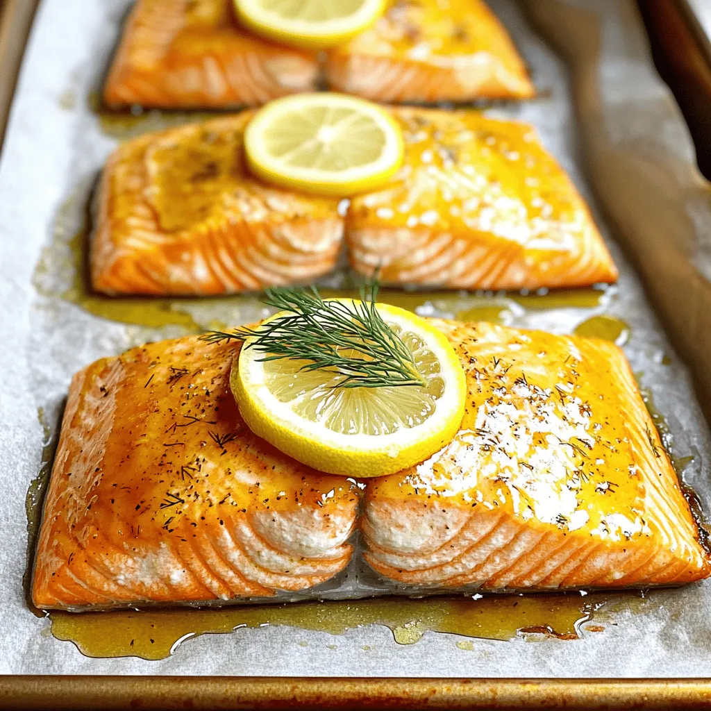 - 4 salmon fillets (approximately 6 ounces each) - 2 tablespoons extra virgin olive oil - 2 tablespoons smooth Dijon mustard - 1 tablespoon pure honey - 2 cloves garlic, finely minced - 1 teaspoon smoked paprika - Sea salt and freshly cracked black pepper - 1 medium lemon, thinly sliced - Fresh dill or parsley for garnish In this recipe, I use simple and fresh ingredients to make the salmon shine. The salmon fillets provide a rich, buttery flavor that pairs well with the honey and mustard glaze. Extra virgin olive oil adds healthy fats and enhances the taste. Dijon mustard gives a tangy kick, while honey adds a touch of sweetness. The garlic brings warmth and depth, and smoked paprika delivers a subtle smokiness. To season, I rely on sea salt and black pepper. They boost the flavor without overpowering the fish. Thin lemon slices brighten the dish and add aroma as they bake. Finally, fresh dill or parsley adds color and freshness when serving. You can find the full recipe to guide you through each step. This collection of ingredients makes it easy to create a delicious meal. Set the oven to 375°F (190°C) for the best baking temperature. Preheating helps cook the salmon evenly. In a small bowl, mix together these ingredients: - 2 tablespoons extra virgin olive oil - 2 tablespoons smooth Dijon mustard - 1 tablespoon pure honey - 2 cloves garlic, finely minced - 1 teaspoon smoked paprika - Sea salt and freshly cracked black pepper to taste Whisk the mixture until smooth. This glaze adds great flavor to the salmon. Line a baking sheet with parchment paper. This makes cleanup easy. Place the salmon fillets skin-side down. Make sure they are spaced out. Use a brush to apply the honey-mustard mixture generously on each fillet. Cover them well for the best taste. Slice a medium lemon into thin rounds. Place these lemon slices on top of the salmon. This adds a bright, citrusy flavor as it bakes. Put the baking sheet in the preheated oven. Bake for 15-18 minutes. Keep an eye on the salmon. It’s done when it flakes easily with a fork. Once baked, take the salmon out of the oven. Let it rest for a couple of minutes. This helps keep it moist. Just before serving, add fresh herbs like dill or parsley for a fresh touch. For the full recipe, check the Perfectly Baked Salmon with Citrusy Dill Delight. Enjoy your delicious meal! When picking salmon, you want the best for baking. The top choice is wild-caught salmon. It has great flavor and is often fresher. Atlantic salmon is another option. It is rich and buttery. Both types work well, but wild-caught has a unique taste. Look for bright color and firm texture. This means you have a good piece of fish. Cooking time is key for great salmon. Bake it at 375°F (190°C) for 15 to 18 minutes. The salmon should flake easily when done. Use a fork to check. If it flakes, it’s ready. If not, give it a few more minutes. Overcooked salmon dries out. Watch it closely for the best results. Adding flavors makes salmon shine. You can use simple spices, like garlic and smoked paprika. They create a savory taste. Marinades also add depth. Try using lemon juice or soy sauce. These flavors work well with the fish. Fresh herbs like dill or parsley add a nice touch too. They brighten the dish and make it look pretty. For the full recipe, check out the details above. {{image_4}} You can change the glaze on your salmon for more flavor. A teriyaki glaze adds a sweet, savory taste. Just mix soy sauce, brown sugar, and sesame oil. If you want a kick, try a spicy mustard glaze. Use spicy mustard, honey, and a dash of cayenne. Each glaze makes the dish unique and fun to try. Baking is great, but you can also grill or air fry salmon. Grilling gives it a smoky flavor and perfect grill marks. Preheat your grill and cook the salmon for about 6-8 minutes on each side. Air frying is quick and easy. Set your air fryer to 400°F (200°C) and cook for about 10-12 minutes. This method keeps the salmon moist and tender. Pair your salmon with fresh sides to complete your meal. A light salad with mixed greens adds a bright crunch. Try quinoa or rice for a hearty option. Roasted vegetables, like asparagus or broccoli, bring color and nutrients. These sides balance the rich flavors of the salmon and create a delightful plate. For the full experience, check out the Full Recipe linked above. To store leftover salmon, let it cool to room temperature. Wrap each fillet tightly in plastic wrap. Place the wrapped fillets in an airtight container. This keeps the salmon fresh. Use it within three days for the best taste. To freeze baked salmon, first, cool it completely. Wrap each piece in plastic wrap, then in aluminum foil. This prevents freezer burn. You can freeze salmon for up to three months. Label the package with the date, so you know when to use it. Reheating salmon can be tricky. You want to keep it moist and tasty. The best way is to use the oven. Preheat it to 275°F (135°C). Place the salmon on a baking sheet and cover it with foil. Heat for about 15 minutes. Check if it's warm throughout. You can also use the microwave. Set it to low heat and cover the salmon. Heat for short bursts, checking often. This keeps it from drying out. Baking salmon at 375°F takes about 15 to 18 minutes. If your fillet is thicker, you may need a bit more time. A good rule is to bake for 4 to 6 minutes per half-inch of thickness. For example: - 1-inch thick fillet: 15 to 18 minutes - 1.5-inch thick fillet: 20 to 24 minutes Check it often to avoid overcooking. Yes, you can use frozen salmon. Just make sure to thaw it first. The best way is to leave it in the fridge overnight. If you're short on time, you can run it under cold water for about an hour. Bake it as you would fresh salmon, but add a few extra minutes to the cooking time. Baked salmon pairs well with many sides. Here are some great options: - Steamed broccoli or asparagus - Quinoa or rice - A fresh green salad - Roasted sweet potatoes These sides complement the salmon's rich flavor. You will know salmon is done when it flakes easily with a fork. The color should change from bright pink to a lighter shade. The internal temperature should reach 145°F for safe eating. Look for that perfect, flaky texture. Yes, you can swap salmon for other fish. Here are some good options: - Trout - Cod - Halibut Each fish has a slightly different taste and texture, but they will still be delicious with the same glaze. Adjust the cooking time based on the thickness of the fish. For the complete recipe, visit the [Full Recipe]. This blog post covered all you need to bake tasty salmon. We discussed the right ingredients and how to prepare them. You learned how to make a honey-Dijon glaze and seasoned it well. I shared tips for the best salmon, cooking methods, and storage. You can even try different glazes and sides. In conclusion, enjoy creating this simple yet delicious dish. Your family will love it!
