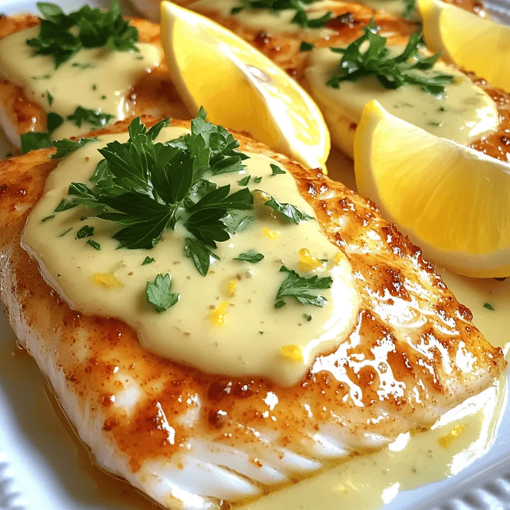 - 4 fresh Mahi Mahi fillets - 2 tablespoons extra virgin olive oil - Sea salt and freshly cracked black pepper, to taste - 2 tablespoons unsalted butter - 4 cloves garlic, finely minced - 1 cup heavy whipping cream - Zest of 1 large lemon - 2 tablespoons freshly squeezed lemon juice - 1 tablespoon fresh parsley, finely chopped - Lemon wedges, for garnish Mahi Mahi is a firm and tasty fish. It works great with many flavors. This recipe shines with lemon and garlic. Together, they create a rich and creamy sauce. To start, I recommend using fresh Mahi Mahi fillets. Fresh fish has better flavor and texture. You can find it at local fish markets or grocery stores. Look for fillets that are moist and smell fresh. Next, you need good olive oil. Extra virgin olive oil adds richness. It also helps to cook the fish evenly. Always choose a quality brand. Sea salt and black pepper are key. They enhance the fish's natural flavors. Use them generously for best results. Unsalted butter adds a creamy texture to the sauce. It also helps to balance the acidity of the lemon. Always melt it slowly to prevent burning. Garlic brings a punch of flavor. The more minced, the better it blends into the sauce. Fresh garlic is always best for this dish. Heavy whipping cream is the star of the sauce. It makes the sauce rich and velvety. Be sure to use full-fat cream for a creamy consistency. Lemon zest and juice brighten the dish. They add a fresh and zesty kick. Always use fresh lemons for optimal flavor. Fresh parsley adds a pop of color. It also enhances the taste with its light, herbal notes. Chop it finely for a beautiful garnish. Finally, lemon wedges are perfect for serving. They allow you to add extra lemon flavor right before eating. For the full recipe, check out the Mahi Mahi Delight in Lemon Garlic Cream Sauce! Enjoy cooking! Seasoning the fillets Start by seasoning both sides of the Mahi Mahi fillets. Use sea salt and freshly cracked black pepper. This simple step adds a burst of flavor. Make sure the fillets are evenly coated. This helps every bite taste great. Cooking the fillets to perfection Next, heat the extra virgin olive oil in a large skillet. Set it over medium-high heat until it shimmers. Carefully place the seasoned fillets in the skillet. Cook them for about 4-5 minutes on each side. You want them golden brown and fully cooked through. Once done, transfer the fillets to a warm plate. Melting butter and sautéing garlic In the same skillet, lower the heat to medium. Add unsalted butter and let it melt completely. Once melted, add the minced garlic. Sauté the garlic for about 1 minute. Stir often to avoid browning it. You want the garlic fragrant but not burnt. Incorporating cream and citrus flavors Gradually pour in the heavy whipping cream. Stir continuously to mix the garlic and cream well. Bring this mixture to a gentle simmer. Then, add the lemon zest and freshly squeezed lemon juice. Stir well to mix the flavors. Taste and adjust seasoning if needed. Reintroducing Mahi Mahi to the sauce Gently place the cooked Mahi Mahi fillets back into the skillet. Spoon the lemon garlic cream sauce over them. This helps the flavors blend beautifully. Final cooking steps for flavor infusion Let everything cook together for an additional 2-3 minutes. This final step allows the dish to absorb all the delicious flavors. When ready, remove from heat. Sprinkle with fresh parsley for color and taste. For the full recipe, check out the detailed instructions above. - Achieving the right cooking temperature: Cook Mahi Mahi over medium-high heat. This helps create a nice crust. Aim for an internal temperature of 145°F. Use a food thermometer for best results. - Ensuring fillets remain moist: Do not overcook the fish. Cook each side for about 4-5 minutes. The fish should flake easily with a fork. Keep a close eye on it. - Adjusting sauce thickness: If your sauce is too thin, let it simmer longer to thicken. Stir frequently to prevent sticking. You can also add a bit more cream if needed. - Balancing flavors with seasoning: Taste your sauce as you cook. Add more salt or pepper to fit your liking. A pinch of sugar can balance acidity if the lemon is too strong. - Plating suggestions for an appetizing look: Serve the Mahi Mahi fillets on a warm plate. Drizzle the lemon garlic cream sauce generously over the top. - Garnishing techniques for visual appeal: Add fresh parsley on top for color. Place a lemon wedge on the side for a bright touch. This makes the dish pop and look inviting. For more details, check the Full Recipe to get started on your tasty dish! {{image_4}} You can swap Mahi Mahi for other fish if needed. Cod, halibut, or tilapia work well. Each option gives a different taste but stays light and flaky. If you want a dairy-free version, try coconut cream or cashew cream. These alternatives add a unique flavor while keeping it creamy. To boost flavors, consider adding fresh herbs like basil or dill. These herbs pair well with lemon and garlic. You can also use spices like paprika or cayenne for a kick. For a citrus twist, try lime or orange juice instead of lemon. Each brings a new layer of flavor that brightens the dish. For a complete meal, serve Mahi Mahi with sides like rice or quinoa. These grains soak up the sauce nicely. Roasted vegetables like asparagus or broccoli add crunch and color. A fresh salad can also brighten your plate. Combine greens with a light vinaigrette for balance and freshness. For the full recipe, check out the Mahi Mahi Delight in Lemon Garlic Cream Sauce. Store leftovers in an airtight container. Keep them in the fridge. Mahi Mahi in lemon garlic cream sauce stays good for 2 to 3 days. Always cool the dish before sealing it. This helps keep moisture in and prevents spoilage. To freeze the dish, let it cool completely. Place the Mahi Mahi and sauce in a freezer-safe container. Seal tightly to avoid freezer burn. It will last for about 2 months in the freezer. When you’re ready to enjoy it again, thaw it overnight in the fridge. Reheat slowly to avoid drying out the fish. You can use a skillet over low heat. Add a splash of cream or broth to keep it moist. Cover the skillet while reheating. This helps trap steam and warmth, ensuring juicy fish. Alternatively, you can use a microwave. Place the dish in a microwave-safe container. Heat it in short bursts, stirring in between. This method works well for keeping the sauce creamy. For the full recipe, check out the rest of the article! Mahi Mahi cooks quickly, so watch it closely. The fish should be opaque and flake easily with a fork. If it looks translucent, it's not done. Cook it until the internal temperature reaches 145°F. This ensures it is safe to eat and perfectly tender. Yes, you can! If you want a lighter option, use half-and-half or whole milk. Coconut cream works great for a dairy-free version. You can also try using cashew cream for a nutty flavor. Each option brings a unique taste to the dish. Mahi Mahi pairs well with many sides. Try serving it with garlic mashed potatoes or quinoa for a hearty meal. Fresh salads, like a citrus or spinach salad, add brightness. Steamed veggies, such as asparagus or broccoli, balance the richness of the cream sauce. Yes, you can prepare the Mahi Mahi ahead. Cook the fish and sauce, then cool them down. Store them separately in the fridge for up to two days. When you're ready to eat, simply reheat the fish in a skillet and warm the sauce on low heat. Look for fresh Mahi Mahi at local fish markets or grocery stores with good seafood sections. Ask the fishmonger for the catch of the day. You can also find it frozen, which is a great option if fresh isn’t available. Always check for bright eyes and clean smell. You learned how to cook delicious Mahi Mahi with a tasty lemon garlic cream sauce. We covered essential tips for prepping, cooking, and serving your fish. Remember, using quality ingredients makes a big difference. Don’t hesitate to try variations or new sides for a fresh meal. Enjoying this dish can impress anyone at your table. Follow these steps, and you’ll create a flavorful meal everyone loves! Happy cooking!