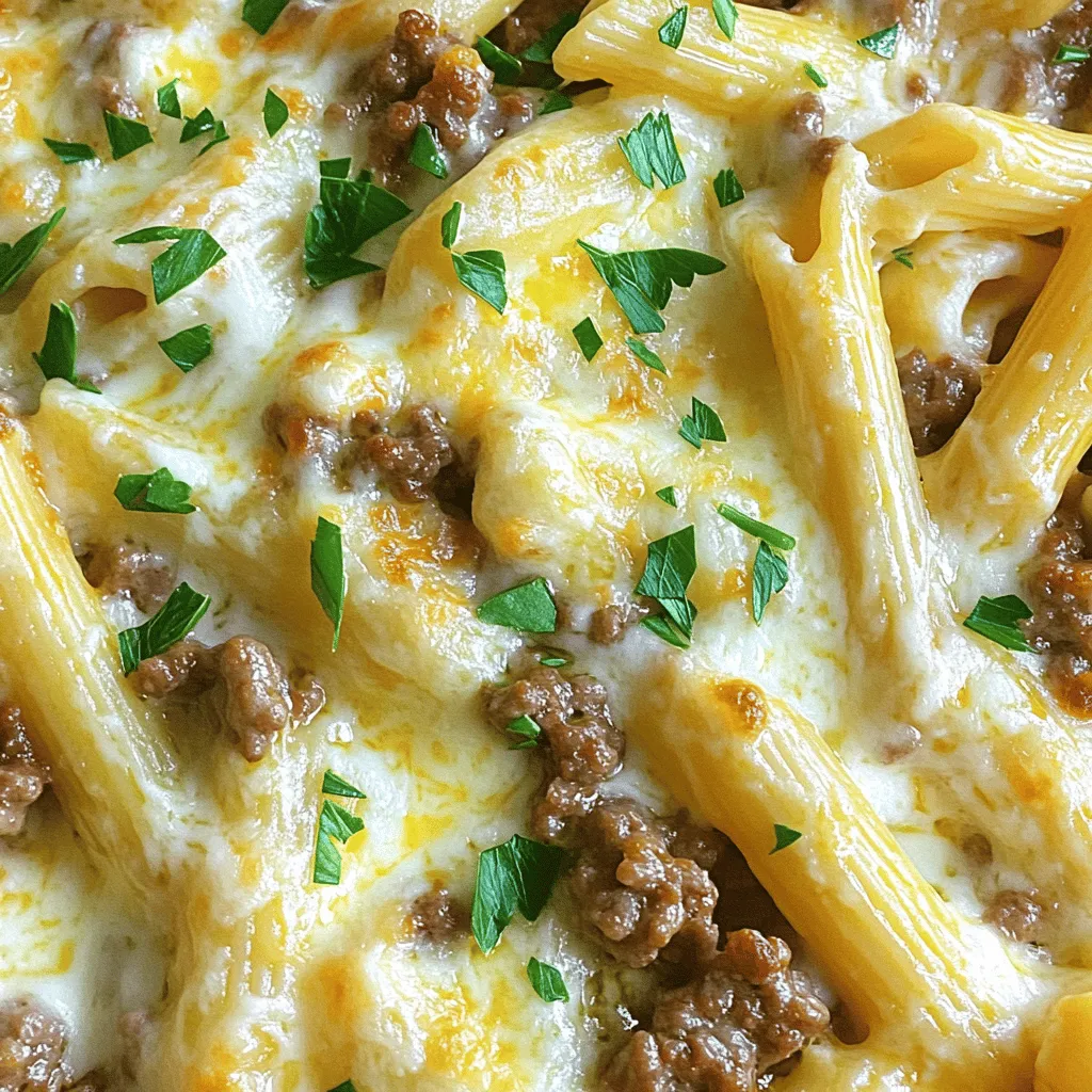 - 12 oz penne pasta - 1 lb ground beef - 4 tablespoons unsalted butter - 6 cloves garlic, minced - 2 cups shredded mozzarella cheese - 1 teaspoon onion powder - 1 teaspoon Italian seasoning - 1/2 teaspoon red pepper flakes (optional) - Salt and freshly ground black pepper to taste - Fresh parsley, chopped (for garnish) - Calories per serving: About 600 calories - Macronutrient breakdown: Roughly 30g protein, 40g carbs, 35g fat - Tips for healthier substitutions: Use ground turkey, low-fat cheese, or whole-grain pasta. This dish brings joy to the table with its creamy texture and rich flavors. You get a hearty meal that is easy to make and so satisfying. The penne pasta is a perfect base, holding the cheesy goodness well. The garlic butter adds a warm touch, while the ground beef gives it a protein boost. When I cook this, I love the aroma of garlic filling the kitchen. It always makes me feel at home. The mix of seasonings adds depth without overpowering the dish. The sprinkle of parsley on top makes it look fresh and bright, perfect for any dining occasion. For the full recipe, check out [Full Recipe]. This meal is great for busy nights or when you want to impress guests with something simple yet delicious. Start by boiling a large pot of salted water. Bring the water to a rolling boil. Once boiling, add 12 oz of penne pasta. Cook the pasta according to the package instructions until it is al dente. This usually takes about 8 to 10 minutes. After cooking, drain the pasta in a colander and set it aside for later. In a spacious skillet over medium heat, melt 4 tablespoons of unsalted butter. When the butter is fully melted and bubbly, add 6 cloves of minced garlic. Sauté the garlic for about 2 minutes, stirring continuously. You want it fragrant but not browned. Next, incorporate 1 lb of ground beef into the skillet. Cook the beef while breaking it into smaller pieces. This should take about 5 to 7 minutes, and the beef should brown evenly. After the beef is browned, stir in 1 teaspoon of onion powder, 1 teaspoon of Italian seasoning, and 1/2 teaspoon of optional red pepper flakes. Season with salt and freshly ground black pepper to taste. Once the beef is well-seasoned and cooked, reduce the heat to low. Add the drained penne pasta to the skillet. Toss gently to mix the pasta with the garlic butter and beef. Evenly sprinkle 2 cups of shredded mozzarella cheese over the mixture. Stir gently until the cheese melts, creating a creamy texture throughout. Finally, sprinkle 1/2 cup of grated Parmesan cheese over the top. Remove the skillet from heat. You can serve this dish hot, and it looks great with fresh parsley on top. For the full recipe, check out the details provided earlier. To avoid overcooking your penne, follow the package instructions closely. Start timing once the water boils. Aim for al dente pasta, which should be firm to the bite. It will cook a little more when combined with the beef and sauce. Boost the flavor with fresh herbs like basil or oregano. You can also use thyme for a warm taste. For an extra kick, add more red pepper flakes. If you want added richness, consider stirring in some cream or cream cheese. Serve your Cheesy Penne with a fresh green salad or garlic bread. You can also add roasted vegetables for color and nutrition. For a fun presentation, serve it in individual bowls, topped with fresh parsley and extra cheese. This makes it look special and inviting. For the full recipe, check out the detailed instructions. {{image_4}} You can switch up the protein in this dish. Ground turkey or chicken works well. They have a lighter taste but still pair nicely with the garlic butter. For a meat-free option, try plant-based meat. It absorbs all the flavors just like traditional meat. This way, everyone can enjoy a tasty meal. Not a fan of mozzarella? You can use other cheeses like cheddar or gouda. Each cheese adds a unique flavor. If you need a dairy-free option, look for dairy-free cheese. Many brands offer great taste and melt well. You can still make this dish creamy and delicious. Want to add more veggies? Spinach or bell peppers are great choices. Just toss them in with the garlic and beef for extra nutrition. You can also mix in different sauces. A splash of marinara or pesto can change the flavor profile. Experimenting keeps the dish fun and fresh. To keep your Cheesy Penne fresh, place it in the fridge. Use airtight containers to avoid air exposure. Glass or plastic containers work well. Make sure to cool the dish before sealing. This keeps it safe and tasty for later. Leftovers stay good for about three days. You can reheat Cheesy Penne in two ways: the microwave or the stove. For the microwave, heat in 30-second bursts. Stir after each burst to ensure even heat. On the stove, add a splash of water to a pan. Heat on low, stirring often. This prevents the dish from drying out. To freeze Cheesy Penne, let it cool completely. Then, pack it in freezer-safe containers or bags. Remove as much air as you can. This helps prevent freezer burn. It can last up to three months in the freezer. To thaw, place it in the fridge overnight. Reheat as mentioned above after thawing. Making Cheesy Penne with Garlic Butter Ground Beef takes about 30 minutes. You spend 10 minutes getting ready. Cooking the dish takes another 20 minutes. Yes, you can prepare some parts in advance. Cook the pasta and store it in the fridge. You can also brown the ground beef and mix in the seasonings. When you’re ready, just combine everything and melt the cheese. You have several good options for ground beef. Here’s a quick list: - Ground turkey - Ground chicken - Plant-based meat - Lentils for a vegetarian option Each choice gives a different taste and fits various diets. This blog post gives you a clear guide to making Cheesy Penne with Garlic Butter Ground Beef. We covered every step, from gathering ingredients to cooking and storing leftovers. You also learned about variations and tips to enhance flavors. Cooking should be fun and easy. By following these steps, you can create a tasty dish for any occasion. Don't hesitate to try different ingredients or flavors. Your kitchen can be a place of creativity and joy. Enjoy your cooking adventure!