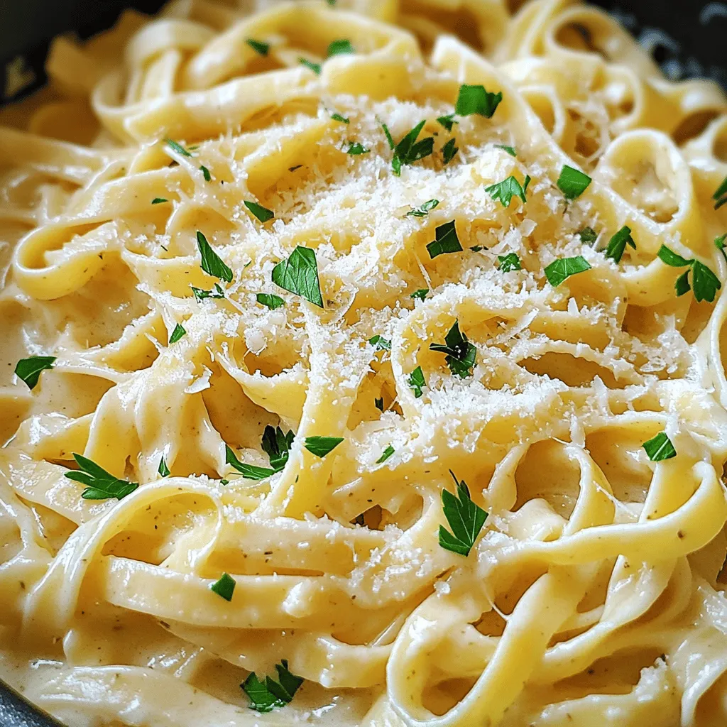 Gather these simple items for a delicious meal. This list makes it easy to prepare your One-Pot Garlic Parmesan Pasta. - 12 oz fettuccine or spaghetti - 4 tablespoons unsalted butter - 4 cloves garlic, finely minced - 4 cups vegetable broth - 1 cup heavy cream - 1 cup freshly grated Parmesan cheese - 1 teaspoon garlic powder - 1 teaspoon Italian seasoning - Salt and freshly ground black pepper, to taste - Fresh parsley, finely chopped (for garnish) These ingredients blend well together, creating a rich, creamy sauce. I love how the garlic and Parmesan work together. You can adjust the seasoning to fit your taste. Fresh parsley on top adds a nice touch. For the full recipe, check out the details provided above. Start by heating a large pot or deep skillet over medium heat. You want it hot but not smoking. Once the pot is ready, add 4 tablespoons of unsalted butter. Let it melt fully. Next, add 4 cloves of finely minced garlic to the melted butter. Sauté them for about 1-2 minutes. Stir constantly to keep the garlic from burning. You want it to smell amazing, not bitter. After the garlic is fragrant, pour in 4 cups of vegetable broth. Bring the mixture to a gentle simmer. Then, add 12 oz of fettuccine or spaghetti. Stir it well to prevent sticking. Cook according to the package instructions until it reaches al dente. This means it should be firm to the bite. Stir occasionally for even cooking. Once the pasta is cooked, reduce the heat to low. Gradually mix in 1 cup of heavy cream. Then, add 1 cup of freshly grated Parmesan cheese. Also, sprinkle in 1 teaspoon of garlic powder and 1 teaspoon of Italian seasoning. Stir well to combine. The cheese should melt completely, making the sauce creamy. Taste it and adjust with salt and freshly ground black pepper as you like. If the pasta absorbs too much sauce, add a splash of vegetable broth to get the right consistency. Plate your creamy pasta while it’s hot. Garnish with fresh parsley and more grated Parmesan if you wish. This dish will surely impress! For the full recipe, check the details above. To make the best creamy garlic Parmesan sauce, follow these simple steps: - Ensure creaminess and consistency: Start with heavy cream. It gives the sauce a rich, smooth texture. When you add it, stir gently but thoroughly. This helps the cream blend in well with the cheese. If the sauce feels too thick, add a splash of vegetable broth. - Avoiding overcooked pasta: Cook the pasta until al dente. This means it should still have a slight bite. Stir the pasta often while it cooks. This keeps it from sticking. If the pasta cooks too long, it will become mushy. How you serve this dish can make it even more special. Here are some ideas: - Serving suggestions: Use warm bowls to keep the pasta nice and hot. Spoon the creamy pasta generously into each bowl. This dish looks great when served family-style, too. Just place the pot in the center of the table. - Garnishing ideas: Fresh parsley adds a nice pop of color and flavor. Chop it finely and sprinkle it on top. You can also add more grated Parmesan for a cheesy finish. For fun, place a few whole garlic cloves on the side. They look nice and hint at the dish’s flavor. For the complete recipe, check the Full Recipe section. Enjoy your cooking! {{image_4}} If you need gluten-free pasta options, you can use rice noodles or quinoa pasta. Both options work well and keep the dish tasty. For dairy-free alternatives, try using coconut cream instead of heavy cream. You can also opt for a dairy-free cheese. These swaps help keep the flavor while making it suitable for different diets. You can easily add vegetables to your One-Pot Garlic Parmesan Pasta. Try spinach, peas, or sun-dried tomatoes. They add color and nutrients. You can toss them in during the last few minutes of cooking. Incorporating proteins can make this dish even heartier. You can add grilled chicken, shrimp, or cooked sausage. Simply mix them in with the pasta for a filling meal. For the complete cooking experience, check out the Full Recipe. To keep your One-Pot Garlic Parmesan Pasta fresh, store it in the fridge. Use an airtight container to prevent air exposure. This pasta stays good for up to three days. If you want to keep it longer, freeze it. Portion it into freezer-safe bags. Make sure to squeeze out all the air before sealing. This will help prevent freezer burn. When it’s time to eat leftovers, reheat the pasta gently. The best method is using the stove. Add a splash of water or broth to the pot. Heat it slowly over low to medium heat. Stir often to keep it from sticking. This helps to restore its creaminess. If you prefer the microwave, use a microwave-safe dish. Add a little liquid to it. Cover the dish with a lid or microwave-safe wrap. Heat in short bursts, stirring in between. This keeps the pasta moist and creamy. Enjoy your delicious pasta again! Making One-Pot Garlic Parmesan Pasta is quick and easy. It takes about 10 minutes to prep and 15 minutes to cook. In total, you will need about 25 minutes from start to finish. This makes it a perfect choice for a busy weeknight dinner. Yes, you can use different types of pasta! Fettuccine and spaghetti are great choices. You can also try penne, farfalle, or even gluten-free pasta. Just make sure to adjust the cooking time based on the pasta type you choose. Each kind will add its own twist to the dish. Leftovers from this pasta dish can be fun to use! Try making a pasta bake by adding some cheese and baking it in the oven. You can also mix it into a salad for a tasty cold dish. Another option is to add protein, like chicken or shrimp, to make it a full meal. Enjoy getting creative with your leftovers! This blog post covered a simple and tasty one-pot garlic Parmesan pasta recipe. We listed key ingredients, detailed step-by-step cooking instructions, and offered helpful tips. You learned about variations and storage methods to keep your dish fresh. With these insights, you can create a creamy pasta meal that suits your taste. Enjoy experimenting with flavors and make the dish your own. Cooking should be fun and tasty!