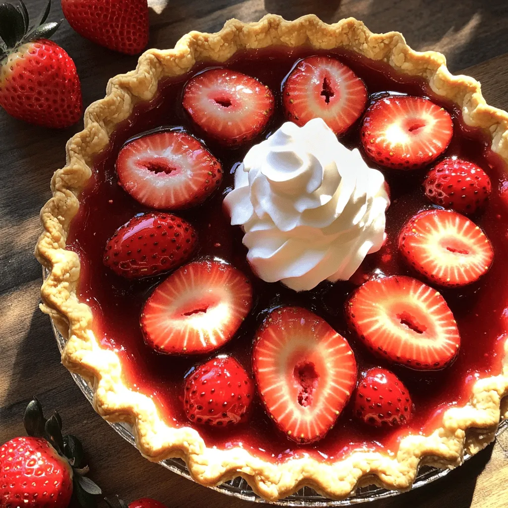 For this pie, you need fresh strawberries. Use 2 cups of ripe strawberries. Make sure they are hulled and halved. This gives each bite a sweet, juicy burst. You have choices for the pie crust. You can use a pre-made pie crust for ease. Store-bought options save time. If you prefer, make your own crust from scratch. Both work great for this recipe. You will also need a few more ingredients: - 1 cup granulated sugar - 2 tablespoons cornstarch - 1 teaspoon fresh lemon juice - 1 tablespoon unsalted butter, cut into small pieces - Whipped cream for topping (optional) These ingredients blend well together. The sugar sweetens the strawberries, while cornstarch thickens the filling. Lemon juice adds a bright touch. Butter enhances the flavor as it bakes. If you like, add whipped cream for a creamy finish. For the full recipe, check the details above. First, you need to preheat your oven to 400°F (200°C). This step is key. A hot oven helps the crust become crisp and golden. Next, grab a medium saucepan. Combine 1 cup of the hulled and halved strawberries, sugar, cornstarch, and lemon juice. Stir well to mix everything. This keeps the cornstarch from clumping. Place the saucepan over medium heat. Cook the mixture while stirring constantly. You want it to thicken and bubble, which takes about 5 to 7 minutes. Once it thickens, take it off the heat. Let it cool for a few minutes. After it cools, fold in the remaining strawberries gently. Be careful not to crush them. Now, pour your vibrant strawberry filling into the pre-made pie crust. Spread it out evenly. Dot the top with small pieces of butter to add flavor. Place the pie in your preheated oven. Bake for 15 to 20 minutes, or until the crust looks golden brown. When done, let the pie cool at room temperature for at least 30 minutes. This helps the filling set just right. If you like, serve each slice with whipped cream for a sweet touch. Enjoy this fresh and easy strawberry pie! For more details, check the Full Recipe. When picking strawberries, look for bright red ones. They should be firm but not hard. Check for a sweet smell; this shows they are ripe. Avoid any that are soft or have dark spots. Fresh berries make your pie taste better. A good pie crust is key to a great pie. If you use a store-bought crust, choose one that is ready to bake. If you make your own, keep your butter cold. This helps create a flaky texture. Roll the dough evenly and crimp the edges for style. Pre-bake the crust for a few minutes to avoid sogginess. You can boost flavor by adding zest from a lemon or orange. A little vanilla extract also adds depth. For a twist, mix in some basil or mint with the strawberries. These herbs bring a fresh taste to your pie. Don't forget the whipped cream on top for extra joy. For the full recipe, check out the detailed steps provided. {{image_4}} You can mix sweet strawberries with tart rhubarb for a fun twist. This combo gives you the best of both worlds. Use equal parts strawberries and rhubarb for great flavor. The sweetness of strawberries balances the tang of rhubarb. Make sure to adjust the sugar. You may need more sugar for the rhubarb to taste great. Do you love chocolate? Then, this pie is for you! You can add melted dark chocolate to the filling. Just mix it in after you thicken the strawberry filling. The rich chocolate enhances the sweet flavor of strawberries. For an extra treat, layer some chocolate ganache on the crust before adding the strawberries. You can easily make a vegan version of this pie. Use a vegan pie crust instead of a regular one. Replace butter with coconut oil or a vegan butter alternative. For sweetening, use maple syrup or agave instead of sugar. This way, everyone can enjoy this sweet delight without worry. Try these variations to add fun to your Easy Fresh Strawberry Pie. They can change the flavor but keep the joy of summer alive. For the full recipe, check the link provided. To keep your leftover pie fresh, cover it with plastic wrap. You can also use aluminum foil. Place it in the fridge. This keeps the pie from drying out. Enjoy the pie within three days for the best taste. If you have whipped cream on top, add it just before serving. This keeps it fresh and fluffy. You can freeze strawberry pie for later. First, let the pie cool completely. Wrap it tightly in plastic wrap. Then, cover it with aluminum foil. This prevents freezer burn. Label the pie with the date. It can stay in the freezer for up to two months. To enjoy, thaw it in the fridge overnight before serving. Reheat your pie in the oven for the best taste. Preheat the oven to 350°F (175°C). Remove any plastic wrap or foil. Place the pie on a baking sheet. Heat it for about 10 to 15 minutes. This warms the pie without making it soggy. Serve warm for a delightful treat! If you love whipped cream, add it on top after reheating for a tasty touch. Yes, you can use frozen strawberries. Just thaw them first and drain excess juice. This step helps keep your pie from getting soggy. Frozen berries may change the texture slightly but still taste great. They can work well in a pinch if fresh strawberries are not available. Your pie is done when the crust turns golden brown. The filling should bubble slightly, which shows it is hot and set. A good way to check is to look for a golden edge on the crust. If it looks nice and brown, it’s ready! You can serve your pie with whipped cream for a rich touch. Vanilla ice cream also pairs well with the sweet strawberries. Fresh mint leaves can add a nice pop of color and flavor. You can even drizzle some chocolate sauce for an extra treat! For more fun ideas, check the Full Recipe. This blog post covered how to make an easy fresh strawberry pie. We explored fresh strawberries, pie crusts, and tasty extras. You learned step-by-step how to prepare and bake your pie. I shared tips for picking ripe strawberries and making a great crust. We also looked at fun variations, storage tips, and common questions. Now, you have everything you need to bake a delicious pie. Enjoy every slice and share with friends!