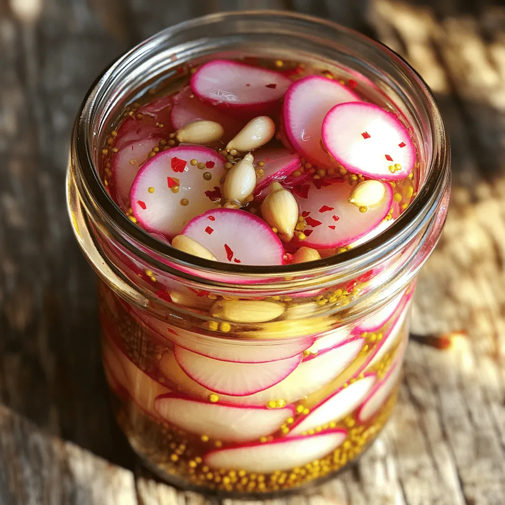 - 1 bunch fresh radishes - 1 cup distilled white vinegar - 1 cup water - 1 tablespoon granulated sugar - 1 tablespoon sea salt - 1 teaspoon mustard seeds - 1 teaspoon whole coriander seeds - 1 clove garlic - 1/2 teaspoon red pepper flakes (optional) The key to great pickled radishes is fresh ingredients. I love using a bunch of radishes, about 10 to 12, for a crisp bite. The vinegar is crucial. I prefer distilled white vinegar for its clean taste. It balances well with water to make the brine. Sugar brings a hint of sweetness, while salt enhances all the flavors. Mustard seeds and coriander seeds add depth and warmth. Garlic gives a lovely aroma. If you like heat, red pepper flakes are a fun touch. You can adjust the amount based on your taste. These ingredients work together to create a bright and zesty pickle that pops with flavor. - Calories: About 15 per serving - Fats: 0g - Carbohydrates: 4g - Proteins: 0g Pickled radishes are low in calories. The vinegar aids in digestion and may help with weight loss. Radishes are high in fiber and vitamins, making them a healthy choice. The garlic offers antioxidants, which can boost your immune system. Enjoying pickled radishes brings both taste and health benefits to your meals. For the full recipe, check out the Zesty Pickled Radishes section. The flavors are fresh and bright, and the process is simple. To make the pickling brine, start by combining these ingredients in a medium saucepan: - 1 cup distilled white vinegar - 1 cup water - 1 tablespoon granulated sugar - 1 tablespoon sea salt Place the saucepan over medium heat. Stir the mixture gently. This helps dissolve the sugar and salt. Heating is key. It ensures that everything blends well. Once dissolved, take the saucepan off the heat. Let it cool for about 10 minutes. Next, it’s time to prepare the radishes. First, clean them under cool water. This removes any dirt or grit. Then, slice them into thin rounds. I recommend using a mandoline slicer. It gives you uniform slices, which looks nice and pickles evenly. Now, let’s assemble the pickled radishes. In a clean, sterilized glass jar, layer the following: - Your sliced radishes - 1 teaspoon mustard seeds - 1 teaspoon whole coriander seeds - 1 clove garlic, peeled and thinly sliced - 1/2 teaspoon red pepper flakes (optional) After layering, carefully pour the cooled vinegar mixture over the radish mix. Make sure the radishes are completely submerged. If any slices float, gently press them down with a spoon. This step is vital for even pickling. Seal the jar tightly with a lid. Place it in the refrigerator and let it pickle for at least 24 hours. For the best flavor, wait 3 to 5 days. Enjoy your zesty pickled radishes! They add a great crunch and flavor to many dishes. Check out the Full Recipe for more details on making these delightful snacks. To ensure your pickled radishes turn out great, start with clean, sterilized jars and lids. You can do this by boiling them in water for 10 minutes. This step kills any germs and helps your pickles last longer. After you make the brine, let it cool properly. If you pour hot brine over the radishes, it can cook them. This will change the texture and flavor. Let the brine sit for about 10 minutes before pouring it over the radishes. For the best flavor development, refrigerate your radishes for at least 24 hours. However, waiting 3-5 days gives the best taste. The longer they sit, the more flavor they absorb from the brine. You will notice a nice tang and crunch after a few days. Pickled radishes are great in many dishes. You can serve them in a bowl as a snack or add them to salads for a pop of color. They also pair well with tacos or sandwiches. Try layering them with fresh greens to make your plate look nice. The bright color and zesty flavor will impress your guests! For the complete recipe, check out the Full Recipe. {{image_4}} You can change the taste of pickled radishes by adding herbs or spices. Try dill or cilantro for a fresh twist. If you like sweet flavors, add more sugar or honey. For a tangy bite, increase the vinegar. Sweet and savory both work well! Pickled radishes add crunch to salads, tacos, and sandwiches. They brighten up any dish! Use them in appetizers, too. Serve them with cheese or charcuterie boards. You can even garnish soups with pickled radishes for a pop of color. Don’t stop at radishes! You can pickle cucumbers, carrots, or onions. They follow the same steps as the original recipe. Just switch out the radishes for your veggie of choice. Each one brings unique flavors and textures to your meals. Store pickled radishes in a clean, sterilized glass jar. A tight-sealing lid keeps them fresh. Always refrigerate them right after pickling. This helps keep the radishes crunchy and flavorful. You can enjoy them for up to two weeks. After that, the taste may change. Check for changes in color or smell. If the radishes look dull or smell off, they may be bad. Another sign is a slimy texture. If you see any signs of mold, throw them out. Always trust your senses. When in doubt, it’s best to dispose of them. Freezing pickled radishes is not ideal. The texture will change, becoming mushy. If you still want to freeze them, put them in an airtight container. You can freeze them for up to three months. However, expect a loss in flavor and crunch after thawing. For the best taste, enjoy them fresh from the fridge. For the full recipe, check out the Zesty Pickled Radishes section. Pickled radishes last about 2 to 4 weeks in the fridge. Keep them in a sealed jar. The vinegar helps preserve them. If you notice any off smells or colors, discard them. Yes, you can use other vinegars for pickling! Apple cider vinegar gives a fruity taste. Rice vinegar adds a mild sweetness. Experiment with different types to find your favorite flavor! You can skip the sugar if you want. This will make the radishes less sweet. Try adding more salt or spices to balance the flavor. You can use honey or agave syrup as a substitute if desired. You can find pre-made pickled radishes at many grocery stores. Look in the condiment aisle or the international foods section. Local markets or specialty stores often carry homemade versions. Pickled radishes are low in calories and high in vitamins. They contain vitamin C and fiber. The fermentation process can aid digestion. Enjoy them as a tasty and healthy snack option! In this post, we explored how to make pickled radishes. You learned about the ingredients, nutritional benefits, and step-by-step instructions. We also covered tips for successful pickling and creative uses for your radishes. Finally, we discussed storage methods and answered common questions. Pickling radishes is simple and fun. You can enjoy a tasty, crunchy snack that adds flavor to many meals. Give it a try and make your own unique batches!