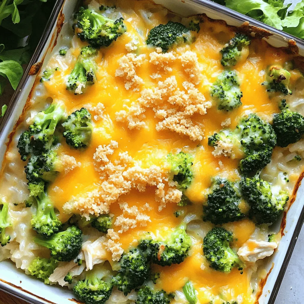This recipe is simple and full of flavor. Here’s what you need: - 2 cups cooked chicken, shredded - 2 cups cooked rice (white or brown) - 1 cup broccoli florets (fresh or frozen) - 1 cup cheddar cheese, shredded (save some for later) - 1 cup cream of mushroom soup - 1/2 cup milk (whole or low-fat) - 1 teaspoon garlic powder - 1 teaspoon onion powder - Salt and pepper, to taste - 1/2 cup breadcrumbs (optional for a crispy top) - 2 tablespoons olive oil (if using fresh broccoli) Gather these ingredients before you start cooking. Each item plays a key role in making this dish rich and tasty. The chicken and rice form the base while the broccoli adds color and nutrition. Cheese gives it that creamy, comforting feel. The soup and seasonings tie everything together for a delightful meal. For the full recipe, refer to the complete instructions above. 1. Preheat your oven to 350°F (175°C). This step warms up your cooking space. 2. If using fresh broccoli, bring a pot of water to boil. Blanch the florets for 2-3 minutes. This keeps them bright and tender. Drain them and set aside. If you have frozen broccoli, ensure it’s thawed and ready to go. 3. In a large bowl, mix together the shredded chicken, cooked rice, drained broccoli, cream of mushroom soup, milk, garlic powder, and onion powder. Stir until everything is combined well. 4. Add salt and pepper to taste. Gently fold in half of the shredded cheddar cheese for a creamy texture. 5. Pour your mixture into a greased 9x13-inch baking dish. Spread it evenly for even cooking. 6. Cover the dish with aluminum foil. This helps avoid browning too fast. Place it in the preheated oven and bake for 25 minutes. 7. After 25 minutes, remove the foil. This allows the cheese to brown nicely. Bake for another 10-15 minutes. Watch for bubbling cheese and a light golden color. 8. Once baked, let the casserole cool for a few minutes. This helps it set and makes serving easier. 9. For serving, you can present it right from the baking dish. This gives a warm and homey feel. Pair it with a side of mixed greens to add some color. For a finishing touch, sprinkle a bit more cheese or fresh herbs like parsley or chives on top before serving. Enjoy your Cheesy Broccoli Chicken and Rice Casserole Delight! Choosing the right chicken For the best flavor, I suggest using cooked chicken. You can shred or chop rotisserie chicken. It saves time and brings great taste. If you have leftover chicken, that works too. Just ensure it is moist. Dry chicken can make your casserole less tasty. Cooking rice perfectly When cooking rice, follow the package instructions closely. Use a 2:1 water-to-rice ratio for white rice. For brown rice, a 2.5:1 ratio works best. Make sure to let it rest after cooking. This helps the grains become fluffy and not sticky. Recommended seasoning adjustments To make your casserole pop, add more seasoning. Try using paprika for a smoky flavor. A pinch of cayenne can add heat. If you love herbs, consider adding dried thyme or basil. Fresh herbs also work well. Just chop them finely and mix them in. Ideas for adding more veggies You can easily boost the veggie content. Try adding peas, carrots, or bell peppers. Spinach or kale can also be great options. Just sauté them briefly before mixing into the casserole. This helps them retain their color and nutrients. {{image_4}} You can make this dish even more fun by swapping some ingredients. If you want a different protein, try using turkey or tofu instead of chicken. Both options taste great and keep it healthy. Turkey gives a nice flavor, while tofu is perfect for a vegan choice. If you're looking for dairy-free options, you can use non-dairy cheese or almond milk. These swaps help everyone enjoy the dish, no matter their diet. To change up the flavors, consider an Italian-style variation. Add Italian herbs like basil and oregano for a fresh twist. You can even mix in some diced tomatoes for extra flavor. This gives the casserole a rich taste that reminds you of Italy. For a spicy southwestern twist, add some diced jalapeños or chili powder. This will give your casserole a nice kick. You can also mix in black beans or corn to add more texture. Both options make the dish exciting and tasty. These variations let you customize your casserole. You can enjoy it in many ways! For the full recipe, check out our detailed guide. To keep your Cheesy Broccoli Chicken and Rice Casserole fresh, use airtight containers. Glass or plastic containers work well. Make sure they are clean and dry before adding the casserole. Store it in the fridge for up to three days. For longer storage, consider freezing it. If you freeze it, use freezer-safe bags. Remove as much air as possible to prevent freezer burn. When reheating, you have two main options: oven or microwave. The oven keeps the casserole crispy. Preheat it to 350°F (175°C). Place the casserole in an oven-safe dish. Cover it with foil to avoid drying out. Heat for about 20-25 minutes, or until hot. The microwave is faster but may not keep the texture. Place portions in a microwave-safe dish. Cover with a microwave-safe lid or wrap. Heat in short bursts, stirring in between. This helps keep the cheese melty and the rice fluffy. Always check the temperature to ensure it is hot all the way through. Enjoy your leftovers just as much as the first time! Can I make this casserole ahead of time? Yes, you can prepare it a day before. Just mix all the ingredients and store them in the fridge. When ready, bake it as directed. What can I substitute for cream of mushroom soup? You can use cream of chicken soup or a homemade white sauce. A mix of sour cream and broth works too. This helps keep the dish creamy. How do I prevent the casserole from getting soggy? Make sure to drain any excess liquid from the broccoli. Also, avoid using too much milk. Properly cooked rice helps keep the texture just right. Can I freeze Cheesy Broccoli Chicken and Rice Casserole? Yes, you can freeze it. Just cover it tightly with foil or plastic wrap. This keeps it fresh for up to three months. How long does it take to bake from frozen? Baking from frozen takes about 60-75 minutes. Cover it with foil for the first half of the baking time to avoid burning. What sides pair well with this dish? This casserole goes great with a side salad or steamed veggies. Garlic bread or a light soup can also complement it nicely. This blog post detailed how to make a Cheesy Broccoli Chicken and Rice Casserole. We covered ingredients, step-by-step baking instructions, and tips to perfect your dish. You can swap ingredients for new tastes or add vegetables for flavor. Storing and reheating tips ensure your leftovers are great too. Whether you’re a beginner or an expert, this dish is easy and fun to make! Enjoy your casserole adventure!