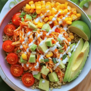 To make your easy buffalo chicken bowls, gather these tasty ingredients: - 2 cups cooked quinoa - 2 chicken breasts, cooked and shredded - 1/2 cup buffalo sauce - 1 cup cherry tomatoes, halved - 1 cup corn (frozen or fresh) - 1 ripe avocado, diced - 1/2 cup shredded cheddar cheese - 1/4 cup green onions, thinly sliced - 1/2 cup ranch dressing or Greek yogurt - Salt and pepper to taste These ingredients blend together to create a delicious meal. The quinoa acts as a healthy base. The chicken adds protein, while the buffalo sauce gives it a spicy kick. Each topping adds fresh flavors and textures. You can make your buffalo chicken bowls even better with these optional toppings: - Sliced jalapeños for extra heat - Crumbled blue cheese for a sharp taste - Fresh cilantro or parsley for a pop of color - Sliced olives for a briny touch Feel free to mix and match! These toppings let you customize your dish to your liking. Here’s a quick look at the nutrition in each serving of these buffalo chicken bowls: - Calories: Approximately 400 - Protein: 30g - Carbohydrates: 40g - Fat: 18g - Fiber: 10g This meal is balanced and packed with nutrients. The quinoa and veggies provide fiber. The chicken offers lean protein, making this a satisfying option for lunch or dinner. For the full recipe, check out Buffalo Chicken Bliss Bowls . To make the buffalo chicken, start by mixing shredded chicken with buffalo sauce. Use a large bowl for this step. Stir well with a spoon or spatula. Make sure the chicken is fully coated in the sauce. This step brings out the bold flavor of the dish. You want every bite to be spicy and delicious. Next, it's time to assemble your bowls. Take cooked quinoa and divide it among four serving bowls. This quinoa acts as a healthy base. On top, add the buffalo chicken mixture. Make sure each bowl gets a hearty portion. Then, layer on halved cherry tomatoes and corn. This adds color and texture. Now, sprinkle diced avocado and shredded cheddar cheese on top. This gives a creamy balance to the spicy chicken. Finally, drizzle ranch dressing or Greek yogurt over each bowl. This adds a rich finish. Season with salt and pepper to taste for that perfect touch. Serve your buffalo chicken bowls right away for best flavor. You can add a wedge of lime or lemon on the side. This zesty addition brightens up the dish. For a fun twist, arrange the ingredients in a spiral or rainbow pattern. This makes the bowls look colorful and inviting. Enjoy your meal with friends or family for a fun dining experience. For the complete recipe, please refer to the Full Recipe section. To make the best buffalo chicken, start with cooked chicken. Shred it into small pieces. You can use leftover chicken or rotisserie chicken. Mix the shredded chicken with buffalo sauce in a bowl. Make sure every piece gets coated well. The more sauce, the spicier it gets! Taste as you go. If it’s too spicy, add a little ranch dressing to cool it down. This gives a nice balance to the heat. Quinoa is easy to cook. Rinse it under cold water to remove any bitter taste. Use two cups of water for each cup of quinoa. Bring it to a boil, then lower the heat. Cover it and let it simmer for about 15 minutes. You’ll know it’s ready when the grains look fluffy. Fluff it with a fork before serving. This makes it light and airy, perfect for your bowls. Adding fresh ingredients boosts flavor. Cherry tomatoes and corn add sweetness and crunch. Avocado brings creaminess, while cheddar cheese adds sharpness. Green onions give a fresh finish. If you like herbs, try adding cilantro or parsley. A squeeze of lime or lemon brightens the dish even more. Experiment with different toppings to find your favorite flavor combo. For a full recipe, check out Buffalo Chicken Bliss Bowls. {{image_4}} If you want a meat-free version, you can swap the chicken for plant-based protein. Use shredded jackfruit or tofu. Both options soak up flavor well. Mix them with buffalo sauce just like the chicken. This keeps the dish spicy and satisfying. You will still enjoy the same great taste and texture. Buffalo sauce is not the only option. If you crave something different, try barbecue sauce or teriyaki sauce. These sauces add a sweet twist to your bowl. You can even mix sauces for a unique flavor. This way, you can create a new dish each time. For a gluten-free meal, check your buffalo sauce. Some brands add gluten. Use gluten-free sauces to keep it safe. You can also replace quinoa with rice or cauliflower rice. Both options are gluten-free and work great with the toppings. Enjoy a delicious meal without any worries! To keep your buffalo chicken bowls fresh, store leftovers in airtight containers. This helps prevent the food from drying out. Make sure to separate the ingredients if possible. Each item can last about three to four days in the fridge. This way, you can enjoy the flavors later. When you're ready to enjoy your leftovers, reheat them gently. You can use a microwave or a stovetop. If using a microwave, heat in short bursts of 30 seconds. Stir in between to ensure even heating. If using the stovetop, add a splash of water to avoid drying out. Heat until warm. For easy meal prep, you can cook the quinoa and chicken ahead of time. Store them separately in the fridge. Prepare the toppings like tomatoes and avocado just before serving. This keeps everything fresh. You can build your bowls for quick lunches or dinners during the week. For the Full Recipe, check out the complete guide to make your meal prep a breeze. You can use rice or farro instead of quinoa. Both options give a nice base. Brown rice adds fiber and chewiness. Cauliflower rice is a great low-carb choice. It cooks fast and works well with the flavors. Try different grains to find your favorite! Yes, you can prepare the bowls ahead of time. Cook the quinoa and chicken early. Store them separately in the fridge. Assemble the bowls when you are ready to eat. This keeps everything fresh and tasty. Buffalo sauce can be quite spicy. The heat level varies by brand. If you want less heat, use mild buffalo sauce. You can also mix it with ranch dressing for a milder flavor. Adjust the spice to meet your taste. To shred cooked chicken, use two forks. Hold one fork steady and pull the chicken apart with the other. You can also use your hands if the chicken is cool enough. A stand mixer with a paddle attachment is another quick way to shred. This method saves time and effort. In this post, I covered the key ingredients for delicious buffalo chicken bowls. You learned about prep steps, tips, variations, and storage. These bowls offer great taste with many options to suit your needs. Whether you choose a veggie version or different sauces, you can customize it. Remember, meal prep makes life easier. Enjoy making this recipe your own! With these ideas, you can create tasty, satisfying meals anytime.