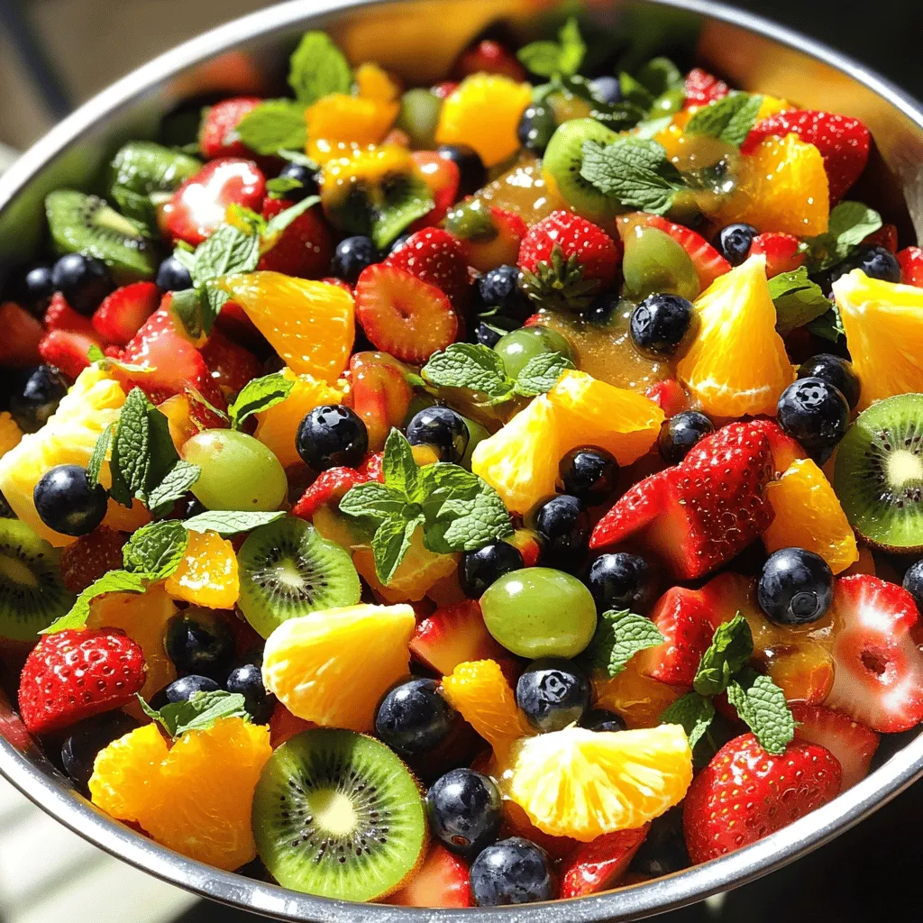 - Strawberries - Pineapple - Kiwi - Blueberries - Grapes - Orange - Honey - Fresh mint - Lime juice How to measure fruits Use a measuring cup for accuracy. Cut the fruit into small pieces before measuring. This helps you get a good amount for each fruit in the salad. Tips for hulling and slicing fruit To hull strawberries, use a small knife to remove the green top. For kiwi, cut off both ends and slice down the sides to remove the skin. Make sure to slice your fruits evenly for a nice look. Best practices for freshness Choose ripe fruits that are firm but not hard. Wash fruits thoroughly before cutting. If you prepare the salad ahead of time, add lime juice to keep it fresh. This helps prevent browning and keeps it looking bright and tasty. For the complete recipe, check out the Fruity Fiesta Salad . - Combining the fruits Start by gathering all your fresh fruits. I recommend using strawberries, pineapple, kiwi, blueberries, grapes, and orange. In a large mixing bowl, combine one cup each of quartered strawberries, diced pineapple, sliced kiwi, juicy blueberries, halved grapes, and orange segments. Toss the fruits gently to mix them without breaking them. - Making the honey-lime dressing In a small bowl, whisk together two tablespoons of pure honey, the juice of one zesty lime, and one tablespoon of finely chopped fresh mint. Whisk until smooth. This dressing adds a sweet and tangy flavor to your salad. - Tossing without mashing After you drizzle the honey-lime dressing over the fruit, use a spatula to toss the salad. Be careful not to mash the fruits. You want to keep them whole and pretty. - How to properly coat the fruits As you toss, make sure all the fruits get a nice coating of the dressing. This step ensures every bite is full of flavor. If you see some fruits not coated well, gently toss again. - Best ways to serve Serve the fruity fiesta salad in individual bowls. This way, everyone gets their own colorful serving. You can also use a big bowl for a family-style presentation. - Ideal serving temperature This salad tastes best chilled or at room temperature. Let it sit for about ten minutes before serving. This resting time helps the flavors blend nicely. Enjoy the freshness! For the [Full Recipe], check the details above. To make your fruit salad pop, try adding extra ingredients. Nuts like almonds or walnuts add crunch. A dollop of yogurt gives creaminess. Both options enhance the taste. Mix fruits based on their flavors. Sweet strawberries pair well with tangy kiwi. Pineapple and blueberries create a refreshing balance. Serve your salad in creative bowls. A clear glass bowl shows off the bright colors. You can also use halved pineapples as bowls for fun. Garnish with fresh mint leaves. They add a pop of green and a fresh scent. Avoid overmixing your fruits. If you mix too hard, they can turn mushy. Instead, toss gently to keep them whole. Also, let your salad sit for a bit. This time helps the flavors meld. It makes the salad taste even better. {{image_4}} For summer, use bright, juicy fruits. Think about watermelon, peaches, and cherries. These fruits add color and sweetness. You can mix them with your base recipe. They keep the salad cool and refreshing. In winter, aim for citrus fruits. Oranges, grapefruits, and pomegranates work well. They give a nice twist. The bright flavors help lift your spirits during colder months. You can also add apples for a nice crunch. If you want a vegan option, skip the honey. Use agave syrup or maple syrup instead. These sweeteners keep the salad delicious. They help you maintain a plant-based diet without losing flavor. For gluten-free additions, focus on fruits. Most fruits are naturally gluten-free. You can add seeds or nuts for more texture. Almonds, walnuts, or chia seeds add a nice crunch and boost nutrition. For a different flavor, try yogurt dressing. Mix plain yogurt with honey and a squeeze of lime. This gives a creamy twist to your salad. You can spice things up with herbs or spices. Fresh basil or mint can add a fresh hit. A pinch of cinnamon or ginger can also enhance the taste. Try out different combinations to find your favorite! To keep your fruit salad fresh, use airtight containers. Glass or plastic containers work well. Make sure the lid fits tightly. This will help keep out air and moisture. You can also use a bowl covered with plastic wrap. Here are some tips for freshness: - Store in the fridge within two hours of making it. - Keep it in the back of the fridge where it is coldest. - Avoid mixing in the dressing until you are ready to eat. Can you freeze fruit salad? Yes, but not all fruits freeze well. Some fruits become mushy when thawed. Berries and bananas are good for freezing, but others like watermelon are not. Here are best practices for thawing: - Freeze in small portions for easy use. - Thaw overnight in the fridge for best results. - Use in smoothies or as toppings after thawing. In the fridge, fruit salad lasts about three days. After that, it may lose its taste or texture. Look for these signs of spoilage: - Fruits become slimy or overly soft. - A sour smell or off-putting odor. - The color of the fruits dulls significantly. Stay safe and enjoy your fruity fiesta salad! For the full recipe, check out the earlier section. - Start by gathering fresh fruits like strawberries, pineapple, kiwi, blueberries, grapes, and orange. - In a large bowl, combine the quartered strawberries, diced pineapple, sliced kiwi, juicy blueberries, halved grapes, and orange segments. - Gently toss the fruits to mix them without mashing. - In another bowl, whisk together two tablespoons of honey and the juice of one lime. - Drizzle this dressing over the fruit mixture, then toss again to coat the fruits evenly. - Let the salad sit for ten minutes for the flavors to blend. - Serve chilled or at room temperature for the best taste. - Strawberries: Sweet and juicy, they add color. - Pineapple: Tart and refreshing, it brings a tropical feel. - Kiwi: Its bright green color and tangy taste make it a favorite. - Blueberries: Small and sweet, they burst with flavor. - Grapes: Crisp and juicy, they add a nice crunch. - Orange: Sweet segments add brightness and balance. - Use citrus juice, like lime or lemon, to coat cut fruits. - Store the salad in an airtight container to keep air out. - Add bananas or apples just before serving to prevent browning. - Choose fresh fruits that are ripe but not overripe to start. - Enjoy your salad soon after making it for the best look and taste. This blog covers the essentials for making a delicious fruit salad. You learned about fresh fruits like strawberries and grapes, and how to enhance flavors with honey and mint. I shared tips for preparation and serving, along with ways to store leftovers. Keep experimenting with seasonal fruits and dressings. The right mix can brighten any meal. Enjoy your fruit salad and share it with friends!
