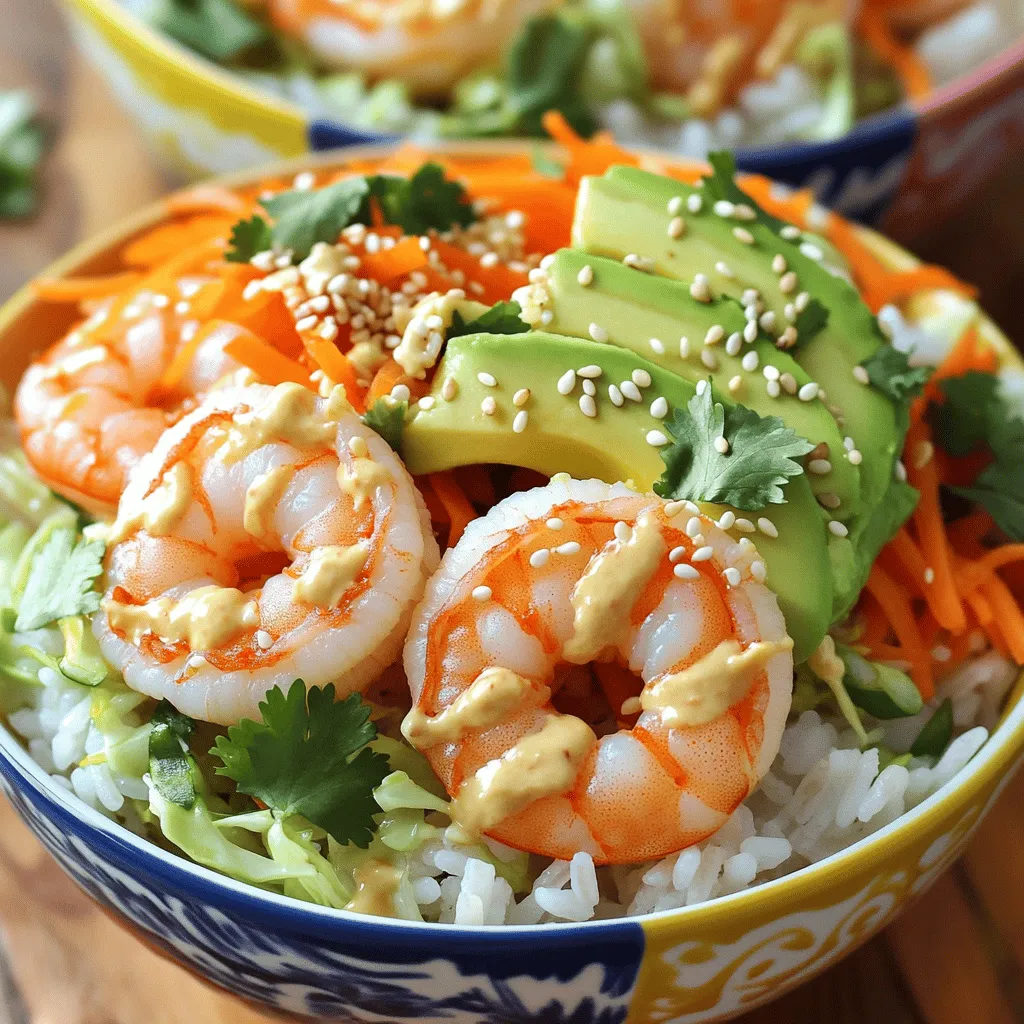 - 1 lb shrimp, peeled and deveined - 2 cups cooked jasmine rice - 1 ripe avocado, sliced - 1 cup shredded carrots - 1 cup green cabbage, thinly sliced - 2 tablespoons soy sauce - 1 tablespoon sesame oil - 1 tablespoon olive oil - 1 tablespoon freshly squeezed lime juice - 1 teaspoon garlic powder - 1 teaspoon paprika - Salt and pepper to taste - ½ cup mayonnaise - 1-2 tablespoons sriracha (adjust to taste) - A sprinkle of sesame seeds for garnish - Fresh cilantro leaves for garnish In this recipe, I keep it simple yet flavorful. First, I focus on the shrimp. You want them fresh, peeled, and deveined. This makes cooking easy and fast. I love using jasmine rice as a base. It’s fluffy and fragrant. The ripe avocado adds creaminess. Next, I add colorful veggies. Shredded carrots bring crunch. Thinly sliced cabbage adds freshness. These veggies not only taste great but also make the dish look vibrant. Then we have the seasonings. Soy sauce gives a savory kick. Sesame oil adds a nice nutty taste. Lime juice brightens the dish. I use garlic powder and paprika for depth. Don’t forget salt and pepper to balance everything. Lastly, let’s talk about the spicy mayo. This is a key part of the meal. Mix mayonnaise with sriracha. You can adjust the heat to your liking. A sprinkle of sesame seeds and fresh cilantro make for a nice touch. You can find the complete details in the Full Recipe. Enjoy the colorful and tasty shrimp rice bowls with spicy mayo! To start, take the shrimp and put them in a large bowl. Add soy sauce, sesame oil, lime juice, garlic powder, paprika, salt, and pepper. Mix it well until the shrimp are coated. Let the shrimp sit for 15 minutes. This step gives the shrimp great flavor. While the shrimp is marinating, make the spicy mayo. In a small bowl, combine mayonnaise and sriracha. Stir until smooth. Taste it to check the spice level. You can add more sriracha if you want it spicier. Heat olive oil in a non-stick skillet over medium-high heat. Once the oil is hot, add the marinated shrimp. Sauté the shrimp for about 3-5 minutes. They should turn pink and opaque. Remove them from heat when done. Now, it’s time to put everything together. Start with a base of jasmine rice in each bowl. Neatly layer the shredded carrots, sliced avocado, and thinly sliced green cabbage on top. This creates a colorful and fresh look. Next, add the cooked shrimp on top of each bowl. Make sure to divide them evenly. Finally, drizzle the spicy mayo over everything. It adds a nice touch and flavor. Garnish with sesame seeds and fresh cilantro leaves for extra taste and visual appeal. Enjoy your meal! If you want the complete instructions, check the Full Recipe. To cook shrimp just right, keep these tips in mind: - Choose fresh shrimp. Look for shrimp that are firm and smell like the ocean. - Don't crowd the pan. Give shrimp space in the skillet to cook evenly. - Watch the color. Shrimp turn pink when cooked. Remove them from heat once they are opaque. - Timing is key. Cook shrimp for just 3 to 5 minutes, depending on size. Overcooking makes them tough. You can make spicy mayo your own with these ideas: - Add lime juice for a zesty twist. - Mix in garlic to enhance the flavor. - Try different hot sauces like chili garlic sauce or even a dash of wasabi. - Use Greek yogurt instead of mayo for a lighter option. A beautiful meal makes it more enjoyable to eat. Here are some tips: - Use colorful bowls to make your dish pop. - Layer your ingredients. Start with rice, then add veggies, and top with shrimp. - Garnish wisely. A sprinkle of sesame seeds and cilantro adds color and flavor. - Add lime wedges on the side for that extra burst of freshness. These tips will help you create a delightful shrimp rice bowl that looks as good as it tastes! For all the details, check out the Full Recipe. {{image_4}} If shrimp isn't your thing, you can swap it out. Chicken works well and keeps the dish light and tasty. Just cube the chicken and marinate it like you would the shrimp. If you prefer a plant-based option, try tofu. Use firm tofu and press it to remove excess water. Then, cut it into cubes and marinate. Both options give you a great flavor. The rice you use can change the dish a lot. Jasmine rice is tasty, but brown rice adds a nutty flavor and more fiber. For a low-carb choice, try cauliflower rice. It cooks quickly and soaks up the flavors well. Sushi rice is another fun option. It’s sticky and makes for a great base. Toppings make your shrimp rice bowls even better. Try adding pickled vegetables for a tangy crunch. Seaweed can also add a nice salty flavor and a touch of umami. You can include sliced radishes or chopped scallions for more color and texture. Get creative and make it your own! To store leftovers, place them in airtight containers. The shrimp rice bowls stay fresh for up to three days in the fridge. Make sure to cool them down first before sealing. This helps keep flavors intact. For longer storage, you can freeze individual components. Freeze shrimp, rice, and veggies separately. Use freezer-safe bags or containers. They can last up to three months in the freezer. When ready to eat, just pull them out and thaw. When reheating, do it slowly. Use a skillet over medium heat for the shrimp and veggies. This helps them keep their texture. For rice, add a splash of water in a pan. Cover it to steam for a few minutes. This warms the rice without drying it out. Enjoy your meal as if it were fresh! Yes, you can use frozen shrimp. To thaw them, place the shrimp in a bowl of cold water. Change the water every 10 minutes until they are soft. This usually takes about 30 minutes. After thawing, drain and pat them dry before marinating. Using frozen shrimp is a great way to save time. You can serve many tasty sides with shrimp rice bowls. Here are a few ideas: - Steamed broccoli or green beans for a healthy crunch. - A simple cucumber salad for a refreshing touch. - Edamame for a protein boost and fun texture. - A light miso soup to complement the meal. These sides add variety and balance to your meal. If you love heat, here are some ways to spice it up: - Add more sriracha to the spicy mayo. Start with one extra tablespoon. - Toss in red pepper flakes when cooking the shrimp. - Use a spicier hot sauce like habanero or chili paste in the mayo. - Mix in chopped jalapeños or serrano peppers for fresh heat. Adjust the spice level to match your taste buds. For the complete Spicy Shrimp Crunch Rice Bowls recipe, check the [Full Recipe](#). Here, you will find all the details to make this delightful dish. In this blog post, we explored making Spicy Shrimp Crunch Rice Bowls. We discussed the main ingredients, from shrimp and rice to fresh veggies and zesty sauces. I walked you through step-by-step instructions to marinate, cook, and assemble your dish. Plus, I shared tips for perfect shrimp, custom mayo, and attractive presentation. Don't forget you can easily customize this dish with different proteins and rice. Enjoy creating your own version, and remember, these bowls are not just tasty; they're also a fun meal for sharing.
