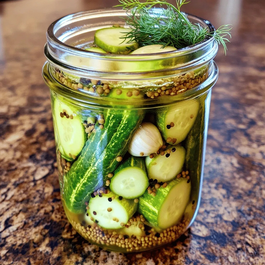 - Cucumbers and Main Ingredients - 1 pound small cucumbers (ideally pickling cucumbers) - 4 cups water - 1 cup distilled white vinegar - 3 tablespoons kosher salt - 4 garlic cloves, peeled and lightly smashed - Seasonings and Spices - 2 tablespoons granulated sugar - 2 teaspoons dill seeds - 1 teaspoon whole black peppercorns - 1 teaspoon mustard seeds - 1/2 teaspoon red pepper flakes (optional for a spicy kick) - Optional Ingredients for Variations - Fresh dill sprigs (for garnish) When making garlic dill pickles, start with fresh cucumbers. Pickling cucumbers work best. They are crisp and flavorful. Choose small ones for crunch. For the brine, mix water, vinegar, salt, and sugar. This mixture gives the pickles their tangy taste. Next, you add the spices. Garlic is key for flavor. I like to smash the cloves to release more taste. Dill seeds add a nice herbal note. Whole black peppercorns and mustard seeds give depth. If you like heat, add red pepper flakes. They bring a spicy kick to the pickles. You can also try variations. Add jalapeños for a spicy twist or more sugar for sweetness. Fresh dill sprigs are great for garnish. They make your pickles look pretty and add flavor. This garlic dill pickles recipe is sure to impress. For the full recipe, check out the detailed steps and enjoy the process! First, rinse the cucumbers under cold water. This helps remove dirt and dust. Next, trim off both ends of each cucumber. You can keep them whole or slice them into spears. Whole cucumbers will stay crunchier, while sliced ones add a fun texture. Choose what you like best! Now, let’s make the brine. In a large saucepan, mix water, vinegar, kosher salt, and sugar. Heat it over medium heat. Stir gently until the salt and sugar dissolve. This step is key for a balanced flavor. Once everything is mixed, remove the saucepan from heat. Let the brine cool to room temperature. This process helps the flavors blend nicely. While the brine cools, prepare your jars. Sterilize a quart-sized mason jar or two pint-sized jars. You can boil them in water for ten minutes or run them in the dishwasher on the hottest setting. This step keeps the pickles safe to eat. After sterilizing, it’s time to add spices. Place the smashed garlic cloves, dill seeds, black peppercorns, mustard seeds, and red pepper flakes (if you want some heat) in the bottom of each jar. These spices enhance the flavor of your pickles. Next, gently pack the cucumbers into the jars. Press them down lightly on top of the spice layer to fit snugly. Finally, pour the cooled brine over the cucumbers. Make sure they are fully submerged. This ensures every bite bursts with flavor. Top the cucumbers with fresh dill sprigs before sealing the jars tightly with a lid. Let the pickles marinate in the fridge for at least 24 hours. After that, you can enjoy them! For the full recipe, check out the details above. Importance of Fresh Cucumbers Fresh cucumbers are key for crunchy pickles. Look for small, firm pickling cucumbers. The skin should be bright green with no soft spots. Fresh cucumbers will help your pickles stay crisp and tasty. Methods to Maintain Crispness To keep your pickles crunchy, you can try a few tricks. First, soak cucumbers in ice water for a couple of hours before pickling. This helps them retain moisture. You can also add a few grape leaves to the jar. They contain tannins that help maintain crispness. Using Additional Herbs You can boost the flavor of your pickles with extra herbs. Consider adding thyme, bay leaves, or even a sprig of rosemary. Each herb adds its own unique taste, making your pickles even more special. Adjusting Spices for Heat If you like a bit of heat, add more red pepper flakes or include fresh sliced jalapeños. Adjust the spice level to match your taste. This way, each bite can surprise you with flavor. Pairing with Food Garlic dill pickles pair well with many dishes. Serve them alongside sandwiches, burgers, or cheese boards. Their bright flavor cuts through rich foods and adds a tasty crunch. Creative Presentation Ideas For a fun presentation, place the pickles in a decorative bowl. You can also keep them in the mason jar with extra dill on top. This looks lovely and invites guests to grab a pickle. {{image_4}} To make spicy garlic dill pickles, you can add jalapeños or chili flakes. This gives your pickles a nice kick. Just slice fresh jalapeños and add them to your jars. For chili flakes, sprinkle them right in the brine. You can adjust the spice level based on your taste. If you want it mild, use less. For more heat, add more. This spicy twist makes your pickles stand out at any gathering. If you enjoy sweet flavors, consider adjusting the sugar levels. You can add more sugar to the brine for a sweeter pickle. Start with an extra tablespoon and see how you like it. Sweet garlic dill pickles balance the tangy vinegar. They offer a fun contrast to the savory garlic. You can also use honey or agave syrup as alternatives. This will give a unique sweetness to your pickles. Incorporating other fresh herbs can enhance your pickles. You can try adding thyme or tarragon for a different flavor. Just toss in a few sprigs of these herbs along with the dill. Experimenting with various herbs adds depth to your pickles. You can even mix and match herbs to find your perfect blend. This creative approach makes each batch unique and exciting. For the full recipe, check out the Crunchy Garlic Dill Pickles section. To keep your garlic dill pickles fresh, follow these tips: - Refrigerator Storage Tips: Once you make the pickles, store them in the fridge. Use a clean jar with a tight lid. This keeps them crisp and flavorful. The cool temperature slows down spoilage. Ensure the pickles stay submerged in the brine. This helps them soak up all the good flavors. - Long-term Preservation Methods: For longer storage, consider canning. You can use a water bath canner for safety. Make sure to follow proper canning steps. This allows you to enjoy your pickles months later. When stored properly, garlic dill pickles can last: - Expected Duration if Properly Stored: In the fridge, they usually last 3 to 4 weeks. If canned, they can last up to a year. Always check the jars for any signs of spoilage. It's crucial to know how to spot bad pickles. Here are some signs: - How to Identify Bad Pickles: Look for off smells or colors. If the brine turns cloudy, toss them out. Check for mold on the surface. If you see any, it’s time to discard the jar. Finally, if the pickles feel mushy, they have gone bad. Always trust your senses; when in doubt, throw them out! The best cucumbers for pickling are pickling cucumbers. These are smaller and have fewer seeds. They also have a thicker skin, which helps them stay crunchy. You can find them at most grocery stores or farmer's markets. Garlic dill pickles need to marinate for at least 24 hours. This time allows the flavors to soak in. If you wait longer, the pickles get even tastier. However, you can eat them after one day if you can’t wait! You can use regular salt, but it is best to stick with kosher salt. Kosher salt dissolves better in the brine. It also gives a nice texture to the pickles. If you use regular salt, cut down the amount slightly. This helps avoid overly salty pickles. You can find garlic dill pickles at most grocery stores. Look in the pickle aisle or the refrigerated section. Local markets or specialty shops often sell homemade options too. You might even find unique flavors that you can’t make at home. Yes, garlic dill pickles are healthy! They are low in calories and high in flavor. The cucumbers provide hydration and vitamins. Garlic has health benefits too, like boosting your immune system. Just watch out for sodium if you are on a low-salt diet. You learned how to make pickles with fresh cucumbers and spices. We covered steps for preparation and jar sealing. Remember to keep your cucumbers fresh for crunch. You can also make spicy or sweet variations to suit your taste. Store pickles well to enjoy them longer. With these tips, you’ll master pickling garlic dill pickles. Happy pickling!