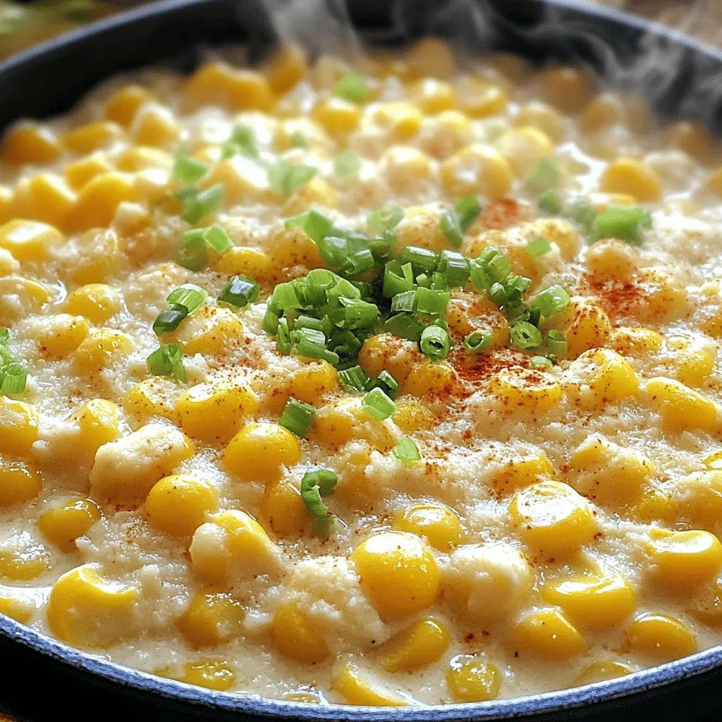 - Corn kernels (fresh or frozen) - Heavy cream for richness - Unsalted butter for flavor enhancement For this dish, corn kernels are the star. You can use fresh corn cut from the cob or grab frozen corn for ease. Both options work well and bring that sweet flavor we love. Heavy cream adds a rich texture, making it feel indulgent. Unsalted butter boosts the taste, giving that mouthwatering essence to every bite. - Garlic, minced for aroma - Smoked paprika and cayenne pepper for spiciness - Salt and black pepper for taste depth Garlic brings a warm, inviting aroma. Mince it finely for even distribution. Smoked paprika adds a hint of smokiness, while cayenne pepper gives a nice kick. Salt and black pepper round out the flavors, ensuring every spoonful is satisfying. - Grated Parmesan cheese for creaminess - Green onions for garnish If you want an extra creamy touch, Parmesan cheese works wonders. It melts beautifully into the dish. Green onions add a fresh burst of color and a slight crunch on top. These add-ons can elevate your Cowboy Butter Creamed Corn to a new level. For the full recipe, check out Cowboy Butter Creamed Corn Delight 🤠. 1. Start by heating a large skillet over medium heat. 2. Add 4 tablespoons of unsalted butter to the skillet. Let it melt completely. 3. Once the butter is melted, add 2 tablespoons of finely minced garlic. Sauté this for about 1 minute. You want the garlic to smell good and turn golden. 4. Now, add 4 cups of fresh corn kernels to the skillet. Stir them into the garlic butter mixture. Cook for about 5 minutes. You’ll want to stir occasionally until the corn is soft and bright. 5. Next, pour in 1 cup of heavy cream. Then add 1 teaspoon of smoked paprika, 1/2 teaspoon of cayenne pepper, 1 teaspoon of salt, and 1/2 teaspoon of black pepper. Mix everything well. 6. Reduce the heat a bit and let the mix simmer for about 8-10 minutes. Stir occasionally until the mixture thickens into a creamy sauce. 7. Once thickened, stir in 1/3 cup of grated Parmesan cheese. Make sure it melts into the creamed corn. This gives it a nice creamy texture. 8. Taste the creamed corn and adjust the seasoning. Add more salt or pepper if needed. 9. Carefully transfer the creamed corn to a serving bowl. Top it with 2 finely chopped green onions for a fresh finish. This recipe is a delightful experience in every bite. For the full recipe, refer to the details above. - How to avoid burning garlic: To keep garlic from burning, cook it over medium heat. Stir it often for about a minute until it smells great. If it turns too brown, it gets bitter and ruins the dish. - Ensuring the right creaminess consistency: For the perfect creamy texture, stir the mix often as it simmers. If it looks too thick, add a splash of cream. If it’s too thin, let it cook a bit longer. - Adjusting spice levels to taste: You can change the heat by adding more or less cayenne pepper. Start small, taste, and then add more if you like it spicy. - Alternative cheese options for added flavor: If you want a different cheese taste, try using feta or cheddar. Each cheese brings its own flavor and makes the dish unique. - Serving suggestions for a rustic look: Serve the creamed corn in a cast-iron skillet or a wooden bowl. This gives a warm, homey feel to your meal. - Pairing ideas for a complete meal: Cowboy Butter Creamed Corn goes well with grilled meats like steak or chicken. It also pairs perfectly with cornbread or biscuits for a true cowboy feast. {{image_4}} You can switch up the cheese in Cowboy Butter Creamed Corn. Try using cheddar for a sharper taste. Or use mozzarella for a milder flavor. Each cheese gives a unique touch to the dish. If you want a vegan option, replace the butter with olive oil. Use coconut cream instead of heavy cream. These swaps keep the dish creamy and rich without dairy. Add fresh herbs like parsley or chives for a pop of freshness. These herbs brighten the dish and add color. You can also mix in thyme or basil for a different twist. For spice lovers, try adding cumin or chili powder. These spices bring warmth and depth to the flavor. Adjust the amount to match your heat preference. You can make Cowboy Butter Creamed Corn in a slow cooker. This method allows flavors to develop over time. Just combine the corn, cream, and spices in the slow cooker and let it cook on low for a few hours. Grilling the corn before adding it to the dish enhances the flavor. The grill adds a smoky note that pairs well with the creamy elements. Cook the corn on the grill until it has nice char marks, then cut it off the cob to use in the recipe. For the full recipe, check out the [Full Recipe](#). To keep Cowboy Butter Creamed Corn fresh, place it in an airtight container. Make sure it cools down first. Store it in the fridge. It stays fresh for about 3 to 4 days. If you want to enjoy it later, freezing is a great option. When reheating, I recommend using the stovetop. This method keeps the texture nice and creamy. Simply add a splash of cream or water to help with moisture. Stir it often until it warms up. If you use a microwave, heat it in short bursts. Stir in between to heat evenly and avoid hot spots. To freeze Cowboy Butter Creamed Corn, let it cool completely. Then, transfer it into a freezer-safe container. Leave some space at the top for expansion. It can last up to 2 months in the freezer. When you are ready to eat, thaw it in the fridge overnight. Reheat on the stovetop, adding some cream if needed to restore its texture. Cowboy butter is a rich, flavorful sauce made from butter, garlic, and spices. It adds zest to many dishes. You can use it for grilled meats, veggies, or even as a dip. It gives a creamy and smoky touch to simple foods. In Cowboy Butter Creamed Corn, it makes the dish extra special. Yes, you can use canned corn. Here are some pros and cons: - Pros: Canned corn is quick and easy to use. It saves time on prep. - Cons: Canned corn can be less sweet than fresh corn. The texture may not be as crisp. If you choose canned corn, rinse it well to remove extra sodium. This helps keep the dish fresh and light. To make Cowboy Butter Creamed Corn dairy-free, use these swaps: - Cream: Replace heavy cream with coconut cream or cashew cream. - Butter: Use vegan butter or olive oil for a lighter option. These alternatives keep the dish creamy and tasty without dairy. You’ll still enjoy all the flavors in the recipe while meeting dietary needs. In this blog post, we explored how to make Cowboy Butter Creamed Corn. We covered essential ingredients like corn, heavy cream, and butter. Seasonings like garlic and paprika added flavor depth. I also shared tips for preparation, variations, and storage. This dish is a great way to enjoy rich flavors with simple steps. With some creativity, you can customize it to fit your taste. Enjoy this delightful side dish with your next meal!
