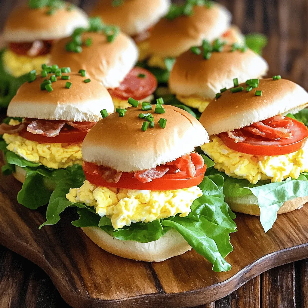 - 6 large eggs - 2 tablespoons mayonnaise - 1 teaspoon Dijon mustard - Salt and pepper to taste - 4 crisp leaves of romaine or iceberg lettuce - 4 slices of juicy, ripe tomato - 4 slices of crispy turkey bacon or vegetarian bacon - 4 soft slider buns - Fresh chives, finely chopped for garnish Let’s dive into the heart of these tasty sliders. The main ingredients start with six large eggs. They bring protein and creaminess to the dish. Mix in two tablespoons of mayonnaise and one teaspoon of Dijon mustard. These add a rich flavor and smooth texture. Season with salt and pepper to taste. This combination creates a classic devilled egg base. Next, we have additional components. Four crisp leaves of romaine or iceberg lettuce add crunch and freshness. Four slices of juicy, ripe tomato give a burst of flavor and color. For the protein, use four slices of crispy turkey bacon or vegetarian bacon. This choice suits different diets while still adding a savory touch. Finally, the serving essentials include four soft slider buns. They hold everything together and make it easy to eat. Fresh chives, chopped finely, add a pop of color and a hint of onion flavor. For the complete experience, refer to the Full Recipe for all the details you need. Whether you're hosting a party or just treating yourself, these ingredients come together for a delightful meal. To boil eggs perfectly, place them in a medium saucepan. Cover the eggs with cold water. Heat on medium until the water boils. Once boiling, cover the saucepan and take it off the heat. Let the eggs sit for 12 minutes. This method ensures the yolks stay nice and bright. After 12 minutes, it’s time to cool the eggs. Move them to a bowl of ice water. Let them chill for about five minutes. This helps with peeling. When they are cool, gently tap each egg on the counter. Roll it lightly to crack the shell. Peel under running water for easier removal. Next, we make the devilled mixture. Take your chopped eggs and place them in a bowl. Add 2 tablespoons of mayonnaise, 1 teaspoon of Dijon mustard, and hot sauce if you want a kick. Season with salt and pepper. Stir with a fork until the mixture is creamy and smooth. This blend gives the sliders rich flavor. Now, it’s time to assemble the sliders. Slice the slider buns in half. On the bottom half, lay down a crisp leaf of lettuce. Add a slice of juicy tomato next. Spoon on a generous amount of the devilled egg mixture. Top it with a piece of crispy bacon. Finally, place the top half of the bun over everything. For presentation, arrange the sliders on a nice platter. You can sprinkle chopped chives on top for color and taste. Serve these tasty bites right away for the best experience. To achieve crispy bacon, cook it slowly over medium heat. Start with a cold pan, and turn the heat up gradually. This method helps render the fat properly, making it crispy and golden. If you prefer vegetarian options, use plant-based bacon. Many brands offer tasty versions that can mimic traditional bacon well. When serving your sliders, consider pairing them with sweet potato fries or a light salad. Both options add a fresh taste that complements the sliders nicely. For garnishing, sprinkle chopped chives on top. You can also offer a small bowl of hot sauce for those who want extra heat. To store leftovers, place the sliders in an airtight container. They can last in the fridge for up to two days. When reheating, use a toaster oven for the best taste. This method keeps the buns soft and the filling warm without getting soggy. {{image_4}} You can change the type of bacon in this recipe. Try crispy applewood smoked bacon for a sweet touch. If you want a smoky flavor, use pancetta. For a healthier choice, turkey bacon works well. You can also replace mayonnaise with Greek yogurt. This swap adds creaminess with fewer calories. Or, try avocado for a rich, buttery flavor. Adding spices can make your devilled egg sliders pop. Mix in a pinch of paprika for a mild bite. For heat, consider cayenne pepper or chili powder. Fresh herbs like dill or chives can also enhance taste. You can switch sauces too! Instead of Dijon mustard, use spicy mustard or ranch dressing for a unique twist. To make these sliders gluten-free, choose gluten-free buns. You can find many options in stores today. For vegan choices, replace eggs with mashed chickpeas or tofu. Use a vegan mayo or omit it altogether. These swaps keep the flavor while catering to dietary needs. Enjoy these sliders no matter your diet! Here’s what you need to make Devilled BLT Egg Sliders: - 6 large eggs - 2 tablespoons mayonnaise - 1 teaspoon Dijon mustard - 1 teaspoon hot sauce (optional) - Salt and pepper to taste - 4 crisp leaves of romaine or iceberg lettuce - 4 slices of juicy, ripe tomato - 4 slices of crispy turkey bacon or vegetarian bacon - 4 soft slider buns - Fresh chives, finely chopped for garnish Now, let’s break down the steps: 1. Boil the Eggs: Start by putting the eggs in a pot. Cover them with cold water. Heat on medium until it boils. Once it boils, cover and remove from heat. Let the eggs sit for 12 minutes. 2. Cool and Peel: Move the eggs to a bowl of ice water. Let them cool for 5 minutes. After that, peel the eggs and chop them into small pieces. 3. Make the Devilled Mixture: In a bowl, mix the chopped eggs with mayonnaise, Dijon mustard, and hot sauce if you like it spicy. Add salt and pepper to taste. Stir until creamy. 4. Prepare the Slider Ingredients: Cook the turkey bacon in a skillet until crispy. If you use vegetarian bacon, follow the package instructions. Wash and dry the lettuce, and slice the tomatoes. 5. Assemble the Sliders: Slice each slider bun in half. On the bottom half, place a lettuce leaf, then a slice of tomato. Add a generous scoop of the devilled egg mix. Top with a slice of crispy bacon, then place the top half of the bun over it. 6. Garnish: Sprinkle fresh chives on top of the sliders before serving. 7. Serve: Place the sliders on a platter and serve right away for the best taste. This recipe takes about 30 minutes total. You will make 4 sliders. For a fun twist, serve them with sweet potato fries or a light salad. Enjoy! Devilled eggs can last for about three to five days in the fridge. Store them in an airtight container to keep them fresh. If you notice any off smell or change in color, it’s best to toss them. Yes, you can make the devilled egg mixture ahead of time. Keep it in the fridge for up to two days. Assemble the sliders just before serving to keep the buns fresh and crisp. You can serve these sliders with many tasty sides. Sweet potato fries make a great match. A light salad or crunchy chips also pair well. You can even add a small bowl of hot sauce for extra flavor. Absolutely! You can switch ingredients to fit different diets. For a vegetarian version, use vegetarian bacon. If you need it gluten-free, choose gluten-free slider buns. There are many options to make this dish work for everyone! This blog post covered the delicious Devilled BLT Egg Sliders. You learned about the main ingredients, tips for cooking, and creative variations. These sliders are easy to make and fun to serve. You can modify them to suit different diets too. Consider trying these sliders for your next gathering. They are sure to impress! Explore the options we discussed, and enjoy every bite. Now, it's your turn to get cooking!