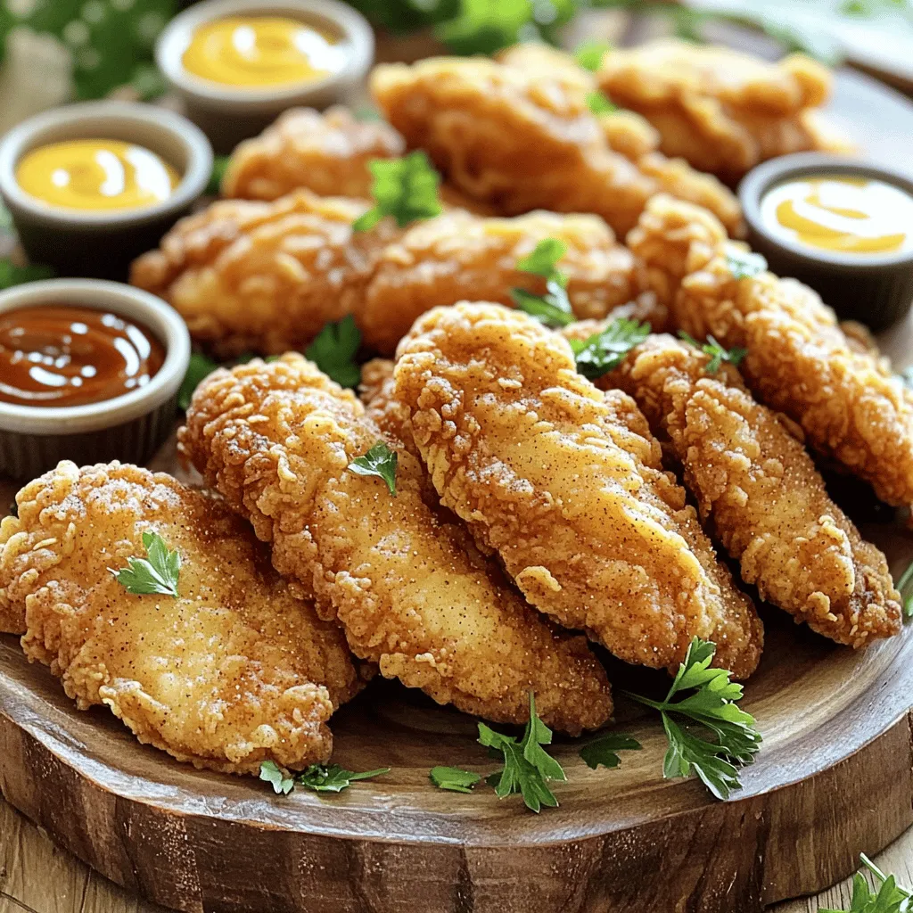 - 1 lb (450g) chicken tenders - 1 cup buttermilk - 1 teaspoon hot sauce (optional) - 1 cup all-purpose flour - 1/2 cup cornstarch - 1 tablespoon garlic powder - 1 tablespoon onion powder - 1 tablespoon smoked paprika - 1 teaspoon salt - 1 teaspoon freshly ground black pepper - Oil for frying (canola or vegetable oil) What can I use instead of chicken tenders? You can use chicken breasts or thighs, cut into strips. They work well too. What if I need a non-dairy option for buttermilk? You can mix almond milk or soy milk with a tablespoon of lemon juice or vinegar. Let it sit for 5 minutes to thicken. What are some flour substitutes for gluten-free options? You can use gluten-free all-purpose flour or almond flour. Both give a nice crust. You can find the full recipe in the previous sections. These ingredients and options let you customize your crispy fried chicken tenders to fit your taste and needs. - Marinating the chicken: Start by mixing buttermilk and hot sauce in a bowl. Place the chicken tenders in the mixture, ensuring they are fully submerged. Cover the bowl tightly and refrigerate for at least an hour. For the best taste, let them marinate overnight. - Preparing the dredging mixture: In another bowl, whisk together the all-purpose flour, cornstarch, garlic powder, onion powder, smoked paprika, salt, and black pepper. This blend creates a tasty coating that gives the tenders their crispy texture. - Heating the oil: In a heavy pot or deep fryer, pour in about 2-3 inches of oil. Heat the oil over medium-high heat. Use a thermometer to ensure it reaches 350°F (175°C). - Frying the chicken tenders: Take the marinated chicken out of the fridge. Let the excess buttermilk drip off. Coat each tender in the flour mixture, pressing it onto the chicken. Fry the tenders in batches for 6-8 minutes. You want them golden brown and cooked through. Flip them sometimes for even cooking. - Draining and serving: Once done, use a slotted spoon to move the chicken to a plate lined with paper towels. This helps soak up the extra oil, keeping your tenders crispy. Serve hot with your favorite dipping sauces like honey mustard or BBQ sauce. Enjoy this simple and delicious meal. For the full recipe, check out the detailed steps above. To get the best crunch, use cornstarch. Cornstarch helps create a light, crispy coating. It absorbs moisture, leading to a golden crust. Mixing it with flour enhances the texture. Another key factor is oil temperature. Keep your oil at 350°F (175°C). Too low, and the chicken will soak up oil. Too high, and it will burn. Use a thermometer to check the heat. Batch frying works wonders. Fry the chicken in small groups. This keeps the oil hot. If you overcrowd the pan, the chicken will steam instead of fry. Flipping the tenders is vital. Turn them halfway through cooking. This helps them brown evenly. Aim for about 6-8 minutes total cooking time. Keep an eye on them so they don't burn. For the full recipe, check out the other sections of this article. {{image_4}} You can boost the flavor of your chicken tenders with spices. Try adding paprika, cayenne, or even some Italian herbs to the dredging mix. Each spice can change the taste and make it more exciting. For a twist, marinate the chicken in different flavors. A spicy marinade adds heat, while BBQ sauce gives sweetness. An herb-infused mix can add freshness. Dipping sauces make chicken tenders even better. You can try honey mustard, ranch, or BBQ sauce. Each sauce brings a unique taste to the dish. For sides, consider crispy fries, creamy coleslaw, or a fresh salad. These pair well and create a complete meal. For more ideas, check the Full Recipe for Crispy Fried Chicken Tenders and discover new ways to enjoy this classic dish! For best results, store your leftover chicken tenders in the fridge. Place them in an airtight container. This helps keep them fresh. Use them within three days for the best taste. When ready to eat, reheat them in an oven. Set the oven to 375°F (190°C). Heat for about 10-15 minutes. This helps them regain their crispy texture. You can also use an air fryer for reheating. Cook them at 350°F (175°C) for about 5-7 minutes. You can freeze crispy chicken tenders for a quick meal later. Let them cool down completely. Then, place them on a baking sheet. Freeze them for about one hour. This prevents them from sticking together. After that, transfer them to a freezer bag. Remove as much air as possible before sealing. They can last up to three months in the freezer. When you’re ready to eat, thaw them in the fridge overnight. Reheat them in the oven at 375°F (190°C) for 15-20 minutes. This will help keep them crispy. Enjoy your tasty chicken tenders later! For the full recipe, check the earlier section. To make chicken tenders extra crispy, use a mix of flour and cornstarch. Cornstarch helps create a light, crunchy texture. Make sure to coat the chicken well. Press the flour mixture onto the chicken firmly. Fry them in hot oil at 350°F (175°C) for the best results. Yes, you can bake the chicken tenders. Preheat your oven to 425°F (220°C). Place the coated tenders on a baking sheet lined with parchment paper. Spray them lightly with cooking oil. Bake for 20-25 minutes, turning halfway. They may not be as crispy, but they are still tasty. Some great dipping sauces for chicken tenders include: - Honey mustard - BBQ sauce - Ranch dressing - Buffalo sauce - Sweet and sour sauce Feel free to mix and match based on your taste! You can store leftover chicken tenders in the fridge for up to 3 days. Place them in an airtight container. Make sure they are cool before sealing. For longer storage, freeze them for up to 3 months. The best oils for frying chicken are canola or vegetable oil. These oils have high smoke points, which means they can heat to high temperatures without burning. This helps the chicken cook properly and stay crispy. For the full recipe and step-by-step instructions, check out the Crispy Fried Chicken Tenders recipe! In this post, we covered how to make crispy fried chicken tenders. We discussed the ingredients you need, how to prepare and cook the chicken, and tips for achieving the best texture. You can even explore different flavor variations and learn how to store leftovers. Creating delicious chicken tenders at home is simple and fun. With the right ingredients and techniques, you can impress your family or guests. Enjoy experimenting and make this dish your own!