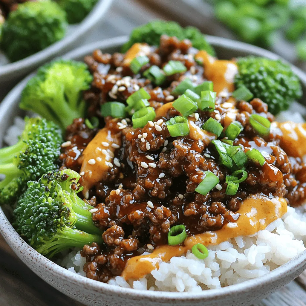 - Ground beef - Garlic and ginger - Soy sauce and gochujang In this recipe, I use ground beef for its rich flavor. I prefer 80/20 beef, as it has enough fat to keep the meat juicy. Garlic and ginger add a punch of flavor. They bring warmth and depth to the dish. Soy sauce gives a salty taste, while gochujang adds a sweet and spicy kick. - Sliced green onions - Sesame seeds For garnish, I suggest sliced green onions and sesame seeds. They add a fresh crunch and a nice visual touch. You can sprinkle them on top before serving for extra flair. - Jasmine rice - Steamed broccoli I love serving this Korean ground beef bowl over jasmine rice. The rice soaks up the sauce, making each bite flavorful. Steamed broccoli is a great side. It adds color and nutrients to your meal. You can serve the broccoli on the side or mix it in. For the full recipe, refer to the section above. First, heat a large skillet over medium heat. Add 1 pound of ground beef. Cook it for about 5 to 7 minutes. Use a spatula to break the meat into small pieces. You want it to brown nicely. Once it’s browned, drain any excess fat. Leave about 1 tablespoon in the skillet. This keeps the flavor rich. Next, add the chopped onion, minced garlic, and grated ginger to the skillet. Sauté them for about 3 to 4 minutes. You want the onion to turn translucent. This step adds a nice depth of flavor to your dish. The aroma will fill your kitchen, making it smell amazing. Now, let’s make the sauce. In a small bowl, whisk together 3 tablespoons of soy sauce, 1 tablespoon of gochujang, and 2 tablespoons of brown sugar. Mix until smooth. Pour this sauce over the beef in the skillet. Stir well to coat the meat evenly. Lower the heat to a gentle simmer. Let it cook for another 3 to 4 minutes. The sauce should thicken slightly. Finally, stir in 1 tablespoon of sesame oil for extra richness. To assemble your bowls, start with cooked jasmine rice. Place a generous amount in each serving dish. Top the rice with the beef mixture. Add steamed broccoli florets on the side. For a beautiful finish, garnish each bowl with sliced green onions and a sprinkle of sesame seeds. This makes your meal look as good as it tastes. Enjoy your Korean Ground Beef Bowl! For the full recipe, check the reference above. - Alternatives for ground beef: If you want a lighter dish, try ground turkey or chicken. Both options still offer great flavor. For a vegetarian twist, use crumbled tofu or tempeh. These alternatives soak up the sauce well. - Using different vegetables: Feel free to mix in your favorite veggies. Bell peppers, carrots, or snap peas can add color and crunch. You can also use frozen stir-fry mixes for quick prep. - Adjusting spice levels: You can control the heat by adding more or less gochujang. If you want it milder, use less gochujang or mix in some honey. For extra heat, add red pepper flakes or sliced chili peppers. - Adding extra toppings: Boost the flavor with toppings. Try adding sliced cucumbers for crunch or pickled radishes for tang. A drizzle of sriracha can also bring a nice kick. - Skillet vs. wok cooking: A large skillet works well for this dish, but a wok can help cook everything faster. The high sides of a wok keep the ingredients from spilling out. Choose based on what you have. - Achieving the best texture: Cook the beef until it's nicely browned. This step helps develop a rich flavor. Sauté the onion and garlic until soft for a flavorful base. Don't rush these steps for the best result. {{image_4}} You can switch the ground beef for other proteins. Ground turkey or chicken works well. These leaner meats offer a different taste. They still soak up the sauce nicely. For a vegetarian option, use firm tofu. Crumble the tofu and cook it just like the beef. It absorbs flavors great and keeps the dish hearty. You can easily change the flavor of this dish. If you like it spicy, add more gochujang. A dash of chili flakes can also bring the heat. For those who prefer mild flavors, reduce the gochujang. Add extra herbs like cilantro or basil for a fresh twist. Experiment with garlic powder or onion powder to enhance the taste. Serving this dish can be fun and varied. Try Korean lettuce wraps for a fresh bite. Just scoop the beef into crisp lettuce leaves. This makes a great finger food option. Another idea is to create burrito bowls with tortillas. Layer the rice, beef, and toppings in a tortilla for a tasty meal. Each style offers a new way to enjoy the same great flavors found in the Full Recipe. To keep your Korean Ground Beef Bowl fresh, use airtight containers. Glass or plastic containers work well. These will prevent moisture loss and keep flavors intact. Store the leftovers in the fridge if you plan to eat them within a few days. If you want to save them longer, consider freezing. Just make sure to label the containers with the date. When reheating, the microwave is quick but can dry out the beef. Place a damp paper towel over the bowl to keep moisture. Heat in short intervals, stirring often. If using the stove, warm it gently over low heat. Add a splash of water or soy sauce to enhance moisture. This helps keep the beef juicy and flavorful. In the fridge, your Korean Ground Beef Bowl lasts about 3-4 days. Check for signs of spoilage before eating. If you see any off smells or changes in color, it’s best to toss it. Always trust your senses when it comes to food safety. A Korean Ground Beef Bowl is a simple yet rich dish. It features ground beef cooked with garlic and ginger. This dish gets its unique flavor from soy sauce and gochujang, a spicy Korean chili paste. You'll also find brown sugar to balance the heat. Served over jasmine rice, it often includes steamed broccoli for crunch. Garnish with sliced green onions and sesame seeds for a nice touch. This bowl is a complete meal that is flavorful and satisfying. Yes, you can make this dish ahead of time. Just cook the beef mixture as directed. Let it cool, then store it in an airtight container. It stays fresh in the fridge for about 3 days. For meal prep, you can also freeze it. It should last up to 3 months in the freezer. When you are ready to eat, simply reheat it in a skillet or microwave. This makes busy weeknights easier. Several sides complement the Korean Ground Beef Bowl perfectly. Here are some ideas: - Kimchi for a spicy kick - Cucumber salad for freshness - Pickled vegetables for tang - Steamed bok choy for added greens - Fried eggs for extra protein These sides enhance the flavors and add variety to your meal. Enjoy mixing and matching to find your favorite pairings! This Korean Ground Beef Bowl combines savory beef, aromatic spices, and fresh veggies. We discussed the main ingredients, like garlic and gochujang, and how to cook them perfectly. You learned different serving ideas and tips to customize your bowl. Finally, storing leftovers helps you enjoy this tasty meal later. Remember, cooking is fun and allows for creativity. Try making this dish your own, and enjoy every bite!
