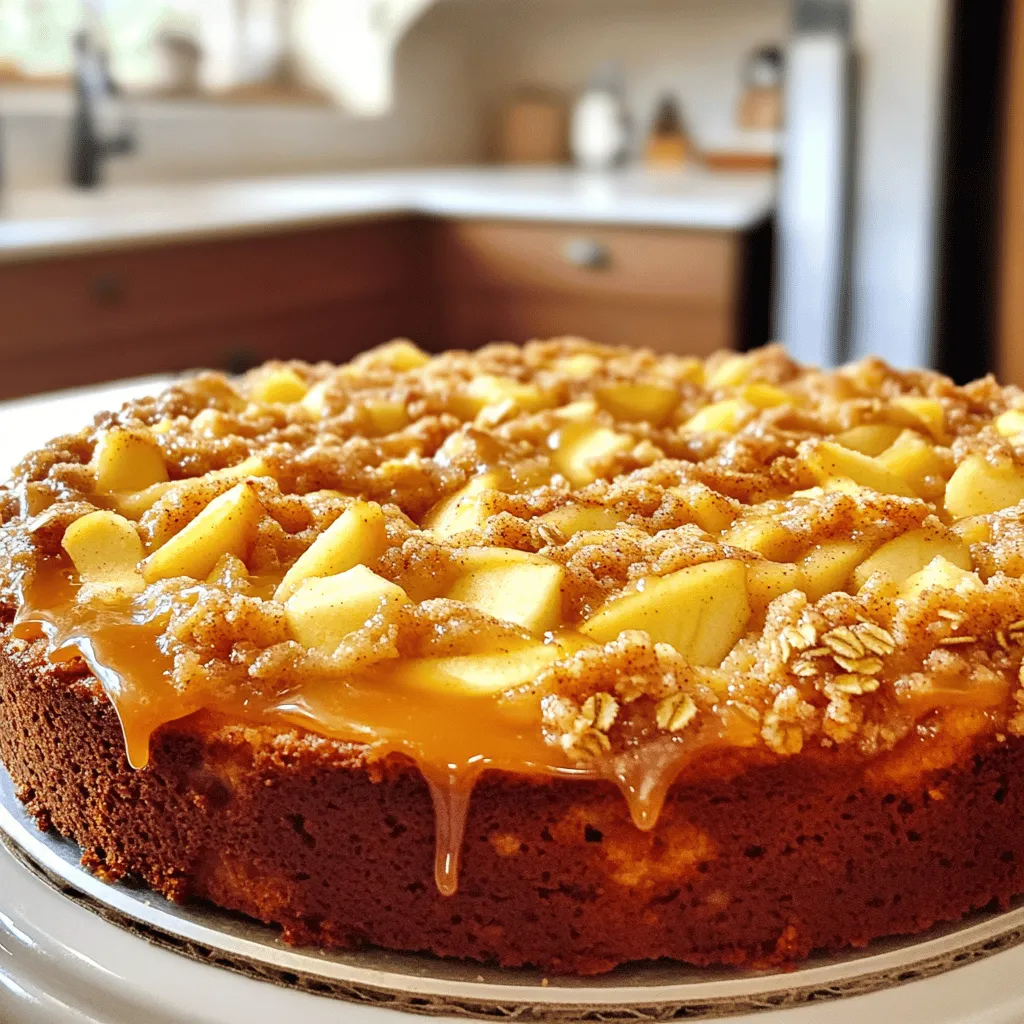 - 2 cups all-purpose flour - 1 ½ cups granulated sugar, divided - ½ cup unsalted butter, softened to room temperature - 1 cup buttermilk - 2 large eggs - 1 teaspoon pure vanilla extract - 1 tablespoon baking powder - ½ teaspoon baking soda - ½ teaspoon salt - 2 cups apples, peeled and diced - 1 teaspoon ground cinnamon - ½ cup rolled oats To make this cake perfect, measure your ingredients carefully. Use dry measuring cups for flour and sugar. For liquids, use a liquid measuring cup. Level off dry ingredients with a straight edge. This helps keep your cake moist and fluffy. Make sure your butter is at room temperature. This means it should be soft but not melted. Room temperature eggs also mix better. Take them out of the fridge about 30 minutes before you start. If you want to switch things up, you can use brown sugar instead of granulated sugar. It adds a nice flavor but may change the cake's texture slightly. For a dairy-free option, you can use almond milk or soy milk instead of buttermilk. Just add a little vinegar or lemon juice to mimic the tanginess of buttermilk. This will keep your cake light and tasty. If you want to explore more options, you can find the Full Recipe to help you get started! Start by preheating your oven to 350°F (175°C). This step warms the oven for even baking. Next, take a 9x13 inch baking dish and grease it lightly with butter or cooking spray. This will help the cake come out easily after baking. In a large bowl, combine ½ cup of softened butter and 1 cup of granulated sugar. Use an electric mixer to beat them together until the mixture is light and fluffy. This should take about 2 to 3 minutes. Next, add 2 large eggs one at a time, mixing well after each. Finally, stir in 1 teaspoon of pure vanilla extract until just combined. In a separate bowl, whisk together 2 cups of all-purpose flour, 1 tablespoon of baking powder, ½ teaspoon of baking soda, and ½ teaspoon of salt. Make sure these dry ingredients are mixed well. Then, alternate adding the dry mixture with 1 cup of buttermilk into the wet mixture. Start and end with the flour mixture. Stir gently until just combined; it’s okay if a few streaks of flour remain. Now, gently fold in 2 cups of peeled and diced apples, ensuring they are evenly spread through the batter. Pour the batter into the greased baking dish. Use a spatula to spread it evenly. In a small bowl, mix the remaining ½ cup of sugar with 1 teaspoon of ground cinnamon and ½ cup of rolled oats. Sprinkle this mixture over the top of the batter. Place the dish in the preheated oven and bake for 40 to 45 minutes. To check if it’s done, insert a toothpick into the center. It should come out clean or with a few moist crumbs. Once baked, remove the cake from the oven and let it cool for about 15 minutes before slicing and serving. For the full recipe, check the previous section. To make your apple crisp coffee cake even tastier, you can add spices. Try using nutmeg or allspice for a warm touch. A splash of almond extract can give a nice twist too. If you want a crunch, mix in some chopped nuts like walnuts or pecans. Dried fruits, like raisins or cranberries, can add sweetness and a chewy texture. For a crunchy topping, use rolled oats in your mix. They add a great texture. Make sure to mix them well with sugar and cinnamon. Bake your cake at 350°F (175°C) for even cooking. If you want a deeper crisp, you can increase the heat to 375°F (190°C) for the last few minutes. Just watch it closely to avoid burning. This cake is best warm. You can dust it with powdered sugar for a sweet look. For an extra treat, drizzle some maple syrup on top. Pair it with a cup of coffee or tea to balance the sweetness. It also goes well with a scoop of vanilla ice cream for dessert. {{image_4}} You can change the fruit in your Apple Crisp Coffee Cake. Using different types of apples can give it a new taste. I love Granny Smith for tartness and Honeycrisp for sweetness. You might also try mixing apples with berries or peaches. Berries add a pop of color and flavor. Peaches bring a juicy sweetness that complements the apples well. You can make healthier versions of this cake too. Reducing sugar content is one way. You can cut the sugar in half and still enjoy a tasty treat. Another option is to use sugar substitutes like honey or maple syrup. If you need gluten-free options, use almond flour or gluten-free all-purpose flour. These alternatives keep the cake moist and delicious. Seasonal flavors can make your cake special. In the fall, add pumpkin spice for a cozy twist. This spice blend includes cinnamon, nutmeg, and ginger for warmth. During the holidays, you can use nutmeg and cloves to make your cake festive. These spices will fill your home with delightful scents while baking. To keep your apple crisp coffee cake fresh, let it cool first. Place it on a wire rack. Once cooled, cover it with plastic wrap or foil. You can also use an airtight container. This helps keep moisture out and flavor in. For the best taste, reheat your cake in the oven. Preheat it to 350°F (175°C). Place the cake on a baking sheet. Heat for about 10-15 minutes. This warms it up without making it soggy. You can also use a microwave, but be careful. Heat it in short bursts to avoid sogginess. You can freeze the cake before or after baking. If freezing before, wrap it well in plastic. Thaw it in the fridge overnight before baking. If you freeze after baking, let it cool first. Wrap it tightly and store it in the freezer. To thaw, place it in the fridge for a few hours or overnight. For best results, reheat it in the oven after thawing. For this cake, I love using Granny Smith or Honeycrisp apples. They are tart and hold their shape well. This helps create a great texture in every bite. You can mix different apples for added flavor, too. Yes, you can! Substitute buttermilk with almond milk or coconut milk. You can also use vegan butter instead of regular butter. These swaps keep the cake moist and tasty. If stored properly, this cake lasts about three days at room temperature. Be sure to cover it well to keep it fresh. You can also store it in the fridge for up to a week. Absolutely! You can prepare the batter a day in advance. Just keep it in the fridge. When ready, pour it into the pan and bake. This saves time for busy mornings. Serve this cake warm for the best flavor. A light dusting of powdered sugar adds a nice touch. Pair it with a cup of coffee or tea for a perfect treat. You can find the Full Recipe at the beginning of this article. It includes all the steps you need to create this delicious apple crisp coffee cake. In this blog post, we explored the essential ingredients, step-by-step instructions, and helpful tips for making a delicious apple crisp coffee cake. You learned about ingredient measurement, possible substitutions, and variations to suit your taste. With insights on storage and reheating, you can enjoy this treat for longer. Remember, baking is both an art and a science. By following these guidelines, you can create a delightful dessert that everyone will love. Enjoy your baking journey and share your tasty results!