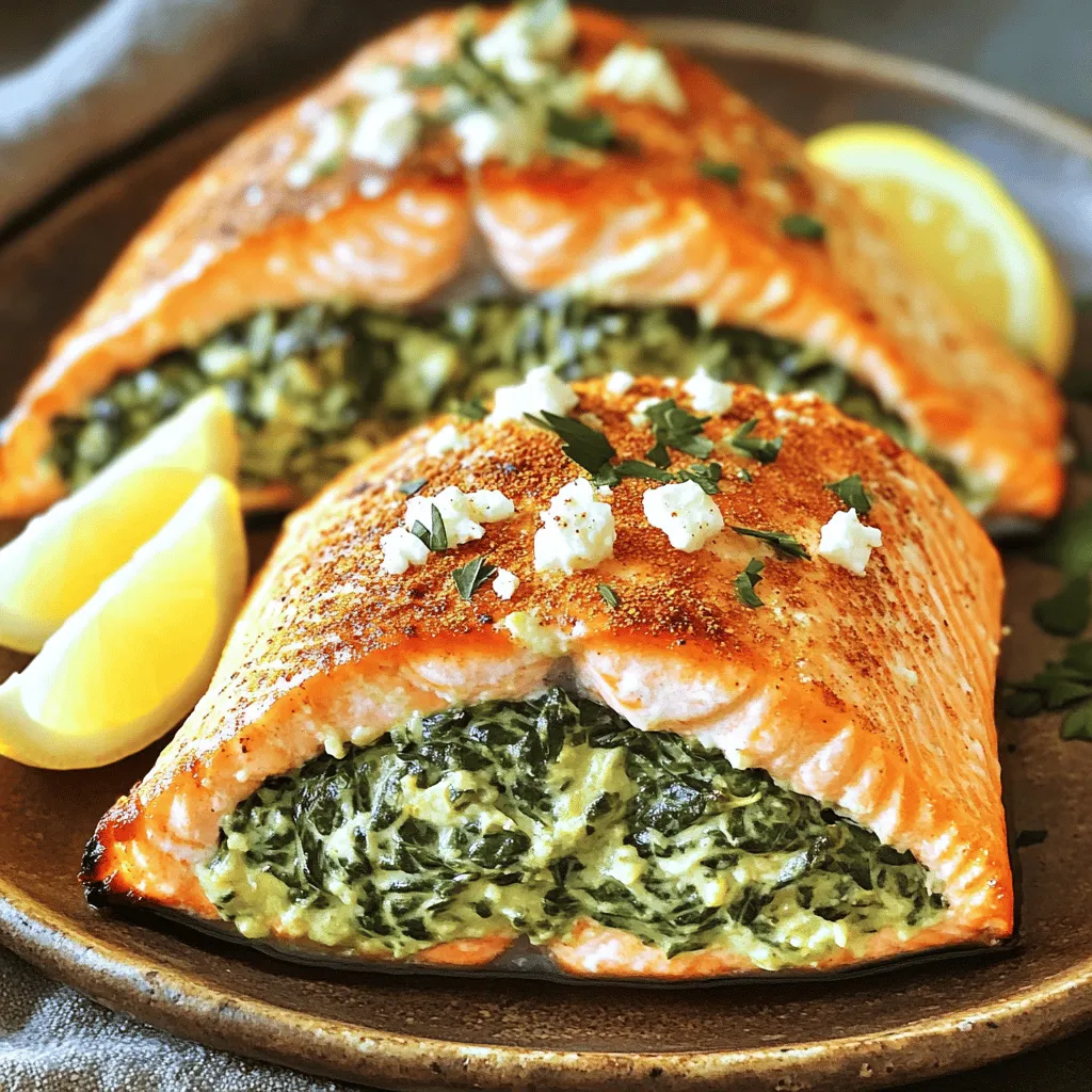 - 4 fresh salmon fillets - 2 cups fresh spinach, finely chopped - 1 cup cream cheese, softened - 1/2 cup feta cheese, crumbled - 1/4 cup grated Parmesan cheese - 1 clove garlic, minced - 1 tablespoon fresh lemon juice - Sea salt and freshly ground black pepper, to taste - 1 tablespoon extra virgin olive oil - 1 teaspoon smoked paprika (for garnish) When I make spinach stuffed salmon, I love fresh, high-quality ingredients. Fresh salmon ensures a flaky texture, while spinach adds a vibrant color and nutrition. Cream cheese creates a smooth, rich filling, and feta cheese adds a tangy flavor. Parmesan cheese gives it that extra depth. You also need garlic for aroma and lemon juice to brighten the dish. Seasoning with sea salt and pepper enhances the taste. Extra virgin olive oil adds richness while smoked paprika gives a hint of smokiness. You’ll find everything you need in this list. - Sharp knife for filleting - Mixing bowls - Medium skillet - Baking dish Using the right tools makes everything easier. A sharp knife helps you cut pockets in the salmon fillets. Mixing bowls are essential for combining the filling ingredients. A medium skillet is perfect for sautéing the garlic and spinach. Finally, a baking dish holds the stuffed salmon while it bakes to perfection. You can find the full recipe in the article, which guides you step by step. Enjoy cooking! - Preheat oven to 375°F (190°C). - Heat olive oil and sauté garlic until fragrant. To start, preheat your oven to 375°F (190°C). This step warms the oven so the salmon can cook evenly. Next, grab a medium skillet and pour in some olive oil. Heat it over medium heat. Once it’s hot, add minced garlic. Sauté it for about one minute until it smells good. - Add spinach to sauté, cook until wilted. - Mix cream cheese, feta, Parmesan, lemon juice, and spinach together. After the garlic is fragrant, toss in the chopped spinach. Cook it for about 2-3 minutes until it wilts down. This adds flavor and color. Once wilted, take it off the heat and let it cool a bit. In a mixing bowl, blend the cream cheese, feta, grated Parmesan, lemon juice, and the wilted spinach. Mix until it’s creamy and smooth. - Cut pockets in salmon fillets. - Fill pockets generously with the spinach mixture. Now, take your salmon fillets and lay them on a clean cutting board. Use a sharp knife to cut a pocket into each fillet. Be careful not to cut all the way through. Next, fill each pocket with the creamy spinach mixture. Use a spoon to pack it in well. - Arrange stuffed fillets in a baking dish. - Season with salt, pepper, and smoked paprika before baking. - Bake for 15-20 minutes until cooked through. Place the stuffed fillets into a lightly greased baking dish. Sprinkle the tops with salt, pepper, and a bit of smoked paprika. This adds a nice flavor. Now, pop the dish into the preheated oven. Bake for about 15-20 minutes. You’ll know it’s done when the salmon flakes easily with a fork. For the full recipe, check the details above. Enjoy your cooking adventure! - Check doneness with a fork. - Use a meat thermometer for internal temperature (145°F recommended). Cooking salmon can be tricky, but I have some simple tips. First, use a fork to test the fish. When it easily flakes, it's done. This method is quick and helps avoid overcooking. A meat thermometer is your best friend. Insert it into the thickest part of the salmon. It should read 145°F. This ensures your salmon is fully cooked and safe to eat. - Serve with lemon wedges and fresh herbs like dill or parsley. - Recommended pairing sides (mixed greens salad, quinoa, etc.). For serving, I love adding lemon wedges. The fresh citrus brightens the dish. Fresh herbs like dill or parsley add color and flavor. Pair your salmon with a light mixed greens salad or fluffy quinoa. These sides balance the richness of the salmon. You can also try roasted veggies for a colorful plate. - Arrange on warm plates for a restaurant-style touch. - Drizzle with olive oil for extra flavor presentation. Make your meal shine by using warm plates. This simple step elevates the dish. A drizzle of high-quality olive oil adds flavor and a nice finish. Consider sprinkling some smoked paprika on top. This adds a pop of color and a hint of smokiness. Small touches make a big difference in how your dish looks and tastes. For the full recipe, check below. {{image_4}} You can change the cheese in this recipe. Use goat cheese instead of feta. It gives a different taste and creaminess. You can also swap fresh spinach for kale or Swiss chard. Both greens add a nice flavor and texture. Want more flavor? Add sun-dried tomatoes for a burst of taste. They bring a sweet and tangy kick. You can also sprinkle fresh dill or other herbs on top. This adds a fresh twist to your dish. Try grilling the salmon for a smoky flavor. This method gives it a nice char and taste. You can also pan-sear the salmon first. This helps to get a crisp skin, then finish it in the oven. These methods keep the salmon juicy and flavorful. Check the [Full Recipe] for more details! Refrigerate leftovers in an airtight container. This helps keep the salmon fresh. Consume within 2-3 days for best quality. The flavors will remain tasty if stored properly. You can freeze uncooked stuffed salmon for up to 2 months. This is a great way to save time later. When you're ready to cook, thaw overnight in the refrigerator. This ensures even cooking and keeps the texture nice. To reheat, warm the salmon in the oven at 350°F (175°C) until warmed through. This method keeps the fish moist. You can use the microwave for quick reheating, but this may affect texture. For the best results, use the oven. For more details on making this dish, check out the Full Recipe. Cook the salmon for about 15-20 minutes at 375°F (190°C). This ensures that it is tender and flaky. Keep an eye on the salmon as it cooks to avoid overcooking. Yes, you can prep the stuffed fillets in advance. Store them in the fridge for up to 24 hours before baking. This makes it easy for busy days. Just pop them in the oven when you’re ready to eat. Yes, all the ingredients in this recipe can be gluten-free. Make sure to check labels if you buy pre-made items, like cream cheese or feta. You can enjoy this dish without worrying about gluten. A light salad or roasted vegetables work well with the salmon. These sides add freshness and balance to the meal. You can also try pairing it with quinoa or rice for extra heartiness. Salmon is done when it flakes easily with a fork. It should also reach an internal temperature of 145°F (63°C). A meat thermometer can help you check. This ensures you get perfectly cooked salmon every time. In this blog post, we explored a tasty Spinach Stuffed Salmon recipe. We covered key ingredients, step-by-step instructions, and tips for cooking. You learned how to prepare the filling, bake the salmon, and even how to store leftovers. Remember, this dish is not only delicious but also adaptable. Feel free to try different cheeses or cooking methods. Enjoy creating this meal for yourself or your guests!