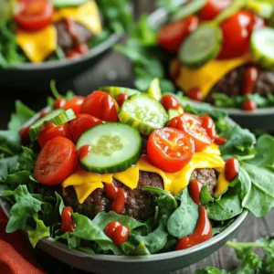 - 1 lb ground beef or turkey - 1 teaspoon garlic powder - 1 teaspoon onion powder - 1 teaspoon smoked paprika - Salt and black pepper to taste - 4 cups mixed greens (such as spinach, arugula, and romaine) - 1 cup cherry tomatoes, halved - 1 cup cucumber, diced - 1/2 cup pickles, sliced - 1/2 cup shredded cheddar cheese - 1/4 cup red onion, thinly sliced - 1/4 cup ketchup (for drizzling) - 1/4 cup mustard (for drizzling) - 1 avocado, diced (optional) To make the best burger bowls, start with fresh and quality ingredients. Ground beef or turkey serves as the base for your protein. I enjoy using a mix of spices like garlic powder, onion powder, and smoked paprika to add flavor. These spices bring out the meat's taste without being too strong. For the fresh produce, I love mixed greens. They add crunch and color. Cherry tomatoes and cucumber provide a fresh bite. Pickles add a tangy twist, while red onion gives a nice kick. Shredded cheddar cheese is a must for that creamy layer. You can skip the avocado, but it adds a rich, creamy touch. When you layer all these ingredients, your burger bowl becomes a feast for the eyes and the taste buds. This is just a snapshot of what goes into the dish. Check the Full Recipe for detailed instructions on how to bring these ingredients together. To start, mix your ground meat with spices. I like to use garlic powder, onion powder, and smoked paprika. Add salt and black pepper to taste. Use your hands or a spatula to blend everything well. This helps the flavors spread evenly through the meat. Next, shape the meat into patties. You can make four to six patties, depending on your bowl size. Make them uniform in size for even cooking. Now, it’s time to cook the patties. Preheat a skillet over medium-high heat. Place the patties in the hot skillet. Cook them for about four to five minutes on each side. Look for a nice brown color, and check they are cooked through. If you want them juicy, let them rest for a few minutes after cooking. While the patties cook, prepare your bowls. Start with a base of mixed greens. Use about one cup of greens per bowl for a fresh crunch. Once your patties are ready, slice them if you like. Layer them on top of the greens. Then, add your toppings: cherry tomatoes, diced cucumber, sliced pickles, shredded cheddar cheese, and red onion. Each ingredient adds color and flavor. If you want extra creaminess, add diced avocado on top. It makes the bowl even more delicious. Finally, drizzle ketchup and mustard over everything. This simple step adds a burst of flavor and makes the bowl look great. For the full recipe, check out the detailed instructions above. To cook perfect patties, aim for these times: - Rare: 3-4 minutes per side - Medium: 4-5 minutes per side - Well-done: 5-6 minutes per side To keep your patties juicy, try these tips: - Don’t overmix the meat. Mix just until combined. - Make a small indent in the center of each patty. This helps them cook evenly. - Let the patties rest after cooking. This keeps the juices inside. For the best flavor balance, use these bowl combinations: - Base: Mixed greens like spinach and arugula - Patties: Choose beef or turkey for richness - Toppings: Add cherry tomatoes, cucumbers, and pickles for crunch - Cheese: Shredded cheddar adds creaminess For a nice presentation, serve in clear bowls. This showcases colors and textures. You can also sprinkle fresh herbs on top. Parsley or cilantro works well. These small touches make your burger bowl pop! {{image_4}} If you want a meat-free burger bowl, you have tasty choices. Black beans are a great substitute. They pack protein and fiber. You can also mash lentils for a hearty base. Try mixing in spices like cumin or chili powder for added flavor. You can roast veggies like zucchini or bell peppers too. They add color and taste to your bowl. If you want a low-carb meal, you can swap mixed greens for cauliflower rice. It gives a nice texture without the carbs. You can also use shredded cabbage as a base. It adds crunch and pairs well with toppings. For toppings, skip the pickles and cheese. Add avocado slices or olives for healthy fats instead. Want to spice things up? Try a taco-style burger bowl. Use taco seasoning on your meat or beans. Top it with salsa, jalapeños, and sour cream for a fiesta feel. You can also create a Mediterranean bowl. Use feta cheese, olives, and a drizzle of olive oil. This adds a fresh twist to your burger bowl. Check out the Full Recipe for more ideas to create your own unique burger bowl. Storing your burger bowls well helps keep them fresh. If you have leftover assembled bowls, eat them within two days. To store them, cover each bowl tightly with plastic wrap or a lid. If you want to save the components, pack each part separately. - Mixed greens: Store in a sealed bag with a paper towel. The towel keeps them crisp. - Cooked patties: Place in an airtight container, layered with parchment paper. - Toppings: Store diced veggies and cheese in small containers. This keeps flavors fresh. Reheating patties can be tricky. You want them hot but not dry. Here’s how to do it right: 1. Microwave method: Place the patty on a microwave-safe plate. Cover it with a damp paper towel. Heat for 30 seconds. Check if it’s warm. If not, heat for 10 more seconds. 2. Skillet method: Heat a non-stick skillet over low to medium heat. Add a splash of water or broth. Place the patty in the skillet. Cover with a lid and heat for 3-4 minutes. The steam keeps it moist. These methods keep your burger bowls tasty and ready to enjoy. Try these tips to keep every bite delicious! For the complete recipe, check the Full Recipe section. You can mix and match toppings to boost flavor. Here are some ideas: - Fried onions for crunch and sweetness. - Sliced jalapeños for a spicy kick. - Sour cream or Greek yogurt for creaminess. - BBQ sauce for a smoky taste. - Fresh herbs like cilantro or parsley for brightness. - Olives for a briny touch. These toppings add layers of flavor and make your burger bowl unique. Yes, you can prepare burger bowls ahead of time. Here are some tips: - Cook the patties and store them in the fridge. - Chop veggies and keep them in airtight containers. - Assemble bowls just before serving to keep greens fresh. You can also prep individual ingredients for quick assembly on busy days. Customizing your burger bowl is easy. Here are some ways to adapt it: - Gluten-free: Use gluten-free buns or skip them altogether. - Dairy-free: Omit cheese and use dairy-free dressing. - Vegetarian: Replace meat with black beans or lentils. These adaptations help you enjoy a burger bowl that suits your diet. Check out the Full Recipe to see all the options! In this blog post, I shared how to create delicious and healthy burger bowls. We started by discussing ingredient choices, from meat and spices to fresh veggies and toppings. Next, I detailed step-by-step cooking and assembly instructions. I provided tips on perfecting your patties and presenting your dish. You learned about variations for different diets and how to store leftovers. Remember, these burger bowls are versatile and can fit any taste or need. Enjoy experimenting with flavors and make it your own!