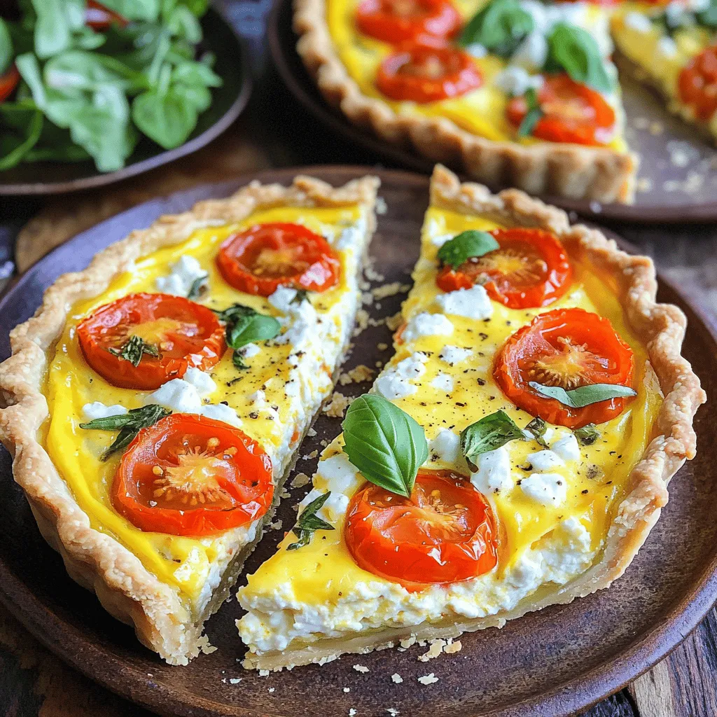 For a tasty cheese and tomato quiche, you need: - 1 pre-made pie crust (9-inch) - 1 cup cherry tomatoes, halved - 1 cup shredded mozzarella cheese - 1 cup crumbled feta cheese - 4 large eggs - 1 cup heavy cream - 1 tablespoon fresh basil, chopped - 1 teaspoon dried oregano - Salt and pepper to taste - 1 tablespoon olive oil These ingredients create a rich and creamy quiche. The pie crust holds everything together, while the cheeses add depth. The cherry tomatoes bring freshness, and the herbs tie it all together. You can add more flavors to your quiche with these optional ingredients: - Spinach or kale for added greens - Cooked bacon or ham for a meaty twist - Different cheeses like cheddar or goat cheese - Sun-dried tomatoes for a tangy kick Feel free to mix and match these options. Each addition will give your quiche a unique taste. You can make it your own! If you have dietary needs, here are some great alternatives: - Use a gluten-free pie crust if you're gluten-free. - Swap heavy cream for coconut milk to make it lighter. - Replace eggs with a flaxseed mix for a vegan option. These swaps make the quiche more inclusive. You can enjoy a tasty meal no matter your diet. Remember, cooking should be fun and flexible! For the complete recipe, check out the Full Recipe section. Start by preheating your oven to 375°F (190°C). This helps the crust bake evenly. Take your pre-made pie crust and place it in a pie dish. Use a fork to poke several small holes in the bottom. This prevents bubbling while baking. Bake it for about 10 minutes until it turns light golden. Remove the crust and let it cool on a wire rack. Next, grab a medium skillet and heat 1 tablespoon of olive oil over medium heat. Add 1 cup of halved cherry tomatoes and sauté them for about 5 minutes. You want them to soften and release their juices. Season with salt, pepper, and 1 teaspoon of dried oregano. Once done, remove the skillet from heat and let the tomatoes cool. In a large mixing bowl, whisk together 4 large eggs and 1 cup of heavy cream. Mix until fully combined and frothy. Add in 1 tablespoon of chopped fresh basil, 1 cup of shredded mozzarella cheese, and 1 cup of crumbled feta cheese. Stir gently to mix all the ingredients evenly. Once the tomatoes have cooled, gently fold them into the egg and cheese mixture. Be careful not to break the tomatoes too much. Pour this mixture into your pre-baked pie crust. Spread it evenly with a spatula. Place the quiche in the preheated oven and bake for 30 to 35 minutes. It’s done when the center is set and the top is light golden. After baking, remove the quiche from the oven. Let it cool for about 10 minutes. This helps it set and makes slicing easier. Serve individual slices on plates and garnish with fresh basil leaves. Enjoy your cheesy tomato dream quiche! For the complete recipe, refer to the Full Recipe section. To get a great quiche crust, use a pre-made pie crust. This saves time and effort. Poke holes in the bottom with a fork. This helps steam escape while baking. Bake it for about 10 minutes at 375°F (190°C). The goal is a light golden color. Let it cool before you add the filling. A well-cooked crust keeps your quiche from getting soggy. For extra flavor, add fresh herbs like basil or thyme. These herbs brighten each bite. You can also mix in garlic or onion for a savory kick. Use salt and pepper to taste. Don't forget to season your tomatoes when sautéing them. This step adds depth to your dish. A little sprinkle of cheese on top before baking creates a nice crust. Sauté your tomatoes in olive oil over medium heat. This brings out their natural sweetness. Cook them for about 5 minutes, just until they soften. Season them with salt, pepper, and dried oregano. This adds a lovely taste. Let the tomatoes cool before folding them into your egg mixture. This keeps the egg from cooking too fast. Remember, gentle mixing is key to keeping the tomatoes whole! {{image_4}} You can add spinach to your quiche for a fresh twist. Spinach blends well with cheese and tomatoes. To do this, simply wash and chop about 1 cup of fresh spinach. Sauté it briefly in a little olive oil until it wilts. Mix the spinach in with the egg and cheese mixture. This adds color and nutrients. Plus, it makes the quiche more filling. Changing the cheese can change the taste a lot. You can use sharp cheddar for a bold flavor or creamy goat cheese for a tangy twist. Mixing cheeses, like mozzarella and Parmesan, gives a nice texture. Try using a mix! Each cheese brings its own taste, making your quiche special. Just keep the total cheese amount to about 2 cups for balance. If you want a vegan quiche, swap eggs and cream for tofu and almond milk. Blend firm tofu until smooth. Add spices like turmeric and nutritional yeast for flavor. For a gluten-free crust, use a mixture of almond flour and coconut flour. This way, everyone can enjoy a delicious quiche. You can still use tomatoes and veggies for a tasty filling. Check out the Full Recipe for more guidance! After enjoying your quiche, store leftovers in the fridge. Place it in an airtight container. This keeps it fresh for up to three days. If you have sliced pieces, cover them tightly with plastic wrap. This helps maintain moisture and flavor. For longer storage, freeze your quiche. First, let it cool completely. Then, wrap it tightly in plastic wrap. Follow this with aluminum foil for extra protection. You can freeze quiche for up to three months. When ready to eat, thaw it in the fridge overnight. Reheating quiche is easy. Preheat your oven to 350°F (175°C). Place the quiche on a baking sheet. Heat it for about 20-25 minutes. This warms it through without making it soggy. You can also microwave slices for quick meals, but the oven keeps the crust crispy. Enjoy your Cheese and Tomato Quiche warm! Bake your Cheese and Tomato Quiche for 30 to 35 minutes. The center should be set, and the top should look light golden. This ensures a fluffy and tasty quiche. Yes, you can use a homemade crust! Just make sure it fits your pie dish well. A homemade crust can add a personal touch and extra flavor to your quiche. Serve your quiche with a fresh green salad. A light vinaigrette pairs well. You can also add some fruit for a sweet touch. Check the center of the quiche. It should be firm and not jiggly. A knife inserted into the center should come out clean. Cheese and Tomato Quiche offers protein from eggs and cheese. Tomatoes add vitamins A and C. Using fresh herbs can boost flavor and nutrients too. Absolutely! You can prepare the quiche a day in advance. Store it in the fridge. Just reheat before serving for the best taste. Check out the Full Recipe for more details. Now you know how to make a tasty cheese and tomato quiche. We covered key ingredients and alternatives for special diets. You learned step-by-step instructions to create the perfect quiche. Tips helped you enhance flavors and achieve a great crust. Variations mean you can try new flavors like spinach or vegan options. Proper storage and reheating keep leftovers delicious. Enjoy your quiche-making journey and share it with friends!