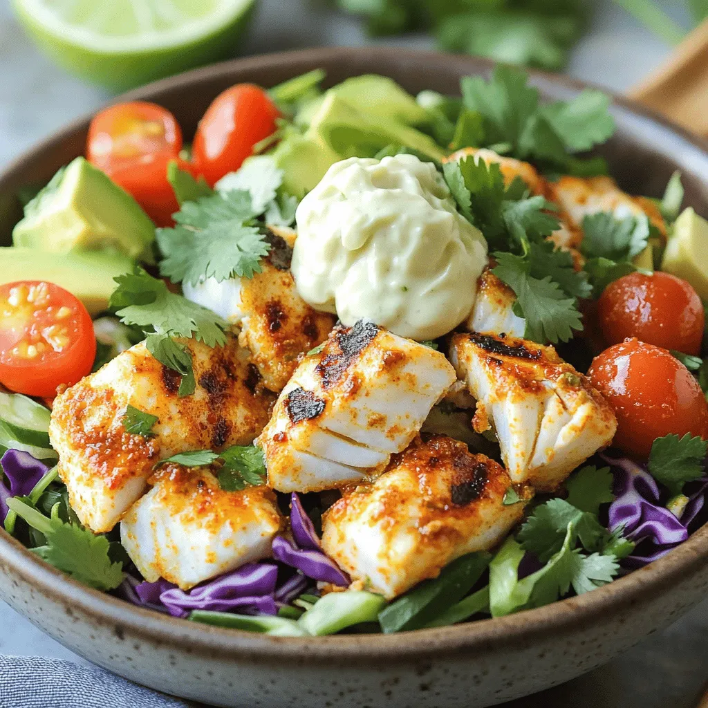 - 1 lb white fish fillets - 2 tablespoons olive oil - 1 teaspoon chili powder - 1 teaspoon ground cumin - 1 medium ripe avocado - 1 cup shredded cabbage - 1/2 cup cherry tomatoes - 1/4 cup fresh cilantro - 2 tablespoons fresh lime juice - 1/2 cup crema or Greek yogurt - Optional: sliced jalapeños The key to a great low carb fish taco bowl starts with the fish. I love using white fish fillets like cod or tilapia. They are mild and soak up flavors well. You will need about one pound. Next, olive oil adds a rich taste and helps the spices stick to the fish. You only need two tablespoons. Spices make the meal pop! Use one teaspoon each of chili powder and ground cumin. They create a warm and zesty flavor. For texture, add a medium ripe avocado, diced. It adds creaminess and healthy fats. You will also need shredded cabbage for crunch. One cup works well. Cherry tomatoes, halved, give a pop of sweetness. Use half a cup. Fresh cilantro gives the dish a bright taste. A quarter cup is perfect. Don't forget the lime juice! Two tablespoons add a refreshing zing. Lastly, top your bowl with crema or Greek yogurt for creaminess. Half a cup is ideal. If you want some heat, sliced jalapeños are a great choice. This combination of fresh ingredients makes a tasty, low carb meal. For the full recipe, check [Full Recipe]. - Preheat your grill or skillet. - Drizzle olive oil on the fish fillets. - Rub each fillet with chili powder, cumin, garlic powder, and onion powder. - Season with salt and freshly cracked pepper. To prepare the fish, I start by preheating my grill or skillet. This step is key for cooking the fish evenly. I then drizzle olive oil over the fish fillets. Next, I season each fillet with a mix of spices. I use chili powder, ground cumin, garlic powder, and onion powder. This blend gives the fish a great flavor. I also add salt and pepper to taste, making sure each fillet is well coated. - Grill or cook for 3-4 minutes. - Check for doneness. Now, it's time to cook the fish. I carefully place the seasoned fillets on the grill or skillet. I let them cook for about 3-4 minutes on each side. The fish is done when it turns opaque and flakes easily with a fork. Once cooked through, I remove the fish from the heat and let it rest for a minute. This helps keep the fish juicy. - Combine cabbage, avocado, and tomatoes. - Drizzle lime juice and mix. While the fish cooks, I prepare the bowl base. I take a large mixing bowl and combine shredded cabbage, diced avocado, and halved cherry tomatoes. This mix adds fresh flavors and colors. Next, I drizzle lime juice over the mixture. I gently toss everything together, making sure all the ingredients are well coated. This step is important for adding a zesty kick to the bowls. - Divide the base into bowls. - Top with grilled fish. Now, I start assembling the taco bowls. I divide the colorful cabbage and avocado mixture among four serving bowls. This mixture makes a great base. After that, I generously top each bowl with chunks of the grilled fish. The fish adds protein and pairs perfectly with the fresh veggies. - Add crema or Greek yogurt. - Garnish with jalapeños (optional). To finish off the bowls, I add a dollop of crema or thick Greek yogurt on top of the fish. This creamy element balances the dish nicely. If you like a bit of heat, I sprinkle sliced jalapeños on top as a fun garnish. This adds flavor and a little spice. Enjoy your low carb fish taco bowls fresh and colorful! For full details, check the Full Recipe. For low carb fish taco bowls, I recommend using white fish like cod or tilapia. These fish have a mild taste and hold up well during cooking. Look for fillets that are moist and smell fresh. If you can, buy fish from a trusted market. It should look bright and shiny, not dull. Fresh fish can make a big difference in flavor. To boost taste, try adding spices like smoked paprika or cayenne pepper. You can also mix in fresh herbs like dill or parsley. This adds a nice kick! For toppings, go beyond the usual. Consider using pickled onions, diced radishes, or even mango salsa. These can give your bowls a unique twist and keep things exciting. When plating your fish taco bowls, think about color and texture. Use a mix of green and purple cabbage for a vibrant base. Arrange the fish neatly on top, making it look appealing. Adding a sprinkle of cilantro can also brighten the dish. Don’t forget to serve lime wedges on the side for extra zest. It’s not just about taste; it’s about a feast for the eyes too! {{image_4}} You can switch the fish for chicken or shrimp. Chicken works well with taco spices. Use boneless chicken thighs or breasts, cooked just like the fish. Shrimp cooks fast and adds a sweet taste. You can grill or sauté shrimp until pink. For a vegetarian twist, try grilled cauliflower or tofu. Both soak up flavors well and add texture. Change up the spices for new tastes. Try smoked paprika for a deeper flavor. A pinch of cayenne pepper can add heat. You can also mix in fresh herbs like dill or mint for a twist. Adding fruits like mango or pineapple brings a bright sweetness. Dice them up and toss them in your bowl for a burst of flavor. Use low-carb options to keep your meal light. Instead of rice, try cauliflower rice or shredded lettuce as a base. You can add nuts or seeds for crunch and healthy fats. Instead of regular tortillas, use lettuce wraps for a fresh touch. Creative toppings like pickled onions or sliced radishes enhance flavor without adding carbs. To store leftovers, let the fish taco bowls cool first. Place them in airtight containers. You can keep them in the fridge for up to three days. This way, you save the meal for later. I recommend using glass containers. They keep your food fresh and help you see what is inside. Can you freeze the fish? Yes, you can freeze cooked fish. However, I suggest freezing it without the toppings. To freeze the components, place the fish in a single layer on a baking sheet. Once frozen, transfer it to a freezer bag. This method keeps the fish from sticking together. For reheating fish, use the oven or a skillet. Preheat your oven to 350°F (175°C). Place the fish on a baking sheet. Heat for about 10 minutes or until warm. If using a skillet, warm it over medium heat. Also, you can add a splash of water to keep it moist. This ensures the fish stays tender and tasty. For low-carb fish tacos, I recommend using white fish like cod or tilapia. These fish are mild and flaky. They absorb spices well, adding great flavor. Cod has a slightly firmer texture, while tilapia is more delicate. Both options work well in taco bowls. Yes, you can prep fish taco bowls ahead of time. Cook the fish and store it in an airtight container. Chop the veggies, too, and keep them separate. This way, you keep freshness and texture. When ready to eat, just assemble. It saves time on busy days! The total carbohydrates in low carb fish taco bowls are around 15 grams per serving. This includes the fish, avocado, and veggies. You can lower carbs by using less cabbage or skipping crema. Always check the specific amounts in your ingredients to be sure. You can serve low carb fish taco bowls with several tasty sides. Consider a fresh salad with lime dressing. Cauliflower rice is another great option. If you want a snack, serve guacamole with veggie sticks. These sides enhance the meal and keep it healthy! In this blog post, we explored how to make delicious low-carb fish taco bowls. We discussed the key ingredients and provided step-by-step cooking instructions. You learned about different variations, tips for enhancing flavors, and the best ways to store your leftovers. Low-carb doesn't mean less tasty! Feel free to try substitutions or add your favorite toppings. Enjoy these healthy bowls for a meal that's both easy and satisfying. Dive in and make your next meal a fun taco experience!
