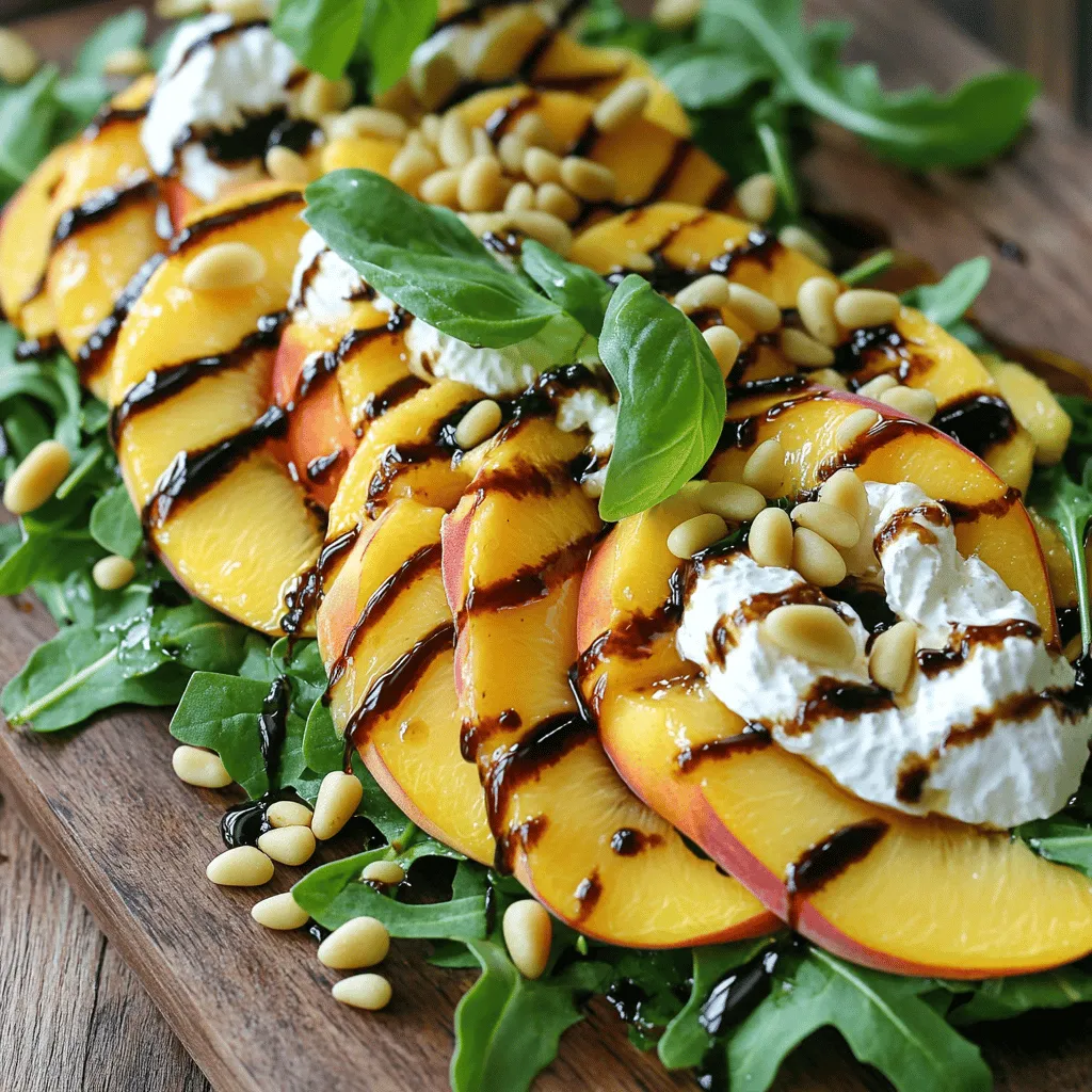 - 2 ripe peaches, thinly sliced - 4 cups of a vibrant mix of arugula and baby spinach - Fresh basil leaves, for garnishing - 1 ball of creamy burrata cheese - 1/4 cup of lightly toasted pine nuts - 1/4 cup of rich balsamic glaze - 1 tablespoon of high-quality olive oil - Salt and pepper, to taste This Peach Burrata Salad is all about fresh flavors and colors. Start with ripe peaches. They should be sweet and juicy. Thinly slice them for a beautiful look. Next, grab some arugula and baby spinach. This mix adds a nice crunch and a slight peppery taste. Burrata cheese is the star of this dish. It is creamy and soft. When you tear it, the inside spills out, adding extra richness. Pine nuts bring a lovely crunch. Lightly toast them for more flavor. To finish, we need balsamic glaze. This glaze is sweet and tangy. It makes the salad pop. A drizzle of high-quality olive oil adds richness. Don’t forget salt and pepper! These simple seasonings enhance all the flavors. For the full recipe, check out the details above. Enjoy each bite of this fresh and flavorful delight! Start by taking a large mixing bowl. Combine arugula and baby spinach in it. These greens add a fresh taste and nice crunch. Drizzle one tablespoon of high-quality olive oil over them. Sprinkle a pinch of salt and some cracked pepper for flavor. Toss the greens gently with your hands. Make sure every leaf gets some oil and seasoning. This step sets a tasty base for your salad. Grab your two ripe peaches. Carefully slice them into thin wedges. Remember to discard the pit as you slice. Aim for even pieces to keep it pretty. Now, take a large serving platter. Spread the mixed greens evenly across it. This creates a lovely bed for the rest of the salad. Next, artfully arrange the peach slices on top. Make sure they look inviting and colorful. Now for the star of the show! Gently tear the ball of burrata cheese into pieces. Place these creamy chunks over the peaches and greens. This adds richness to the salad. Next, sprinkle the lightly toasted pine nuts across the top. They give a nice crunch and nutty flavor. Drizzle the balsamic glaze over everything in a zigzag pattern. This adds a sweet and tangy touch. Finally, scatter fresh basil leaves on top. They add a pop of color and a lovely aroma. Your Peach Burrata Salad is now ready to shine! For the full recipe, check out the detailed instructions above. For a stunning display, use a wooden or marble board to serve the salad. It adds a rustic touch. Just before serving, drizzle a bit of extra olive oil over the top. This step enhances both flavor and shine. I find this salad pairs best with a light white wine. The crispness of the wine complements the sweet peaches and creamy burrata. You can also serve it with crispy baguette slices. The crunch adds a lovely texture to each bite. To heighten the taste, add a pinch of fresh herbs like basil or mint. They bring out the flavors of the peaches and cheese. A squeeze of lemon also brightens the dish. It adds a refreshing zing that makes the salad pop. {{image_4}} You can easily change the fruits in this salad based on the season. Swap peaches for strawberries or figs. This gives your dish a new twist while keeping it fresh. You can also use seasonal greens like kale or spinach. These greens add a nice crunch and flavor. If you want a plant-based option, use vegan burrata instead of regular burrata. This keeps the creamy texture while being dairy-free. You can also substitute pine nuts with walnuts or almonds. These nuts still offer a great crunch and flavor. To add protein, consider adding grilled chicken to your salad. It makes the dish more filling and hearty. You can also mix in other fruits like raspberries or blueberries for extra sweetness. This makes each bite exciting and full of flavor. For the full recipe, check out the Peach Burrata Delight section above. Keep any leftover salad in an airtight container. This helps to protect it from air and moisture. Consume within 1-2 days for optimal freshness. The salad tastes best when the ingredients are still crisp and vibrant. You can prepare the dressing separately and mix it just before serving. This keeps the greens from wilting. Slice peaches right before assembly to maintain freshness. Fresh peaches add sweetness and texture to the dish. Freezing is not recommended for this salad due to texture changes. The creamy burrata and fresh peaches will not hold up well. Instead, consider preparing components separately for longer storage. This way, you can enjoy the salad at its best quality later on. Typically, it lasts 1-2 days when stored properly. Keep it in an airtight container. The salad will stay fresh longer if you store the dressing separately. Yes, you can prepare the components ahead. Slice the peaches and mix the greens in advance. Just combine everything right before serving for the best flavor and texture. You can use creamy goat cheese or feta as good alternatives. Both add a nice flavor and texture. If you want a vegan option, try a plant-based burrata. For the full recipe, check out the delicious Peach Burrata Delight! This blog post covered a delicious Peach Burrata Salad, from fresh ingredients to assembly. You learned how to mix ripe peaches, arugula, and creamy burrata with a rich balsamic glaze. For fun variations and tips, remember to use seasonal adjustments and explore flavors. Store leftovers properly to enjoy this salad for a few days. Overall, this salad offers a delightful balance of taste and colors that everyone will love. Enjoy making it, and let your creativity shine!