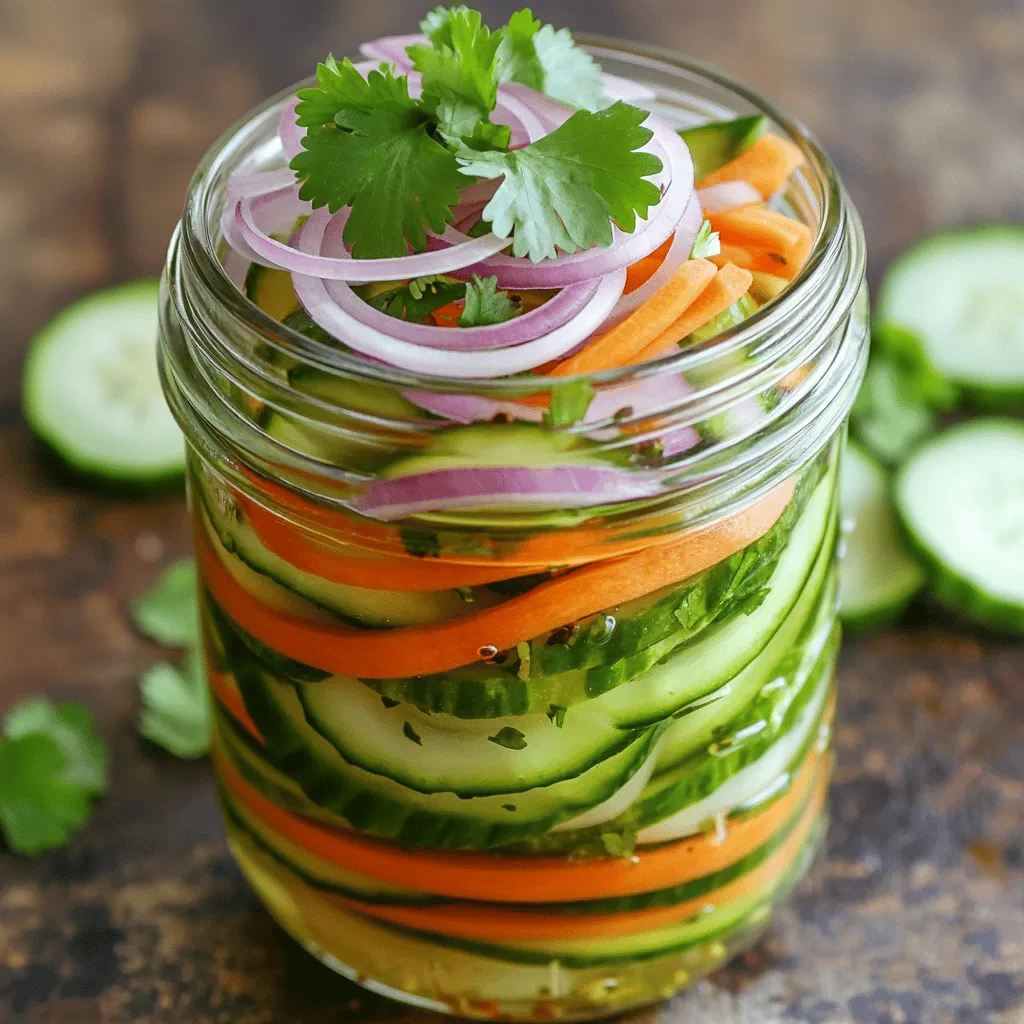 - 1 cup fresh cucumbers, sliced into spears - 1 cup carrots, cut into thin julienne strips - 1/2 cup red onion, thinly sliced - 1 cup distilled white vinegar - 1 cup filtered water - 2 tablespoons taco seasoning blend - 1 tablespoon granulated sugar - 1 teaspoon kosher salt - 1 teaspoon crushed red pepper flakes - 1/2 teaspoon garlic powder - Fresh cilantro leaves for garnish Each ingredient plays a key role in the flavor of taco pickles. Fresh cucumbers bring a nice crunch. Carrots add a sweet touch. Red onion gives a sharp bite that balances the taste. The vinegar acts as the base for the brine, while the water ensures a good mix. When selecting vegetables, look for firm cucumbers with smooth skin. Choose bright orange carrots that feel hard and crisp. For onions, go for those that are firm and heavy for their size. Freshness matters. It enhances flavor and texture. You will need a few tools to make taco pickles. A medium-sized saucepan is essential for heating the brine. You need a clean mason jar or an airtight container to store your pickles. A cutting board and knife help with chopping vegetables. When picking a mason jar, choose one that seals well. It should be large enough to hold all the vegetables and brine. Make sure it is clean and dry before use. A good jar keeps the pickles fresh and tasty. For the full recipe, check the instructions to create your taco pickles. To make the brine, start by gathering your ingredients. You need vinegar, water, taco seasoning, sugar, salt, red pepper flakes, and garlic powder. 1. In a medium saucepan, mix the vinegar and water. 2. Add the taco seasoning, sugar, salt, red pepper flakes, and garlic powder. 3. Heat the mixture over medium heat. Stir it often to dissolve the sugar and salt. 4. Once it boils, remove it from heat. Let it cool for about 15-20 minutes. For a balanced flavor, taste the brine before pouring. Adjust the seasoning if needed. Prepare your vegetables while the brine cools. Use fresh cucumbers, carrots, and red onion. 1. Slice cucumbers into spears and cut carrots into thin strips. 2. Layer the cucumber spears, julienned carrots, and red onion in a clean mason jar. For the best flavor, pack the veggies tightly. This helps them absorb the brine well. Now it's time to marinate your pickles. 1. Once the brine cools, carefully pour it over the veggies in the jar. 2. Make sure all the vegetables are fully submerged in the liquid. 3. Seal the jar tightly and place it in the fridge. Let the pickles marinate for at least 24 hours. For the best taste, wait 3-5 days. When ready to eat, give the jar a gentle shake. Before serving, garnish with fresh cilantro leaves. Enjoy your Taco Pickles bursting with flavorful spice! You can find the Full Recipe for more details. To make taco pickles pop, consider adding more spices. A pinch of cumin or smoked paprika can give them a nice kick. You can also use fresh herbs, like dill or oregano, for added depth. Always choose fresh vegetables. Fresh cucumbers and crisp carrots make a huge difference in taste and crunch. One mistake is not letting the brine cool enough. If you pour hot brine over the veggies, they may become soggy. To fix this, always let the brine cool to room temperature before pouring. Another common error is using old or wilted veggies. This can lead to mushy pickles. Always choose firm and vibrant produce for the best results. Taco pickles are great as a garnish. Try them on tacos, burritos, or even nachos. They add a burst of flavor and color. You can also serve them with grilled meats or salads for a refreshing crunch. Pair them with spicy tacos for a tasty contrast. {{image_4}} You can mix up your taco pickles with many veggies. While cucumbers and carrots are great, try these: - Radishes - Bell peppers - Zucchini - Cauliflower Seasonal veggies can shine in your pickles. For summer, use fresh green beans or asparagus. In fall, try pumpkin or squash. Each adds a new twist to your pickles. The spice level of your taco pickles can vary. For a spicy kick, add more crushed red pepper flakes. If you prefer mild, cut back on the heat. You can also change the brine's flavor. For a sweeter taste, add more sugar. If tanginess is your goal, increase the vinegar. Experiment to find your favorite balance! Different regions have their own ways of making taco pickles. For instance, some Mexican recipes use lime juice and cilantro. In the Southern U.S., you might find a sweeter version with pickle relish. Look for authentic recipes from local cultures. Each style adds a unique flavor and feel to taco pickles. Dive into these variations to explore new tastes! For the taco pickles recipe, check out the Full Recipe. To keep your taco pickles fresh, store them in the fridge. Use an airtight container or a clean mason jar. This helps prevent spoilage and keeps the flavors strong. If you want to store them longer, consider vacuum-sealing them. It removes air, which slows down spoilage. You can also can taco pickles for even longer storage. Just make sure to follow safe canning practices to avoid any food safety issues. Taco pickles last about 2 to 3 weeks in the fridge. After that, the taste may fade. You might notice some signs of spoilage. Look for changes in color or texture. If they smell off or have bubbles, it’s best to throw them out. Enjoy your taco pickles while they’re fresh for the best taste! I suggest marinating taco pickles for at least 24 hours. This time lets the flavors mix well. For the best taste, wait 3 to 5 days. The longer they sit, the tastier they get. Your patience will pay off with a burst of flavor. Yes, you can use different vinegars for varied tastes. Apple cider vinegar adds a fruity touch. Red wine vinegar gives a richer flavor. You might even try rice vinegar for a milder taste. Each type brings its own twist to the pickle. You can find pre-made taco pickles in many grocery stores. Look in the pickle aisle or the international foods section. Some local markets might offer unique homemade versions. If you want a quick snack, check online shops too. They often have a wide selection of flavors. Taco pickles offer a fun twist to your meals. We broke down everything from ingredients to tools. Making the brine, layering veggies, and marinating is key for great flavor. We also shared tips for enhancing taste and avoiding common mistakes. You can even create unique versions based on your preferences. Now, it’s your turn to try making taco pickles. Get creative, and enjoy the fresh flavors in many dishes. Happy pickling!