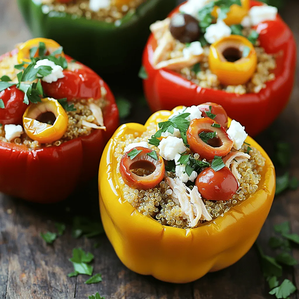 This dish has vibrant flavors and colorful ingredients. It combines chicken, quinoa, and fresh veggies. Each bite is like a taste of the Mediterranean. You can enjoy this recipe for lunch or dinner. It is simple to make and sure to impress anyone. - 4 large bell peppers (any color of your choice) - 2 cups cooked chicken, shredded (preferably rotisserie for convenience) - 1 cup cooked quinoa (or you can use couscous for a different texture) - 1 cup cherry tomatoes, halved - 1 cup feta cheese, crumbled - 1/2 cup Kalamata olives, pitted and chopped - 1/4 cup fresh parsley, finely chopped - 2 tablespoons extra virgin olive oil - 1 teaspoon dried oregano - 1 teaspoon garlic powder - Salt and freshly ground black pepper to taste To make this dish your own, consider adding the following: - Spinach or kale for extra greens - Red onion for a touch of sweetness - Zucchini or eggplant for added texture - Nuts like pine nuts for a crunchy bite - A dash of lemon juice for brightness First, preheat your oven to 375°F (190°C). This step warms the oven for even cooking. Next, grab your large bell peppers. Cut off the tops and remove the seeds and white parts inside. This makes space for the filling. Brush the outside of each pepper with olive oil. This adds flavor and helps with roasting. Place the peppers upright in a baking dish. This ensures they stay standing as they bake. Now it’s time to make the filling. In a large bowl, mix the shredded chicken with cooked quinoa. Add the halved cherry tomatoes, crumbled feta cheese, and chopped Kalamata olives. Toss in the finely chopped parsley for a fresh touch. Drizzle the mixture with olive oil. Then, sprinkle in the dried oregano, garlic powder, salt, and black pepper. Stir everything well. You want all the flavors to blend nicely. Take your filling and spoon it into each pepper. Press it down gently to fit it all inside. Be careful not to overfill. This helps keep them intact while baking. Cover the baking dish with aluminum foil. Place it in the preheated oven and bake for 25 minutes. After that, remove the foil and bake for another 10-15 minutes. This lets the tops get golden and the peppers soft. Once done, take the dish out and let it cool for a few minutes before serving. Enjoy your culinary masterpiece! For the complete recipe, check the full recipe. To boost flavor, use fresh herbs. Fresh parsley adds a bright taste. You can also mix in some fresh basil for a twist. If you like spice, add red pepper flakes to the chicken mixture. This gives a nice kick! Using high-quality olive oil makes a big difference. It enhances the overall flavor of your dish. Don't skip the feta cheese; it adds creaminess and saltiness. Oven times may vary based on your model. If your peppers are large, check for doneness after 30 minutes. You want them tender but not mushy. If you have small peppers, reduce the baking time. Always keep an eye on them as they bake. If you’re using raw chicken instead of cooked, increase the baking time. Make sure the chicken reaches an internal temperature of 165°F (74°C). For a stunning presentation, use bright plates. Place each stuffed pepper upright for a beautiful look. Top them with extra crumbled feta and a drizzle of olive oil. Sprinkle fresh parsley on top for color. You can also add lemon zest for a fresh aroma. This simple touch makes your dish look and taste gourmet. Enjoy your Mediterranean Chicken Stuffed Bell Peppers Delight! For more details, check the Full Recipe. {{image_4}} You can easily make vegetarian stuffed peppers. Just skip the chicken. Instead, use cooked chickpeas or lentils. They add protein and texture. Mix in more veggies like zucchini or spinach for added flavor. You can also use tofu for a protein boost. Feta cheese remains a great choice to keep that Mediterranean taste. This recipe is already a good fit for gluten-free diets. Instead of quinoa, try using rice or gluten-free pasta. Both options work well with the other ingredients. Just ensure that any broth or sauces you use are gluten-free. This way, everyone can enjoy these tasty peppers. Get creative with your filling! Try ground turkey or beef for a meatier taste. You can even use seafood like shrimp for a fresh twist. For a spicy kick, add jalapeños or hot sauce into the mix. You can also play with different grains like farro or brown rice. The possibilities are endless. Just remember to keep that Mediterranean vibe! For the full recipe, check out the detailed steps above. Store leftover Mediterranean chicken stuffed bell peppers in an airtight container. Keep them in the fridge for up to three days. Make sure they cool down before sealing the container. This helps preserve their taste and texture. When you are ready to eat, reheat the stuffed peppers in the oven. Preheat the oven to 350°F (175°C). Place the peppers in a baking dish and cover them loosely with foil. Heat for about 15-20 minutes, or until they are warm throughout. You can also use the microwave for quick reheating. Place the pepper on a microwave-safe plate and heat for about 2-3 minutes. To freeze the stuffed peppers, wrap each one tightly in plastic wrap. Then, place them in a freezer-safe bag or container. They will stay good for up to three months. When you're ready to enjoy them, thaw in the fridge overnight. Bake them in the oven as mentioned above. This way, you can have a delicious meal ready anytime! For the full recipe, check the earlier sections. Yes, you can! Ground turkey, beef, or pork work well. You can even use shredded rotisserie chicken. Each meat adds its own flavor. Just remember to adjust cooking times based on the meat you choose. For example, beef and pork need to cook longer to ensure they are safe to eat. To reduce calories, swap quinoa for cauliflower rice. Cauliflower rice has fewer calories and adds a nice texture. You can also use less cheese or choose a low-fat version. Using lean meats or skipping the olives can help too. It’s all about finding the right balance for your taste. These stuffed peppers pair well with a fresh salad. A simple cucumber and tomato salad adds crunch. You can also serve with hummus and pita bread for a more filling meal. A light yogurt sauce drizzled on top adds a refreshing touch. Enjoy exploring different sides! For more details on making these delicious stuffed peppers, check the Full Recipe. This blog post showed how to make tasty Mediterranean chicken stuffed peppers. We went over ingredients, step-by-step instructions, and helpful tips. You learned about fun variations and how to store leftovers. Cooking should be fun and simple. Try customizing your dish to fit your taste. Enjoy sharing this meal with family and friends for a great dining experience.