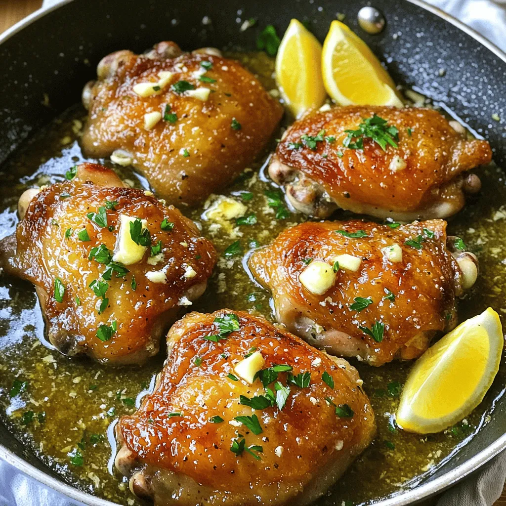 - 4 boneless, skinless chicken thighs - 4 cloves garlic, finely minced - 1/2 cup unsalted butter, divided (1/4 cup for cooking, 1/4 cup for sauce) - 1 tablespoon extra virgin olive oil - 1 teaspoon dried thyme - 1 teaspoon smoked paprika - Salt and freshly ground black pepper - Fresh parsley, finely chopped - Lemon wedges Each ingredient plays a key role in making garlic butter chicken flavorful and simple. The chicken thighs give a juicy base, while garlic adds depth. Unsalted butter and olive oil create a rich sauce that brings everything together. Dried thyme and smoked paprika add a lovely aroma and flavor that you will enjoy. Salt and pepper are essential for seasoning. They enhance every bite. Fresh parsley brings color and a fresh taste to the dish. Lastly, lemon wedges brighten the flavors and add a zesty touch. For the complete recipe, check out the Garlic Butter Chicken Delight. It provides step-by-step instructions for creating this easy meal. 1. Start by seasoning the chicken thighs. Take 4 boneless, skinless chicken thighs. 2. Sprinkle smoked paprika, dried thyme, salt, and pepper on both sides. Make sure to cover them well. 3. Next, melt the butter and olive oil. In a large skillet, add 1/4 cup of unsalted butter with 1 tablespoon of extra virgin olive oil. 4. Heat over medium heat. Wait until the butter melts and bubbles gently. 1. Once the skillet is hot, add the seasoned chicken thighs. 2. Cook on one side for about 6-7 minutes. Look for a golden brown crust. 3. After that, flip the chicken. Cook for another 6-7 minutes. The chicken should reach 165°F (75°C) inside. 1. Remove the chicken from the skillet. Place it on a plate and cover it with foil to keep warm. 2. In the same skillet, lower the heat a bit. Add the remaining 1/4 cup of unsalted butter and 4 minced garlic cloves. 3. Sauté for 1-2 minutes. Stir often until the garlic smells good and turns lightly golden. 4. Be careful not to burn the garlic; burnt garlic tastes bad. 5. Return the cooked chicken to the skillet. Spoon the garlic butter sauce over the top. 6. Let it simmer for 1-2 minutes. This helps the chicken soak up the flavors. For the complete recipe, check out Garlic Butter Chicken Delight. - Achieving the right chicken temperature: Always check the internal temperature of your chicken. Use a meat thermometer to ensure it reaches 165°F (75°C). This step keeps your chicken juicy and safe to eat. Letting it rest for a few minutes after cooking helps keep the juices inside. - Avoiding burnt garlic: Garlic cooks quickly, so watch it closely. Add minced garlic to the pan only after the chicken is done. Stir it often for 1-2 minutes. If it turns dark, it may taste bitter. - Ideal pairings with sides: Garlic butter chicken goes well with rice, mashed potatoes, or steamed veggies. A crisp salad or roasted asparagus also complements the rich flavors. - Enhancing flavors with garnishes: Fresh parsley adds color and a hint of flavor. Lemon wedges brighten the dish. Squeeze them over the chicken just before serving for an extra kick. For the complete recipe, check out Garlic Butter Chicken Delight. This dish is simple, yet full of flavor! {{image_4}} You can switch up the protein in this dish. Salmon or shrimp works well. They absorb the garlic butter flavor nicely. If you're feeling adventurous, try tofu for a vegetarian option. You can also mix up the herbs and spices. Fresh basil or oregano can add a unique twist. Experiment with your favorites. Just remember, balance is key. Too much spice can overpower the dish. You have options when it comes to cooking methods. Oven-baked garlic butter chicken is a great choice. Preheat your oven to 400°F. Place the seasoned chicken in a baking dish. Pour the garlic butter sauce over it and bake for about 25-30 minutes. This method keeps the chicken juicy. Grilling is another fun idea. It gives the chicken a smoky flavor. Preheat your grill to medium-high heat. Grill the chicken for about 6-7 minutes on each side. Brush with garlic butter during cooking for extra taste. Both methods can create a delicious meal. Each offers a unique flavor profile and experience. For the full recipe, check out Garlic Butter Chicken Delight. After enjoying your garlic butter chicken, store any leftovers properly. Place the chicken in an airtight container. Refrigerate it within two hours of cooking. This keeps it fresh. It will last for up to four days in the fridge. You can also freeze the chicken if you want to save it longer. Wrap each piece tightly in plastic wrap. Then, place them in a freezer-safe bag. This helps prevent freezer burn. Frozen garlic butter chicken can last up to three months. When it’s time to enjoy your leftovers, reheating them well is key. You have several options for reheating: - Microwave: Place the chicken on a microwave-safe plate. Cover it with a damp paper towel. Heat on medium for 1-2 minutes. Check if it’s warm throughout. - Stovetop: Heat a skillet over medium-low heat. Add a splash of water or broth to prevent sticking. Place the chicken in the skillet. Cover and heat for about 5-7 minutes, flipping halfway. - Oven: Preheat your oven to 350°F (175°C). Place the chicken in a baking dish and cover it with foil. Heat for about 15-20 minutes, or until warmed through. Using these methods helps maintain flavor and texture. Enjoy your garlic butter chicken just like the first time! You can serve garlic butter chicken with many tasty sides. Here are some great options: - Steamed broccoli - Garlic mashed potatoes - Roasted carrots - Caesar salad - Rice pilaf - Simple green salad These sides pair well and add color to your plate. To spice up your garlic butter chicken, try these tips: - Add red pepper flakes while cooking. - Use spicy paprika instead of smoked. - Mix in some chopped jalapeños. - Serve with hot sauce on the side. These ideas add heat without losing flavor. Yes, you can use frozen chicken thighs. Just keep these steps in mind: - Thaw the chicken in the fridge overnight for best results. - If cooking from frozen, increase your cooking time by about 50%. - Ensure the chicken reaches 165°F (75°C) inside for safety. Cooking from frozen is handy when you need a quick meal. You can find the full recipe for Garlic Butter Chicken Delight in the recipe section above. It gives you step-by-step instructions to create this mouthwatering dish. This blog post covered the key ingredients for garlic butter chicken, including chicken thighs, garlic, and seasoning. I shared simple steps for preparation, cooking, and making a tasty garlic butter sauce. You learned tips to perfect your dish and storage options for leftovers. Now, you can easily customize the recipe to fit your taste. Try different proteins or spices for a change. Enjoy making and sharing this dish with friends and family!