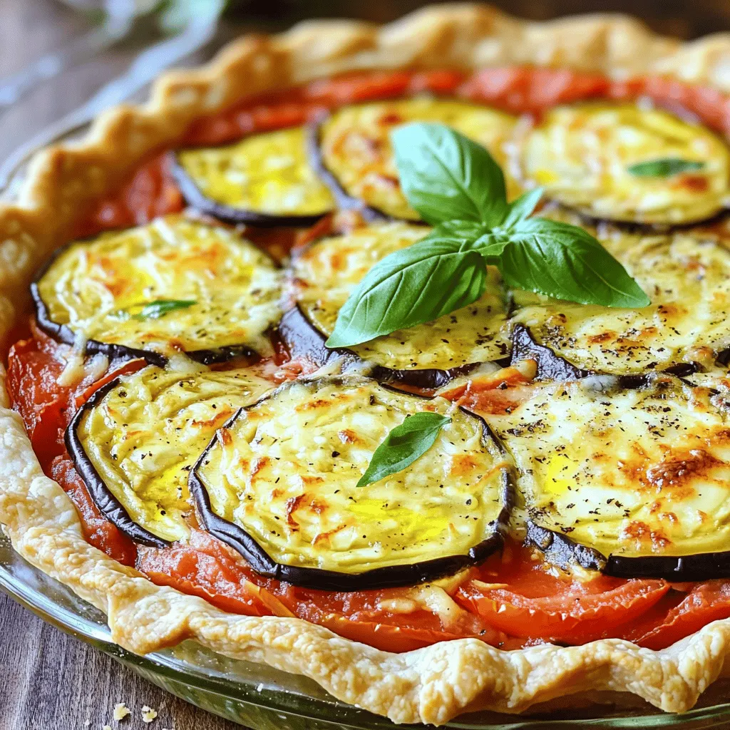 To make a delicious eggplant tomato pie, you'll need the following ingredients: - 2 medium eggplants, cut into 1/4-inch thick rounds - 3 medium ripe tomatoes, sliced evenly - 1 large onion, thinly sliced - 3 cloves garlic, minced finely - 1 teaspoon dried oregano - 1 teaspoon fresh basil, chopped (or 1/2 teaspoon dried) - 1/2 teaspoon red pepper flakes (optional, for an extra kick) - 1 cup creamy ricotta cheese - 1 cup shredded mozzarella cheese - 1/2 cup grated Parmesan cheese - 1 pre-made pie crust (store-bought or homemade) - Olive oil for drizzling - Salt and freshly cracked black pepper to taste Nutritional information per serving (based on 6 servings) is approximately: - Calories: 300 - Fat: 20g - Carbohydrates: 25g - Protein: 10g For the best quality, choose ripe, firm eggplants and juicy tomatoes. Look for cheeses that are fresh and creamy. If you're out of ricotta, cottage cheese works well as a substitute. You can also swap the pie crust for a gluten-free option or make your own from scratch for a personal touch. The freshness of your herbs can greatly enhance the flavor, so opt for fresh basil when you can. If you want to add some extra flavors, consider using smoked mozzarella or adding a sprinkle of fresh herbs on top before serving. Enjoy creating this savory dish! For the complete cooking steps, check the Full Recipe. To make the Eggplant Tomato Pie, start by prepping your ingredients. Here’s how: 1. Preheat the Oven: Set your oven to 375°F (190°C) to get it ready for baking. 2. Sauté Onions and Garlic: In a large skillet, drizzle olive oil and heat it over medium heat. Add thinly sliced onions and minced garlic. Sauté for about 5 minutes until the onions are soft and clear. 3. Cook the Eggplant: Add the eggplant rounds to the skillet. Cook for 5-7 minutes, stirring until they are tender and lightly golden. Season with salt, black pepper, dried oregano, and fresh basil. If you like spice, add red pepper flakes. 4. Cool the Mixture: Once cooked, remove the skillet from the heat and let the vegetable mixture cool a bit. 5. Prepare the Pie Crust: Roll out the pie crust to fit your pie dish. Press it in gently and prick the bottom with a fork to prevent bubbling. Now, for layering the pie: 6. Spread Ricotta Cheese: Evenly spread the ricotta cheese across the bottom of the crust. 7. Layer Ingredients: Start with half of the cooked eggplant mixture, followed by half of the sliced tomatoes. Repeat with the rest of the eggplant and tomatoes for a great look. 8. Add Cheese: Sprinkle the shredded mozzarella and grated Parmesan cheese on top of the layered veggies. This makes a deliciously cheesy crust. 9. Final Touches: Drizzle a little olive oil over the cheese. Add a pinch of salt and black pepper for extra flavor. Now, it’s time to bake: 1. Bake the Pie: Place your pie in the preheated oven. Bake for 30-35 minutes. Look for the cheese to be bubbly and golden brown. 2. Cool Before Serving: When done, take the pie out and let it cool for about 10 minutes. This helps the flavors settle and makes slicing easier. Now you have a beautiful Eggplant Tomato Pie! For the complete instructions, check the Full Recipe. Enjoy your cooking! When you make Eggplant Tomato Pie, a few common mistakes can happen. One big error is not seasoning enough. Salt and pepper bring out the flavors of the vegetables. Taste as you go to get it right. Another mistake is overcooking the vegetables. If you cook them too long, they can become mushy. Aim for a tender texture while keeping some bite. To boost the taste of your pie, think about adding herbs and spices. Fresh thyme and rosemary add a nice twist. If you want a bit of heat, try smoked paprika or cayenne pepper. They can change the whole flavor. For side dishes, a fresh salad works well. A side of garlic bread is also a hit. Both add a nice touch to the meal. You can even serve it with a light soup for a complete dinner. It’s all about balancing flavors. For more details, check out the Full Recipe for Eggplant Tomato Pie. {{image_4}} You can easily adapt this eggplant tomato pie for different diets. To make it vegan, swap out the cheese for plant-based options. There are many great vegan ricotta and mozzarella products available. For a gluten-free version, use a gluten-free pie crust. Many brands offer ready-made options that taste great. If you want to reduce carbs, consider using a cauliflower crust. You can also make a crust from almond flour. This keeps it crunchy while lowering the carb count. Both options work well and taste delicious. You can tweak this recipe by adding other veggies or proteins. Zucchini adds a nice texture and taste. You could also add cooked chicken or turkey for a heartier version. Want to explore global flavors? Try adding spices from different cuisines. For a Mediterranean twist, add feta cheese and olives. For an Italian flair, mix in pesto sauce. You can even use curry spices for an Indian-inspired eggplant pie. For the full recipe, check the section above. Enjoy experimenting! After enjoying your Eggplant Tomato Pie, store leftovers properly. First, let the pie cool completely. This prevents moisture buildup. Next, slice the pie into wedges. Use an airtight container for storage. If you have no container, wrap the pie tightly in plastic wrap. Store it in the fridge for up to three days. For longer storage, freeze the pie. Place the wedges in a freezer-safe container or bag. You can freeze it for up to three months. Just remember to label it with the date! To reheat your Eggplant Tomato Pie, the oven is best. Preheat it to 350°F (175°C). Place the pie slices on a baking sheet. Cover them loosely with foil. This helps keep the top from getting too brown. Heat for about 15-20 minutes. Check to see if it's hot all the way through. If you want to avoid sogginess, don’t use a microwave. Microwaves can make the crust soft. Enjoy your delicious, warm pie just like the first time! If you want to switch up the pie crust, you have options. You can use a puff pastry for a flakier texture. For a gluten-free option, try a gluten-free pie crust. You can even make a simple homemade crust. Mix flour, butter, and water to form a dough. Roll it out to fit your pie dish. It can taste fresh and delicious! Yes, you can prepare Eggplant Tomato Pie ahead of time. Just assemble the pie without baking it. Cover it tightly and store it in the fridge. You can keep it fresh for one day. When you are ready to bake, take it out and let it sit for a few minutes. Then, follow the baking instructions from the Full Recipe. This way, you save time on busy days! Scaling up the Eggplant Tomato Pie is simple. You can double the ingredients for a larger pie. Use a bigger pie dish to hold everything. Another option is to make two smaller pies. Each pie can serve about six people. This is great for parties or family gatherings! When choosing a wine, think about the flavors in the pie. A light red wine, like Pinot Noir, works well. It enhances the taste of the eggplant and tomatoes. A crisp white wine, like Sauvignon Blanc, is also a good match. It adds freshness to each bite. Enjoy experimenting with these pairings! You now have a complete guide to making Eggplant Tomato Pie. We covered the ingredients, preparation steps, baking tips, and flavor enhancements. You learned how to avoid common mistakes and create tasty variations. With storage and reheating advice, you’ll keep leftovers fresh and delicious. This recipe is versatile, allowing for dietary needs and personal tastes. I hope you feel inspired to create this dish. Enjoy your cooking journey!