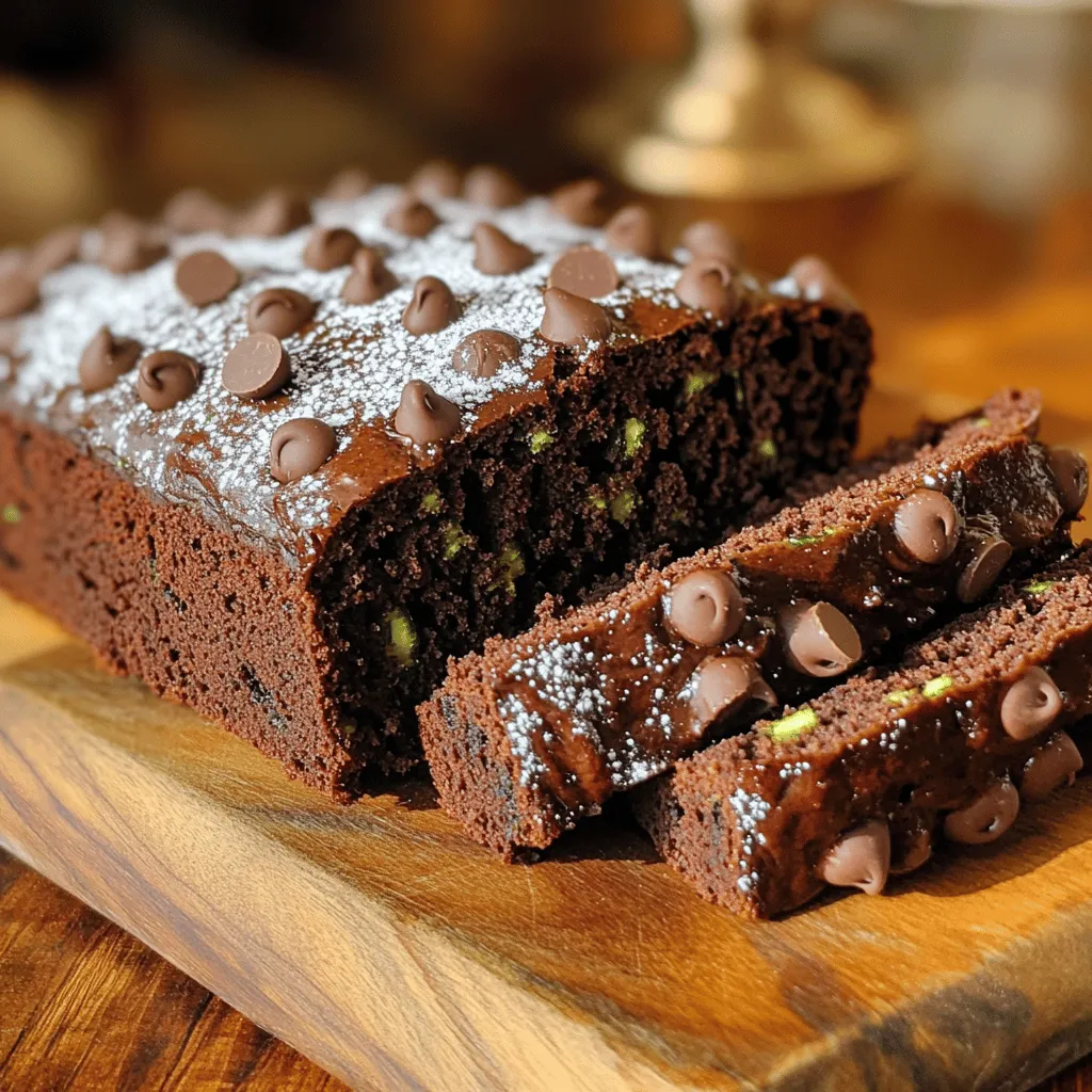 - 1 cup finely grated zucchini - 1 ½ cups all-purpose flour - 1 cup granulated sugar - ½ cup unsweetened cocoa powder - ½ teaspoon baking soda - ½ teaspoon baking powder - ½ teaspoon salt - 2 large eggs, lightly beaten - ½ cup vegetable oil - 1 teaspoon pure vanilla extract - ½ cup semi-sweet chocolate chips - Optional: ¼ cup chopped walnuts or pecans You can make this chocolate zucchini bread fit your needs. Here are some ideas: - Gluten-free flour options: Use a gluten-free flour mix. Make sure it has xanthan gum for the best texture. - Sugar alternatives for healthier variations: Replace granulated sugar with coconut sugar or maple syrup. Adjust the liquid in the recipe if needed. - Dairy-free substitutes: Swap out vegetable oil for melted coconut oil. You can also use almond or soy milk instead of eggs if you want a vegan option. These choices let you enjoy this delicious recipe while fitting your diet. For the full recipe, check out the details above! Start by grating the zucchini. You want about one cup of finely grated zucchini. Using a box grater works well. Next, measure all your dry and wet ingredients. This helps keep everything organized. Now, prepare your loaf pan. Use a 9x5-inch pan. Grease it with butter or cooking spray. Lightly dust it with flour. This step stops the bread from sticking. Alternatively, you can line the pan with parchment paper for easy removal. In a large bowl, combine the grated zucchini, eggs, oil, and vanilla. Mix these well until smooth. The zucchini should spread evenly throughout the mixture. This keeps the bread moist and flavorful. In another bowl, sift the flour, sugar, cocoa powder, baking soda, baking powder, and salt. Whisk these dry ingredients until they blend well. Make sure there are no lumps. This step is key for a light texture in the bread. Gradually add the dry mixture to the wet zucchini blend. Stir gently until just combined. Be careful not to overmix the batter. A few lumps are okay. This keeps your bread soft and tender. Now, pour the batter into your prepared loaf pan. Use a spatula to smooth the top. This helps it bake evenly. Place the loaf pan in your preheated oven. Bake at 350°F (175°C) for 50-60 minutes. Check for doneness with a toothpick. It should come out clean or with a few moist crumbs. Once baked, take the bread out and let it cool in the pan for about 10 minutes. Then transfer it to a wire rack. Cooling it fully enhances the flavor. Enjoy your delicious chocolate zucchini bread! For full details, check the Full Recipe. To get the best texture in your chocolate zucchini bread, avoid overmixing. Mix the wet and dry ingredients just until combined. A few lumps are okay and will help keep the bread moist. After baking, let the bread cool for a while. Cooling time allows the flavors to deepen and makes each slice more delicious. You can boost the flavor by adding spices. A sprinkle of cinnamon or nutmeg adds warmth and depth. Chopping chocolate into small pieces also brings varied texture. Some pieces will melt, while others stay chunky, giving you a fun bite in every slice. For a special touch, consider adding a glaze or frosting. A simple chocolate glaze can make it even more indulgent. You can also serve it with whipped cream on top. This makes it a perfect treat for gatherings or special occasions. Enjoy your chocolate zucchini bread fresh from the oven or at room temperature! For the complete recipe, check the Full Recipe. {{image_4}} You can make chocolate zucchini bread even more fun by adding nuts or dried fruit. Chopped walnuts or pecans give a nice crunch. Dried cherries or raisins add sweetness and chew. You can also play with different types of chocolate. Try dark chocolate chips for a richer taste or white chocolate for a sweet twist. Mixing chocolates adds depth and excitement to each bite. If you want a vegan version, swap eggs with flaxseed meal. Mix 1 tablespoon of flaxseed with 2.5 tablespoons of water. Let it sit for a few minutes before adding. Use plant-based oil instead of vegetable oil. For low-carb or keto-friendly options, replace flour with almond flour or coconut flour. Use a sugar substitute like erythritol. These changes keep the bread tasty while fitting your diet. You can transform chocolate zucchini bread into a dessert. Turn it into bread pudding by soaking slices in a mix of eggs, milk, and sugar. Bake until set for a creamy treat. You can also slice it for breakfast. Top with yogurt or spread cream cheese for a delightful start to your day. Chocolate zucchini bread is not just for snacking; it can shine at any meal. For the full recipe, check out the main section above! To keep your chocolate zucchini bread fresh, store it at room temperature. Place it in an airtight container. This method keeps the bread moist for up to three days. If you live in a hot or humid area, consider storing it in the fridge. Wrap it tightly in plastic wrap before placing it in the fridge. This helps prevent it from drying out. For long-term storage, freezing is a great option. Slice the bread before freezing. Wrap each slice in plastic wrap, then place them in a freezer bag. This way, you can easily grab one or two slices later. The bread will stay good in the freezer for up to three months. When stored properly, chocolate zucchini bread lasts about three days at room temperature. In the fridge, it can last up to a week. Signs of spoilage include a dry texture, off smell, or visible mold. If you notice any of these signs, it's best to throw the bread away. Enjoy your delicious creation while it’s fresh! For the full recipe, check out the Decadent Chocolate Zucchini Bread 🥒 section. Yes, you can make this recipe without eggs. Use 1/4 cup of unsweetened applesauce or 1/4 cup of mashed banana as a binding agent. You can also try flaxseed meal. Mix 1 tablespoon of flaxseed meal with 2.5 tablespoons of water. Let it sit for a few minutes until it thickens. These options will help hold the bread together without using eggs. When measuring zucchini, always use packed measurements. Grate the zucchini and then press it down into the measuring cup. This method ensures you get the right amount. Loose measurements can lead to too much moisture in the bread. Remember, too much liquid can make your bread soggy. Yes, you can use frozen zucchini for this recipe. Thaw the zucchini first and then drain any excess liquid. This step is key for keeping your bread from becoming too wet. Pat the zucchini dry with a paper towel after thawing to remove any extra moisture. This will help maintain a nice texture in your bread. To check if the bread is done, use the toothpick test. Insert a toothpick into the center of the bread. If it comes out clean or with a few moist crumbs, the bread is ready. You can also look for a golden-brown top and a slight spring when you press it. These signs mean your chocolate zucchini bread is perfectly baked. Making Chocolate Zucchini Bread is simple and fun. We covered ingredients, step-by-step instructions, and tips. You can tweak this recipe for special diets or different flavors. Remember to store it correctly for the best taste. With these tips, you can enjoy a delicious treat anytime. Now it’s time for you to bake and share your creations!