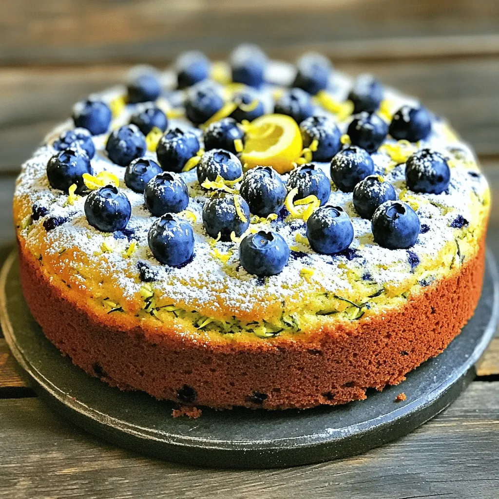 To make my Lemon Blueberry Zucchini Cake, gather these essential items: - 2 cups grated zucchini (approximately 1 medium zucchini) - 1 cup fresh blueberries (plus extra for topping) - 1/2 cup unsalted butter, softened to room temperature - 1 cup granulated sugar - 2 large eggs, at room temperature - 1 teaspoon pure vanilla extract - 1 cup all-purpose flour - 1/2 teaspoon baking powder - 1/2 teaspoon baking soda - 1/4 teaspoon fine sea salt - Zest of 1 lemon - 2 tablespoons freshly squeezed lemon juice - 1/2 teaspoon ground cinnamon These ingredients work together to create a moist and flavorful cake. The zucchini adds moisture, while the blueberries give a burst of sweetness. The lemon zest and juice bring a bright, fresh flavor to the mix. You can add extra ingredients for more depth. Consider using: - 1/2 cup chopped nuts, like walnuts or pecans - 1/2 teaspoon almond extract for a nutty taste - A pinch of nutmeg for warmth These options can elevate your cake, making it even more delightful. Nuts add crunch, while almond extract gives a unique twist. If you're missing an ingredient, don't worry. Here are some swaps: - Use Greek yogurt instead of butter for a lighter option. - Substitute honey or maple syrup for sugar, but adjust the liquid in the recipe. - Replace all-purpose flour with almond or oat flour for a gluten-free version. These substitutions can fit various diets while keeping the cake delicious. Always remember to adjust cooking times and measurements where needed. For the full recipe, check out the Lemon Blueberry Zucchini Cake 🫐. First, preheat your oven to 350°F (175°C). Grab an 8-inch round cake pan. Grease it with butter and dust it with flour. This step helps the cake come out easily later. In a large mixing bowl, beat together the softened butter and granulated sugar. Use an electric mixer on medium speed. Mix until it looks light and fluffy, which takes about 3-4 minutes. Now, add the eggs one at a time. Make sure to mix well after each addition. Next, add the vanilla extract, lemon zest, and lemon juice. Mix until everything is combined. In another bowl, whisk together the all-purpose flour, baking powder, baking soda, fine sea salt, and ground cinnamon. This ensures all dry ingredients mix well. Gradually fold the dry mixture into the wet mixture using a spatula. Mix just until you don’t see any dry flour. The batter should be slightly lumpy. Now, gently fold in the grated zucchini and fresh blueberries. Be careful not to overmix! You want to keep the blueberries whole for texture. Pour the batter into your prepared cake pan. Use a spatula to smooth the top. For a pop of color, scatter extra blueberries on top before baking. Place the cake in your preheated oven. Bake for 30 to 35 minutes. You’ll know the cake is done when a toothpick inserted in the center comes out clean, with just a few moist crumbs. Once baked, let the cake cool in the pan for about 10 minutes. After that, carefully move it to a wire rack to cool completely. For a lovely finish, lightly dust the cooled cake with powdered sugar. Add more lemon zest and scatter a few fresh blueberries on top. Serve each slice with a dollop of whipped cream for a tasty treat. You can find the complete recipe [Full Recipe]. To make a moist Lemon Blueberry Zucchini Cake, use fresh zucchini. Grate it finely and do not squeeze out the moisture. This keeps the cake light and tender. Ensure your butter is soft but not melted. When mixing butter and sugar, beat until fluffy. This adds air and creates a soft texture. Incorporate eggs one at a time to help with the batter's rise. Avoid overmixing the batter. Overmixing can lead to a tough cake. Fold in the zucchini and blueberries gently. If you want a burst of blueberry flavor, use slightly crushed berries. Ensure your oven is preheated to 350°F before baking. Check your cake with a toothpick; it should come out clean. If not, bake a few more minutes. To serve your cake beautifully, dust the top with powdered sugar. Add a sprinkle of lemon zest for color. Place fresh blueberries on top for a pop of color. For a fancy touch, serve each slice with whipped cream. You can also add a mint leaf for a fresh look. These small details make your cake stand out. For the full recipe, click here: [Full Recipe]. {{image_4}} You can easily adapt this cake to be gluten-free. Use a gluten-free flour blend in place of all-purpose flour. Look for blends that contain xanthan gum. This helps mimic the texture of regular flour. The taste remains delicious, and the cake stays moist. Mixing in nuts or other fruits can enhance the flavor. Consider adding chopped walnuts or pecans for some crunch. You can also try different fruits like raspberries or strawberries. Just make sure to adjust the sugar if you use sweeter fruits. Frosting can change the whole feel of the cake. A cream cheese frosting pairs well with lemon and blueberries. For a lighter touch, use whipped cream mixed with lemon zest. You can also drizzle a simple lemon glaze over the top. This adds a nice shine and extra flavor. For the full recipe, check out the Lemon Blueberry Zucchini Cake section. To keep your Lemon Blueberry Zucchini Cake fresh, wrap it tightly. Use plastic wrap or aluminum foil. You can also place it in an airtight container. Store it at room temperature for up to three days. If you want it to last longer, refrigerate it. Just remember, the cake may dry out in the fridge. Freezing is a great way to save this cake for later. First, let the cake cool completely. Then, slice it into individual pieces. Wrap each slice in plastic wrap. After that, place the wrapped slices in a freezer bag. Press out as much air as possible before sealing. You can freeze it for up to three months. When you want a slice, just take it out and let it thaw at room temperature. If your cake feels a bit dry after storage, don't worry! You can bring it back to life. Simply microwave a slice for about 10 to 15 seconds. This will warm it up and make it soft again. You can also add a drizzle of lemon glaze or a dollop of whipped cream for extra moisture and flavor. Enjoy your cake just like it was fresh from the oven! Yes, you can use frozen blueberries. They work well but may give more juice. This can make the batter a bit wetter, so add a little extra flour if needed. To keep them from sinking, toss the frozen blueberries in a bit of flour before folding them into the batter. This simple trick helps keep your blueberries evenly distributed. Check the cake around 30 minutes of baking. Insert a toothpick into the center. If it comes out clean or with a few moist crumbs, the cake is done. The edges may also pull away from the pan slightly. If the toothpick is wet, bake for a few more minutes and check again. If you don't have zucchini, try grated carrots or apples. Both add moisture and sweetness to the cake. You can also use mashed bananas for a different flavor. Just remember to adjust sugar based on the sweetness of the substitute. For the best taste, keep the amount the same as zucchini in the recipe. In this blog post, we explored making a Lemon Blueberry Zucchini Cake. We discussed key ingredients, including essential and optional ones. I shared simple instructions for preparing, baking, and serving your cake. You learned tips for a moist cake and ways to present it beautifully. Also, we covered gluten-free variations and storage advice. Baking can be easy and fun. With this recipe, you can impress everyone. Enjoy creating this delicious cake and share it with friends and family!