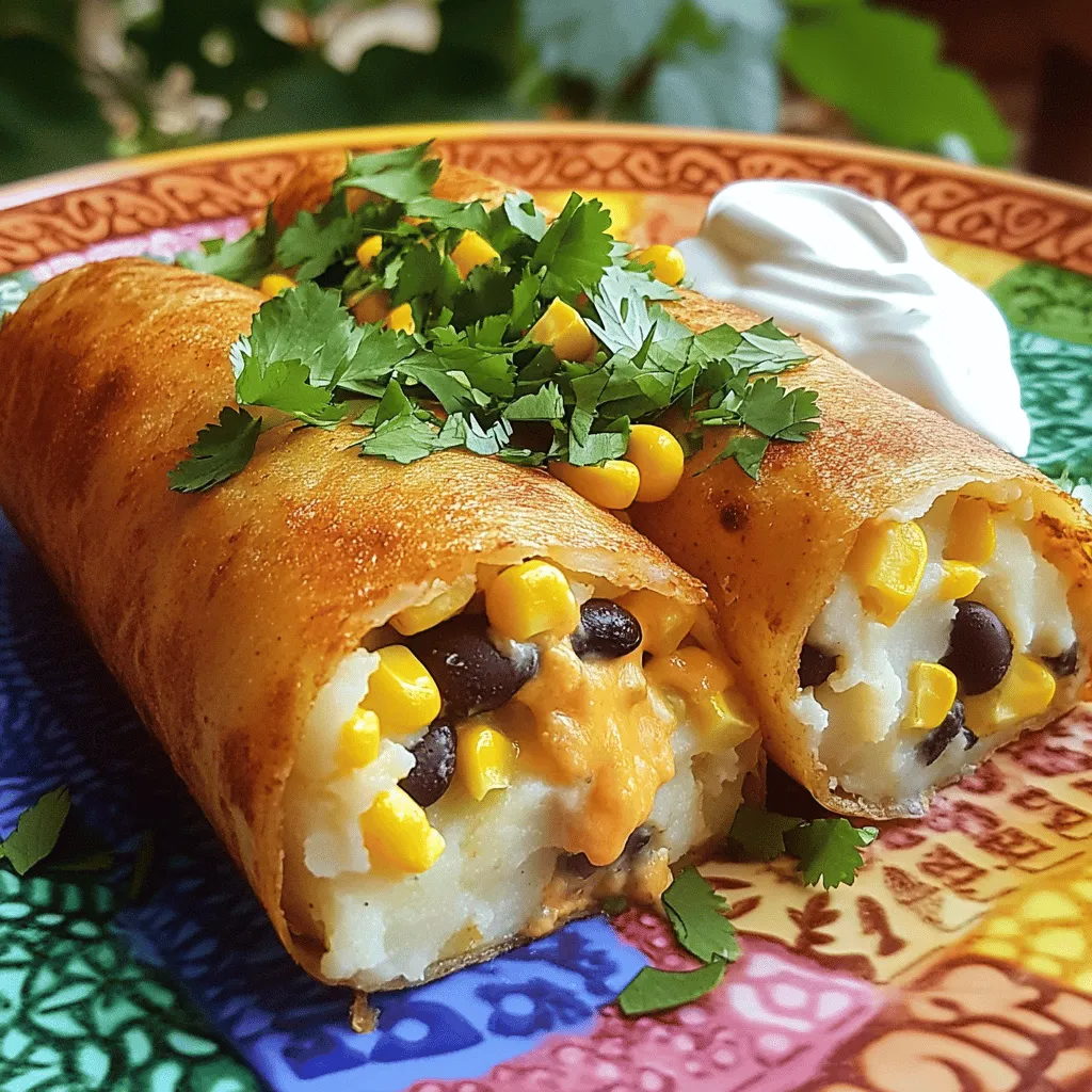 To make cheesy potato burritos, gather these tasty items: - 2 large russet potatoes, peeled and diced - 1 tablespoon olive oil - 1 teaspoon ground cumin - 1 teaspoon smoked paprika - Salt and freshly ground black pepper to taste - 1 cup shredded sharp cheddar cheese - 1/2 cup sour cream - 4 large flour tortillas - 1 cup canned black beans, rinsed and drained - 1/2 cup corn kernels (fresh, frozen, or canned) - Optional: diced jalapeños, chopped cilantro These ingredients come together to create a warm and cheesy filling. The potatoes add heartiness, while the spices bring depth. You can easily find these ingredients at your local grocery store. If you want to spice things up, add jalapeños for a kick. The sour cream adds a creamy touch that balances the flavors. For the full experience, check out the Full Recipe for detailed cooking steps. - Boil the potatoes until fork-tender. This means you can easily poke them with a fork. - Drain and return to the pot. Let the steam escape for a minute. - Add olive oil and spices. I like to use cumin and smoked paprika for great flavor. - Incorporate shredded cheese. Mix it until the cheese melts into the potatoes. - Warm tortillas in a skillet. Heat them for about 30 seconds on each side. This makes them soft and easy to roll. - Layer fillings on each tortilla. Start with the cheesy potato mix, then add black beans and corn. - Add spices if desired. I suggest a sprinkle of extra cumin for a kick. - Fold and roll for optimal sealing. Tuck in the sides first, then roll it up tight. - Cook until golden brown. Place the burritos seam-side down in the skillet and cook for 2-3 minutes per side. - Slice and arrange on a platter. This makes them easy to grab and share. - Top with sour cream and cilantro. These add a nice touch and extra flavor. For the full recipe, check out the details mentioned earlier. To get the best texture, leave some chunks in the potato mixture. This gives your burritos a nice bite. You can also try different spices for more flavor. Ground cumin and smoked paprika work great, but feel free to explore. A pinch of garlic powder or onion powder can add a new twist. For crispy burritos, heat your skillet well. A medium heat works best. If it’s too low, the burritos will be soggy. If it’s too high, they may burn. Cook each side for about 2-3 minutes. This gets them golden brown and crunchy. For a colorful plate, use vibrant dishes. Bright reds, greens, and yellows make your meal pop. Garnish with freshly chopped cilantro or extra cheese. You can also serve with salsa or guacamole for a fun touch. A dollop of sour cream beside each burrito adds a creamy contrast. {{image_4}} You can make cheesy potato burritos vegetarian by swapping out meat for more veggies. Try adding sautéed bell peppers, onions, or zucchini. These options add color and texture. Spinach or kale also works well. They will boost the flavor and nutrition. If you like heat, add jalapeños or hot sauce to your burritos. Diced jalapeños can go inside the filling. You can also drizzle hot sauce on top when you serve them. This adds a zesty kick that many will love. Using different types of cheese can change the taste of your burritos. Pepper jack cheese adds a spicy twist, while mozzarella gives a milder flavor. You can mix cheeses too for a rich, creamy filling. Experiment with your favorites to find the perfect blend. For more details, check out the Full Recipe. To keep your cheesy potato burritos fresh, follow these steps: - Cool Down: Let the burritos cool to room temperature. - Wrap: Wrap each burrito tightly in plastic wrap or foil. - Store: Place them in an airtight container. - Refrigerate: Store in the fridge for up to three days. This keeps them tasty and safe to eat. When you want to enjoy your leftovers, here’s how to reheat them: - Oven Method: Preheat your oven to 350°F (175°C). Place the burritos on a baking sheet. Heat for about 15-20 minutes. This keeps them crispy. - Skillet Method: Heat a skillet over medium heat. Add a little oil. Place the burritos seam-side down. Cook for 3-4 minutes on each side. This gives them a nice crunch. - Temperature Check: Make sure the inside reaches 165°F (74°C). This ensures they are hot and safe to eat. Using these tips, you can enjoy your cheesy potato burritos just as much the next day! For the full recipe, check out the detailed instructions above. To make the best cheesy potato burritos, start with fresh ingredients. Use two large russet potatoes, as they mash well. Dice them evenly for quick cooking. Season the mashed potatoes with one teaspoon of ground cumin and smoked paprika. This gives great flavor. Use sharp cheddar cheese for a rich taste. Mix it in while the potatoes are hot so it melts nicely. For tortillas, opt for large flour ones. They hold the filling better. Add black beans and corn for extra texture and flavor. You can also sprinkle diced jalapeños if you want some heat. Yes, you can freeze cheesy potato burritos. To freeze, wrap each burrito tightly in foil or plastic wrap. Place them in a freezer-safe bag. They can last up to three months in the freezer. When you are ready to eat, remove the wrap and heat them directly in the oven. Bake at 350°F for about 25-30 minutes. This keeps them warm and crispy. You can serve many sides with cheesy potato burritos. A simple green salad adds freshness. Guacamole is also a great choice. It pairs well with the creamy filling. For a crunch, try tortilla chips with salsa. You can even add a side of rice or beans. These sides make a complete meal and keep everyone happy. Cheesy potato burritos last about three to four days in the fridge. Store them in an airtight container to keep them fresh. Reheat them in a skillet or microwave when you are ready to eat. This way, they taste just as good as when you made them. Cheesy potato burritos are easy to make and full of flavor. We covered key ingredients, step-by-step cooking, and how to get the perfect texture. You can customize them with spices or ingredients you love. Whether you want a quick meal or something special, these burritos work great. Don’t forget to try different cheeses and enjoy every bite. With these tips, your cheesy potato burritos will surely impress!